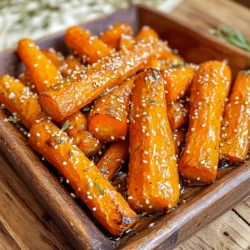 - 1 pound of fresh carrots, peeled and cut into sticks - 3 tablespoons honey - 2 tablespoons extra virgin olive oil - 4 cloves of garlic, finely minced - 1 teaspoon fresh rosemary, finely chopped - 1 teaspoon salt - 1/2 teaspoon freshly ground black pepper - Sesame seeds for garnish (optional) The key to this dish is using fresh carrots. Their natural sweetness shines when roasted. You will start with one pound of carrots. Make sure they are peeled and cut into sticks. This helps them cook evenly. Next, you will need honey. Three tablespoons will add a delightful glaze. Honey brings a warm sweetness to balance the garlic's bold flavor. Extra virgin olive oil is next. Two tablespoons enhance the roasting process. It helps the carrots caramelize and adds healthy fat. Don’t forget the garlic! Four cloves, finely minced, will give a savory punch. Fresh rosemary, one teaspoon, adds a nice herbal note. You also need salt and black pepper. One teaspoon of salt and half a teaspoon of pepper will season the carrots well. Lastly, sesame seeds are optional. They add a nice crunch and a touch of elegance to the dish. Each serving of honey garlic roasted carrots is packed with nutrients. Carrots provide vitamins A, C, and K. They are low in calories, making them a healthy side. - Calories: About 120 - Fats: 5 grams - Carbohydrates: 20 grams - Protein: 2 grams Carrots are rich in antioxidants. They help protect your body from free radicals. Garlic also offers health perks. It can boost your immune system and lower blood pressure. Healthy fats from extra virgin olive oil are crucial. They support heart health and help absorb vitamins. Enjoying this dish contributes to a balanced diet. For the complete recipe, check out the Full Recipe. - Preheat your oven to 425°F (220°C). This helps cook the carrots evenly. - In a bowl, mix together honey, olive oil, minced garlic, rosemary, salt, and pepper. Whisk until smooth. - Add the carrot sticks to the bowl. Toss them well to coat each stick in the honey-garlic mixture. - Line a baking sheet with parchment paper. Spread the carrots in a single layer. This ensures they roast well without steaming. - Place the baking sheet in the oven. Roast the carrots for 25-30 minutes. Shake the pan halfway to cook them evenly. The carrots should be tender and caramelized. - Once done, take the pan out and let the carrots cool slightly. This helps enhance their flavors. - Transfer the carrots to a serving dish. If you like, sprinkle sesame seeds on top for added crunch and flavor. For the full recipe, check out the details above. Enjoy your cooking! To make the best honey garlic roasted carrots, start with fresh carrots. Look for firm, bright carrots. Thin carrots are sweeter, while thicker ones have a hearty bite. Choosing the right size helps cook evenly. For caramelization, cut the carrots into uniform sticks. This allows them to roast at the same rate. Give them space on the baking sheet. If they touch, they will steam instead of roast. The honey and olive oil help create a nice glaze. One common mistake is overcrowding the baking sheet. When carrots are too close, they don’t brown well. Make sure they are in a single layer. This gives them room to breathe and caramelize. Another mistake is under-seasoning. Don’t skip the salt and pepper. They enhance the natural sweetness of the carrots. Taste the honey-garlic mix before tossing the carrots in. Adjust seasoning if needed. Honey garlic roasted carrots pair well with many main dishes. They complement roasted chicken, grilled steak, or baked fish. Their sweetness balances savory flavors. For presentation, serve them on a colorful platter. You can add a sprig of fresh rosemary for a pop of color. Sprinkle sesame seeds on top for added crunch and flair. This makes the dish look as good as it tastes. You can find the Full Recipe to explore more ideas! {{image_4}} You can switch things up with flavors. Try maple syrup instead of honey. It adds a rich, sweet taste. You can also add spices like cayenne or paprika. A pinch of cayenne gives a nice kick. Paprika adds warmth and depth to the dish. For a change, use an Instant Pot or air fryer. They cook carrots fast while keeping them tender. You can also grill the carrots during summer. Grilling gives them a smoky flavor. Just brush them with the honey-garlic mix and grill until tender. If you want a vegan dish, swap honey with maple syrup. This keeps the sweetness while making it plant-based. For gluten-free options, this recipe is already safe. All ingredients are gluten-free, so you can enjoy them without worry. To store leftover honey garlic roasted carrots, let them cool first. Place them in an airtight container. This keeps them fresh and tasty. You can keep them in the fridge for up to four days. After that, they may lose their flavor and texture. If you want to keep roasted carrots longer, freezing is a great option. Start by letting them cool completely. Then, place them in a freezer-safe bag or container. Remove as much air as possible before sealing. Frozen carrots can last for up to three months. When you want to eat them, thaw them overnight in the fridge. Reheat in a pan over low heat, adding a little olive oil to bring back their shine. Roasted carrots can fit well into your meal plan. They make a great side dish for lunch or dinner. You can also add them to salads or grain bowls for extra flavor. If you have leftovers, try mixing them in a stir-fry or using them in a soup. Their sweet and savory taste adds a nice touch to many meals. For more ideas, check the Full Recipe for inspiration. To make honey garlic roasted carrots, follow these steps: 1. Preheat your oven to 425°F (220°C). 2. In a bowl, mix 3 tablespoons of honey, 2 tablespoons of olive oil, 4 minced garlic cloves, 1 teaspoon of chopped rosemary, 1 teaspoon of salt, and 1/2 teaspoon of black pepper. 3. Add 1 pound of peeled and cut carrots to the bowl. Toss them well to coat. 4. Line a baking sheet with parchment paper and spread the carrots in a single layer. 5. Roast for 25-30 minutes, shaking the pan halfway through for even cooking. 6. Once done, let them cool a bit, then serve. You can sprinkle sesame seeds on top if you like. For full details, check the Full Recipe. Yes, you can use other vegetables! Try parsnips, sweet potatoes, or even Brussels sprouts. Each will bring a unique flavor and texture. Just cut them into similar sizes for even roasting. Be sure to adjust cooking times if needed. Honey garlic roasted carrots pair nicely with many dishes. Consider serving them with grilled chicken or fish. They also go well with roasted meats or as a side to a hearty grain bowl. For a complete meal, add a fresh salad or some crusty bread. Yes, this recipe is great for meal prep. You can store roasted carrots in the fridge for up to five days. Keep them in an airtight container. To reheat, simply warm them in the oven or microwave. They taste just as good! This blog post explored how to make delicious honey garlic roasted carrots. We covered ingredients, step-by-step instructions, and tips to perfect the recipe. You learned about the health benefits of carrots and garlic and how to store leftovers. Lastly, we shared variations to suit your taste. Try this dish as a side or snack. It’s easy, tasty, and good for you! Enjoy the cooking process and share your delicious results. Happy roasting!