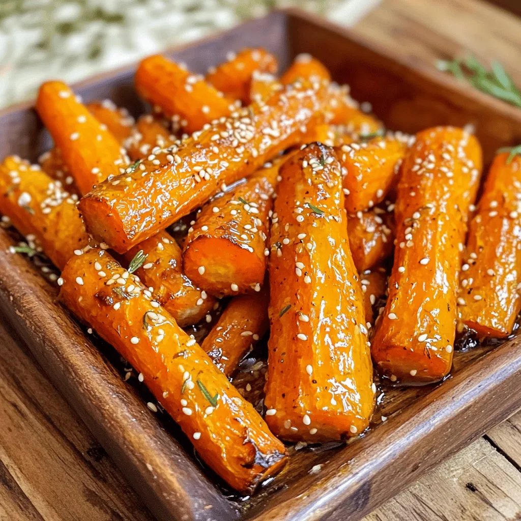 - 1 pound of fresh carrots, peeled and cut into sticks - 3 tablespoons honey - 2 tablespoons extra virgin olive oil - 4 cloves of garlic, finely minced - 1 teaspoon fresh rosemary, finely chopped - 1 teaspoon salt - 1/2 teaspoon freshly ground black pepper - Sesame seeds for garnish (optional) The key to this dish is using fresh carrots. Their natural sweetness shines when roasted. You will start with one pound of carrots. Make sure they are peeled and cut into sticks. This helps them cook evenly. Next, you will need honey. Three tablespoons will add a delightful glaze. Honey brings a warm sweetness to balance the garlic's bold flavor. Extra virgin olive oil is next. Two tablespoons enhance the roasting process. It helps the carrots caramelize and adds healthy fat. Don’t forget the garlic! Four cloves, finely minced, will give a savory punch. Fresh rosemary, one teaspoon, adds a nice herbal note. You also need salt and black pepper. One teaspoon of salt and half a teaspoon of pepper will season the carrots well. Lastly, sesame seeds are optional. They add a nice crunch and a touch of elegance to the dish. Each serving of honey garlic roasted carrots is packed with nutrients. Carrots provide vitamins A, C, and K. They are low in calories, making them a healthy side. - Calories: About 120 - Fats: 5 grams - Carbohydrates: 20 grams - Protein: 2 grams Carrots are rich in antioxidants. They help protect your body from free radicals. Garlic also offers health perks. It can boost your immune system and lower blood pressure. Healthy fats from extra virgin olive oil are crucial. They support heart health and help absorb vitamins. Enjoying this dish contributes to a balanced diet. For the complete recipe, check out the Full Recipe. - Preheat your oven to 425°F (220°C). This helps cook the carrots evenly. - In a bowl, mix together honey, olive oil, minced garlic, rosemary, salt, and pepper. Whisk until smooth. - Add the carrot sticks to the bowl. Toss them well to coat each stick in the honey-garlic mixture. - Line a baking sheet with parchment paper. Spread the carrots in a single layer. This ensures they roast well without steaming. - Place the baking sheet in the oven. Roast the carrots for 25-30 minutes. Shake the pan halfway to cook them evenly. The carrots should be tender and caramelized. - Once done, take the pan out and let the carrots cool slightly. This helps enhance their flavors. - Transfer the carrots to a serving dish. If you like, sprinkle sesame seeds on top for added crunch and flavor. For the full recipe, check out the details above. Enjoy your cooking! To make the best honey garlic roasted carrots, start with fresh carrots. Look for firm, bright carrots. Thin carrots are sweeter, while thicker ones have a hearty bite. Choosing the right size helps cook evenly. For caramelization, cut the carrots into uniform sticks. This allows them to roast at the same rate. Give them space on the baking sheet. If they touch, they will steam instead of roast. The honey and olive oil help create a nice glaze. One common mistake is overcrowding the baking sheet. When carrots are too close, they don’t brown well. Make sure they are in a single layer. This gives them room to breathe and caramelize. Another mistake is under-seasoning. Don’t skip the salt and pepper. They enhance the natural sweetness of the carrots. Taste the honey-garlic mix before tossing the carrots in. Adjust seasoning if needed. Honey garlic roasted carrots pair well with many main dishes. They complement roasted chicken, grilled steak, or baked fish. Their sweetness balances savory flavors. For presentation, serve them on a colorful platter. You can add a sprig of fresh rosemary for a pop of color. Sprinkle sesame seeds on top for added crunch and flair. This makes the dish look as good as it tastes. You can find the Full Recipe to explore more ideas! {{image_4}} You can switch things up with flavors. Try maple syrup instead of honey. It adds a rich, sweet taste. You can also add spices like cayenne or paprika. A pinch of cayenne gives a nice kick. Paprika adds warmth and depth to the dish. For a change, use an Instant Pot or air fryer. They cook carrots fast while keeping them tender. You can also grill the carrots during summer. Grilling gives them a smoky flavor. Just brush them with the honey-garlic mix and grill until tender. If you want a vegan dish, swap honey with maple syrup. This keeps the sweetness while making it plant-based. For gluten-free options, this recipe is already safe. All ingredients are gluten-free, so you can enjoy them without worry. To store leftover honey garlic roasted carrots, let them cool first. Place them in an airtight container. This keeps them fresh and tasty. You can keep them in the fridge for up to four days. After that, they may lose their flavor and texture. If you want to keep roasted carrots longer, freezing is a great option. Start by letting them cool completely. Then, place them in a freezer-safe bag or container. Remove as much air as possible before sealing. Frozen carrots can last for up to three months. When you want to eat them, thaw them overnight in the fridge. Reheat in a pan over low heat, adding a little olive oil to bring back their shine. Roasted carrots can fit well into your meal plan. They make a great side dish for lunch or dinner. You can also add them to salads or grain bowls for extra flavor. If you have leftovers, try mixing them in a stir-fry or using them in a soup. Their sweet and savory taste adds a nice touch to many meals. For more ideas, check the Full Recipe for inspiration. To make honey garlic roasted carrots, follow these steps: 1. Preheat your oven to 425°F (220°C). 2. In a bowl, mix 3 tablespoons of honey, 2 tablespoons of olive oil, 4 minced garlic cloves, 1 teaspoon of chopped rosemary, 1 teaspoon of salt, and 1/2 teaspoon of black pepper. 3. Add 1 pound of peeled and cut carrots to the bowl. Toss them well to coat. 4. Line a baking sheet with parchment paper and spread the carrots in a single layer. 5. Roast for 25-30 minutes, shaking the pan halfway through for even cooking. 6. Once done, let them cool a bit, then serve. You can sprinkle sesame seeds on top if you like. For full details, check the Full Recipe. Yes, you can use other vegetables! Try parsnips, sweet potatoes, or even Brussels sprouts. Each will bring a unique flavor and texture. Just cut them into similar sizes for even roasting. Be sure to adjust cooking times if needed. Honey garlic roasted carrots pair nicely with many dishes. Consider serving them with grilled chicken or fish. They also go well with roasted meats or as a side to a hearty grain bowl. For a complete meal, add a fresh salad or some crusty bread. Yes, this recipe is great for meal prep. You can store roasted carrots in the fridge for up to five days. Keep them in an airtight container. To reheat, simply warm them in the oven or microwave. They taste just as good! This blog post explored how to make delicious honey garlic roasted carrots. We covered ingredients, step-by-step instructions, and tips to perfect the recipe. You learned about the health benefits of carrots and garlic and how to store leftovers. Lastly, we shared variations to suit your taste. Try this dish as a side or snack. It’s easy, tasty, and good for you! Enjoy the cooking process and share your delicious results. Happy roasting!