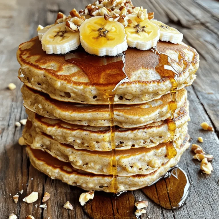To make banana oatmeal pancakes, you need a few key items: - 1 cup rolled oats - 1 ripe banana, thoroughly mashed - 1 cup milk (choose either dairy or your favorite non-dairy alternative) - 2 tablespoons honey or pure maple syrup - 1 teaspoon baking powder - 1/2 teaspoon pure vanilla extract - 1/4 teaspoon ground cinnamon - A pinch of salt - 1 tablespoon coconut oil (for cooking) These ingredients create a moist and fluffy pancake. The oats add fiber, and the banana sweetens naturally. To make your pancakes even more delicious, consider these tasty toppings: - Sliced bananas - Additional maple syrup - Chopped nuts - Fresh berries These toppings not only add flavor but also make your pancakes look beautiful. You can mix and match according to your taste. Banana oatmeal pancakes are a healthy choice. They provide: - Good fiber from oats - Natural sweetness from bananas - Healthy fats from coconut oil Each serving has a balanced mix of carbs and protein. This combination gives you energy to start your day right. Enjoy these pancakes for breakfast or a snack! For the full recipe, you can refer to the earlier section. To start, you need rolled oats. Place one cup of oats in a blender or food processor. Blend them until they turn into fine oat flour. This oat flour is key for fluffy pancakes. It gives them a nice texture and taste. Next, take a large bowl. Add one ripe, mashed banana. Pour in one cup of milk, which can be dairy or non-dairy. Then, add two tablespoons of honey or maple syrup. Include one teaspoon of vanilla extract and half a teaspoon of ground cinnamon. Don't forget a pinch of salt! Use a whisk to mix until everything is smooth. Now, sprinkle the oat flour and one teaspoon of baking powder into the wet mix. Stir gently until they just combine. Avoid overmixing; this helps keep your pancakes light. Let the batter rest for five minutes. This step is important for the texture. Heat a non-stick skillet over medium heat. Add one tablespoon of coconut oil to coat the surface. For each pancake, pour a ladle of batter onto the skillet. Cook for about 2-3 minutes until bubbles form. Flip and cook for another 1-2 minutes until golden brown. For serving, stack the pancakes high on a plate. Top them with sliced bananas, a drizzle of warm maple syrup, and your choice of nuts or berries. This makes the dish colorful and tasty. Enjoy your healthy treat! For the full recipe, check out the earlier section. To make your banana oatmeal pancakes fluffy, use rolled oats. Blend them into a fine flour for best results. Mix wet ingredients until smooth. Let the batter rest for five minutes. This step helps the pancakes rise nicely. Avoid overmixing the batter. Stir until just combined, or pancakes may turn tough. Ensure your skillet is hot enough before adding the batter. If it's too cool, pancakes won’t cook evenly. Use coconut oil in your skillet for flavor and non-stick benefits. Cook pancakes until bubbles appear. This shows they are ready to flip. For storing leftovers, let them cool completely. Place them in an airtight container in the fridge. Reheat in the toaster for a quick breakfast. Check the [Full Recipe] for more cooking tips! {{image_4}} You can make these pancakes even better by adding fruits and nuts. Try mixing in blueberries or diced apples for sweetness. Chopped nuts, like walnuts or almonds, add a nice crunch and healthy fats. You can also top your pancakes with sliced strawberries or raspberries. Each fruit offers a burst of flavor and color, making breakfast fun. If you need a gluten-free option, use certified gluten-free oats. This keeps the pancakes light and fluffy. For dairy-free choices, almond milk or oat milk works great. You can also swap honey for agave syrup if you want a vegan option. These simple changes make this recipe fit many diets without losing taste. To change the flavor, add spices like nutmeg or ginger. They bring warmth and depth to your pancakes. You can also try adding a splash of orange juice or zest for a citrus twist. For a chocolaty treat, mix in some cocoa powder. These flavor options keep your breakfasts exciting and new. For the Full Recipe, check the top of this article. Storing leftover pancakes is easy. First, let them cool to room temperature. Then, stack them with parchment paper between each pancake. This helps to prevent sticking. Place the stack in an airtight container or a resealable plastic bag. Make sure to squeeze out excess air before sealing. Store them in the fridge for up to three days. Reheating pancakes can bring back their fluffy texture. You can use a microwave or a skillet. For the microwave, place one or two pancakes on a plate. Heat them for about 20-30 seconds. Check if they are warm throughout. If not, heat for another 10 seconds. For the skillet, warm it over low heat. Add a small amount of coconut oil to the pan. Cook the pancakes for about 1 minute on each side. This method gives them a nice crispness. Freezing pancakes is a smart option for quick meals. After cooling, stack pancakes with parchment paper between them. Wrap the stack tightly in plastic wrap or aluminum foil. Then, place the wrapped pancakes in a freezer-safe bag. Label it with the date. You can freeze pancakes for up to two months. When you want to eat them, thaw them overnight in the fridge before reheating. This keeps them tasting fresh and delicious. For a complete guide, check the Full Recipe. Yes, you can use other fruits. Applesauce works well as a banana swap. You can also try mashed berries or pureed peaches. Each fruit gives a unique taste and texture. Just remember to adjust the liquid if needed. If you need a substitute for honey or maple syrup, you have options. Agave nectar is a great choice. You can also use brown sugar mixed with a little water. For a sugar-free option, try mashed dates or a sugar-free syrup. You can tell pancakes are done by looking for bubbles. When bubbles form on the surface, it’s time to flip. After flipping, cook for another 1-2 minutes. The pancakes should be golden brown on both sides. If you’re unsure, you can always cut one open to check! You learned how to make delicious banana oatmeal pancakes. We covered the main ingredients, step-by-step instructions, and helpful tips. You can also explore fun variations and storage methods to keep them fresh. Perfect your pancake game by avoiding common mistakes, and enjoy serving them with tasty toppings. These pancakes are not just good, they can be adapted and saved for later. Dive into this recipe and savor each bite!
