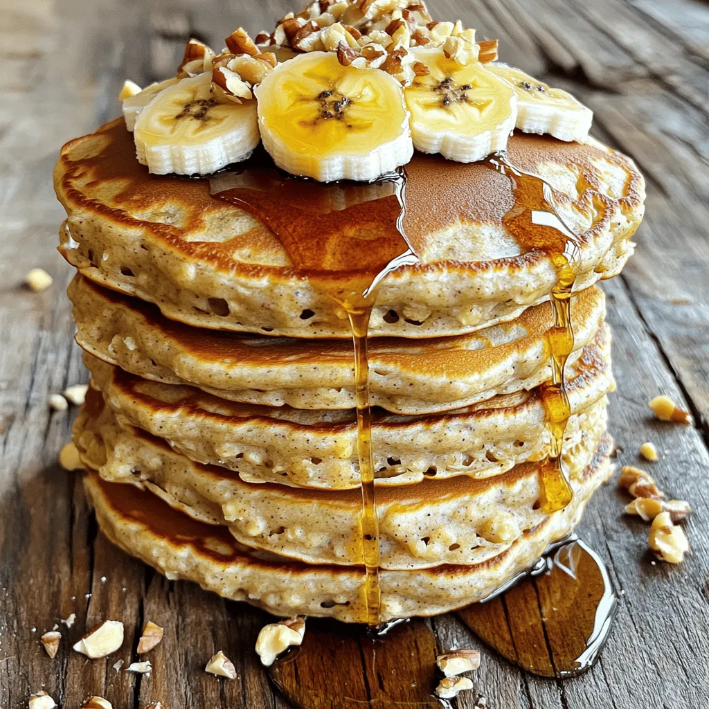 To make banana oatmeal pancakes, you need a few key items: - 1 cup rolled oats - 1 ripe banana, thoroughly mashed - 1 cup milk (choose either dairy or your favorite non-dairy alternative) - 2 tablespoons honey or pure maple syrup - 1 teaspoon baking powder - 1/2 teaspoon pure vanilla extract - 1/4 teaspoon ground cinnamon - A pinch of salt - 1 tablespoon coconut oil (for cooking) These ingredients create a moist and fluffy pancake. The oats add fiber, and the banana sweetens naturally. To make your pancakes even more delicious, consider these tasty toppings: - Sliced bananas - Additional maple syrup - Chopped nuts - Fresh berries These toppings not only add flavor but also make your pancakes look beautiful. You can mix and match according to your taste. Banana oatmeal pancakes are a healthy choice. They provide: - Good fiber from oats - Natural sweetness from bananas - Healthy fats from coconut oil Each serving has a balanced mix of carbs and protein. This combination gives you energy to start your day right. Enjoy these pancakes for breakfast or a snack! For the full recipe, you can refer to the earlier section. To start, you need rolled oats. Place one cup of oats in a blender or food processor. Blend them until they turn into fine oat flour. This oat flour is key for fluffy pancakes. It gives them a nice texture and taste. Next, take a large bowl. Add one ripe, mashed banana. Pour in one cup of milk, which can be dairy or non-dairy. Then, add two tablespoons of honey or maple syrup. Include one teaspoon of vanilla extract and half a teaspoon of ground cinnamon. Don't forget a pinch of salt! Use a whisk to mix until everything is smooth. Now, sprinkle the oat flour and one teaspoon of baking powder into the wet mix. Stir gently until they just combine. Avoid overmixing; this helps keep your pancakes light. Let the batter rest for five minutes. This step is important for the texture. Heat a non-stick skillet over medium heat. Add one tablespoon of coconut oil to coat the surface. For each pancake, pour a ladle of batter onto the skillet. Cook for about 2-3 minutes until bubbles form. Flip and cook for another 1-2 minutes until golden brown. For serving, stack the pancakes high on a plate. Top them with sliced bananas, a drizzle of warm maple syrup, and your choice of nuts or berries. This makes the dish colorful and tasty. Enjoy your healthy treat! For the full recipe, check out the earlier section. To make your banana oatmeal pancakes fluffy, use rolled oats. Blend them into a fine flour for best results. Mix wet ingredients until smooth. Let the batter rest for five minutes. This step helps the pancakes rise nicely. Avoid overmixing the batter. Stir until just combined, or pancakes may turn tough. Ensure your skillet is hot enough before adding the batter. If it's too cool, pancakes won’t cook evenly. Use coconut oil in your skillet for flavor and non-stick benefits. Cook pancakes until bubbles appear. This shows they are ready to flip. For storing leftovers, let them cool completely. Place them in an airtight container in the fridge. Reheat in the toaster for a quick breakfast. Check the [Full Recipe] for more cooking tips! {{image_4}} You can make these pancakes even better by adding fruits and nuts. Try mixing in blueberries or diced apples for sweetness. Chopped nuts, like walnuts or almonds, add a nice crunch and healthy fats. You can also top your pancakes with sliced strawberries or raspberries. Each fruit offers a burst of flavor and color, making breakfast fun. If you need a gluten-free option, use certified gluten-free oats. This keeps the pancakes light and fluffy. For dairy-free choices, almond milk or oat milk works great. You can also swap honey for agave syrup if you want a vegan option. These simple changes make this recipe fit many diets without losing taste. To change the flavor, add spices like nutmeg or ginger. They bring warmth and depth to your pancakes. You can also try adding a splash of orange juice or zest for a citrus twist. For a chocolaty treat, mix in some cocoa powder. These flavor options keep your breakfasts exciting and new. For the Full Recipe, check the top of this article. Storing leftover pancakes is easy. First, let them cool to room temperature. Then, stack them with parchment paper between each pancake. This helps to prevent sticking. Place the stack in an airtight container or a resealable plastic bag. Make sure to squeeze out excess air before sealing. Store them in the fridge for up to three days. Reheating pancakes can bring back their fluffy texture. You can use a microwave or a skillet. For the microwave, place one or two pancakes on a plate. Heat them for about 20-30 seconds. Check if they are warm throughout. If not, heat for another 10 seconds. For the skillet, warm it over low heat. Add a small amount of coconut oil to the pan. Cook the pancakes for about 1 minute on each side. This method gives them a nice crispness. Freezing pancakes is a smart option for quick meals. After cooling, stack pancakes with parchment paper between them. Wrap the stack tightly in plastic wrap or aluminum foil. Then, place the wrapped pancakes in a freezer-safe bag. Label it with the date. You can freeze pancakes for up to two months. When you want to eat them, thaw them overnight in the fridge before reheating. This keeps them tasting fresh and delicious. For a complete guide, check the Full Recipe. Yes, you can use other fruits. Applesauce works well as a banana swap. You can also try mashed berries or pureed peaches. Each fruit gives a unique taste and texture. Just remember to adjust the liquid if needed. If you need a substitute for honey or maple syrup, you have options. Agave nectar is a great choice. You can also use brown sugar mixed with a little water. For a sugar-free option, try mashed dates or a sugar-free syrup. You can tell pancakes are done by looking for bubbles. When bubbles form on the surface, it’s time to flip. After flipping, cook for another 1-2 minutes. The pancakes should be golden brown on both sides. If you’re unsure, you can always cut one open to check! You learned how to make delicious banana oatmeal pancakes. We covered the main ingredients, step-by-step instructions, and helpful tips. You can also explore fun variations and storage methods to keep them fresh. Perfect your pancake game by avoiding common mistakes, and enjoy serving them with tasty toppings. These pancakes are not just good, they can be adapted and saved for later. Dive into this recipe and savor each bite!
