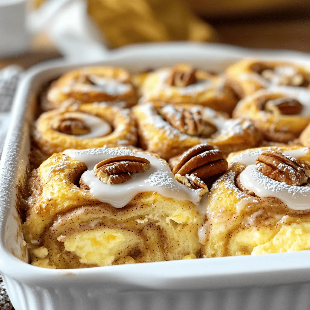 - 2 cans (12.4 oz each) refrigerated cinnamon rolls - 4 large eggs - 1 cup milk - 1/2 cup cream cheese, softened - 1/4 cup pure maple syrup - 1 tablespoon pure vanilla extract - 1 teaspoon ground cinnamon - 1/2 cup chopped pecans or walnuts (optional) - Icing from the cinnamon rolls package - Fresh berries for garnish - Powdered sugar for dusting Cinnamon Roll Casserole is a simple yet delightful dish. You can whip it up with just a few ingredients. The base is made from refrigerated cinnamon rolls. Using these saves time and adds great flavor. I love the rich mix of eggs and cream cheese. They make the casserole creamy and smooth. Maple syrup adds a lovely sweetness. Ground cinnamon gives it that classic cinnamon roll taste. If you want a nutty crunch, add chopped pecans or walnuts. They add texture and flavor that you will enjoy. You can also sprinkle fresh berries or powdered sugar on top. They give a nice finish and make it look pretty. Make sure to check the ingredients list for the full recipe. This dish is great for brunch or a special breakfast. It is sure to impress your family and friends! - Preheat your oven to 350°F (175°C). - Lightly grease a 9x13-inch baking dish. - Open and cut each cinnamon roll into quarters. - Arrange the pieces in the baking dish. - Whisk eggs, milk, cream cheese, maple syrup, vanilla extract, and cinnamon together. - Pour over cinnamon roll pieces and ensure even coating. - Optionally, add chopped nuts. - Bake for 25-30 minutes until puffed and set. - Prepare icing as per package instructions. - Drizzle over the casserole after cooling for 5 minutes. This is how you create a delightful breakfast treat with cinnamon roll casserole. For the full recipe, check out the earlier sections. To make the best cinnamon roll casserole, focus on even cooking. Cut each cinnamon roll into quarters to help them cook through. Spread them evenly in your baking dish. This helps every piece soak up the egg mixture. For avoiding sogginess, ensure you pour the egg mixture evenly. If it looks too wet, you may need to bake a bit longer. To check doneness, stick a toothpick in the center. If it comes out clean, your casserole is ready. Keep an eye on the edges. They should be golden brown. This means the casserole is cooked well. Pair your casserole with a hot cup of coffee or tea. This adds warmth to your meal. For a beautiful presentation, dust powdered sugar on top. Fresh berries like strawberries or blueberries add color and taste. Serve the casserole warm in individual portions for that special touch. For a dairy-free version, you can replace eggs with flaxseed meal. Mix one tablespoon of flaxseed with three tablespoons of water. Let it sit for a few minutes until it thickens. For cream cheese, try using coconut cream or dairy-free cream cheese. If you need a gluten-free option, look for gluten-free cinnamon rolls. Check labels to ensure all your ingredients meet gluten-free standards. This way, everyone can enjoy this treat! For the full recipe, check out the details above. {{image_4}} You can change your cinnamon roll casserole with seasonal flavors. In fall, add pumpkin spice. This spice gives a warm, cozy taste. For winter, try apple pie spice or caramel. These flavors bring a sweet twist to your dish. If you want a nut-free casserole, just leave out the nuts. You can still add great flavors. Try adding fruits like bananas or blueberries. These fruits will add sweetness and color to your dish. Both options make the casserole just as tasty. You can also make this casserole savory. Swap out the maple syrup for cheese and herbs. Use eggs, milk, and cheese to create a rich texture. This version works well for brunch or breakfast. It’s a fun twist on the classic dish. To keep your cinnamon roll casserole fresh, let it cool first. Then, place it in an airtight container. Store it in the fridge for up to five days. If you want to freeze leftovers, cut the casserole into portions. Wrap each portion tightly in plastic wrap and then in aluminum foil. This helps prevent freezer burn. You can freeze it for up to three months. To reheat, the oven is best for keeping the texture nice. Preheat your oven to 350°F (175°C). Place the casserole in an oven-safe dish, cover it with foil, and heat for about 15-20 minutes. This method warms it evenly. The microwave is quicker but can make it soggy. If you use the microwave, heat in short bursts. Check every 30 seconds until it's warm enough. Choose the method that fits your time and taste! You can prepare your casserole in advance. Start by following the recipe up to the baking step. After mixing the egg mixture with the cinnamon roll pieces, cover the dish with plastic wrap. Store it in the fridge for up to 24 hours. When ready to bake, simply remove the wrap and bake as directed. This way, you save time in the morning! Yes! You can use many flavors of cinnamon rolls. Try caramel or vanilla rolls for a twist. You can even use chocolate rolls for a sweet treat. Mixing flavors keeps breakfast fun and exciting. Serve the casserole warm for the best taste. Slice it into squares and place on plates. Drizzle icing over each piece. For added fun, sprinkle powdered sugar or fresh berries on top. Pair it with coffee or tea for a perfect morning. To serve more people, simply double the recipe. Use a larger baking dish to fit all the rolls and egg mixture. Adjust baking time as needed. Check the casserole's doneness with a toothpick to ensure it cooks through. Yes, you can reduce sugar in this recipe. Use unsweetened almond milk instead of regular milk. Replace the syrup with a sugar-free version. You can also cut back on the icing or use less. Enjoy your treat with less sugar while still tasting great! This blog shared a simple and tasty cinnamon roll casserole recipe. You learned how to gather ingredients, prepare the dish, and bake it to perfection. We covered tips for serving and storing, plus variations for any occasion. In conclusion, you can customize this dish easily based on your tastes. Enjoy trying different flavors or serving ideas. It's a fun dish that's sure to please everyone!