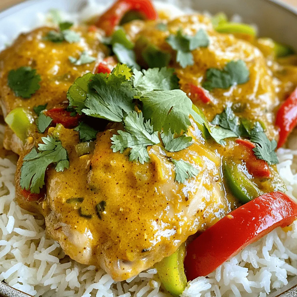 This recipe for spicy Brazilian coconut chicken is a delight for your taste buds. It combines tender chicken with creamy coconut milk and vibrant spices. You can make this dish in under an hour. The full recipe includes all the steps to bring this dish to life. - Chicken - 4 boneless chicken thighs - Coconut Milk - 1 can (13.5 oz) coconut milk - Aromatics and Vegetables - 1 medium onion, finely chopped - 3 garlic cloves, minced - 1 red bell pepper, diced - 1 green bell pepper, diced - 2 tablespoons red curry paste - 1 tablespoon olive oil - 1 tablespoon fresh ginger, grated - 1 teaspoon paprika - 1 teaspoon cayenne pepper (adjust according to your spice preference) - Salt and pepper, to taste - Fresh cilantro leaves, for garnish - 2 cups cooked jasmine rice, for serving These ingredients work together to create a rich and flavorful meal. The chicken provides protein, while coconut milk adds creaminess. The garlic, onion, and peppers give the dish a fresh taste. Each element plays an important role in the final flavor. - Marinating the Chicken: Start by seasoning the chicken thighs with salt, pepper, paprika, and cayenne pepper. Mix well in a large bowl. Let the chicken marinate for about 15 minutes. This step boosts the flavor of the meat. - Sautéing Aromatics: In a large skillet, heat the olive oil over medium heat. Add the finely chopped onion and sauté for about 5 minutes. The onion should become soft and clear. Next, add the minced garlic and grated ginger. Stir and cook for another minute until fragrant. - Incorporating Ingredients: Add the diced red and green bell peppers to the skillet. Stir them into the onion mix. Sauté for 3-4 minutes until they soften a bit. Then, move the veggies to the side of the skillet. Place the marinated chicken thighs in the pan. Cook for 6-7 minutes on each side. The chicken should turn golden brown. - Simmering the Sauce: Once the chicken is browned, stir in the red curry paste. Pour the coconut milk over the chicken. Mix everything well until the curry paste dissolves. Bring it to a gentle simmer. Cover the skillet and let it cook for 15-20 minutes. The chicken needs to reach an internal temperature of 165°F (75°C) to be safe. - Adjusting Flavor: After cooking, taste the sauce. If you need more flavor, add salt, pepper, or cayenne pepper for heat. - Serving Suggestions: Once cooked, let the dish rest for a couple of minutes. Serve the spicy Brazilian coconut chicken over jasmine rice. Garnish with fresh cilantro leaves. For extra flair, drizzle a bit of coconut milk around the edges of the plate. Enjoy your meal! Perfecting the Chicken Texture To get tender, juicy chicken, marinate it well. Use salt, pepper, and spices evenly. Let the chicken sit for at least 15 minutes. This allows the flavors to soak in. When cooking, avoid overcrowding the pan. Cook in batches if needed. This helps the chicken brown nicely. Balancing Spice Levels Adjust the heat to suit your taste. You can change the cayenne pepper amount. Start with less if you're unsure. Taste the sauce as it simmers. If it’s too spicy, add more coconut milk. This will tone down the heat and add creaminess. Presentation Techniques For a beautiful plate, use shallow bowls. Spoon the chicken and sauce over jasmine rice. Drizzle a little extra coconut milk around the edges. Add fresh cilantro on top for color. A lime wedge on the side gives a zesty touch. Pairing Suggestions This dish pairs well with a light salad. A simple green salad adds crunch and freshness. You can also serve it with crusty bread. It’s perfect for soaking up the creamy sauce. Consider a chilled white wine for a nice complement. {{image_4}} Protein Alternatives You can switch the chicken with other proteins. Try shrimp or fish for a lighter dish. You can also use beef or pork if you prefer a heartier option. Just adjust the cooking time based on the protein you choose. For shrimp, cook until they turn pink. For fish, cook until it flakes easily. Vegetarian Options To make this dish vegetarian, replace the chicken with tofu or tempeh. Use firm tofu, cut into cubes. Sauté it until golden before adding it to the sauce. You can also add chickpeas for protein and texture. This keeps the meal hearty and satisfying. Adjusting Spiciness If you love heat, add more cayenne pepper. Start with a teaspoon more, and taste as you go. If you prefer milder flavors, reduce the cayenne or skip it. You can also use sweet paprika instead of cayenne for a rich taste without the heat. Adding Vegetables Feel free to add more veggies! Carrots, zucchini, or snap peas work well. Just chop them into bite-sized pieces. Sauté them with the bell peppers for a colorful and healthy dish. This boosts nutrition and adds crunch. After enjoying your spicy Brazilian coconut chicken, you may have some leftovers. Here’s how to keep them fresh: - Best Practices for Refrigeration: Let the chicken cool to room temperature. Place it in an airtight container. Store it in the fridge for up to 3 days. This keeps it safe and tasty. - Freezing Instructions: If you want to save it longer, freeze the chicken. Use a freezer-safe container or bag. Squeeze out as much air as possible. It will last up to 3 months in the freezer. When you’re ready to eat, thaw it in the fridge overnight. Reheating can be tricky. You want to keep that great flavor and texture. - Best Methods to Reheat: The best way to reheat is on the stove. Place the chicken in a skillet over medium heat. Add a splash of coconut milk to keep it moist. Stir until heated through. You can also use the microwave. Just cover the dish and heat it in short bursts. - Maintaining Flavor and Texture: To keep the chicken tasty, avoid high heat. This prevents it from drying out. Checking the temperature helps too. Aim for 165°F (75°C) before serving. Enjoy your flavorful meal again! Can I use frozen chicken thighs? Yes, you can use frozen chicken thighs. Just make sure to thaw them first. I recommend placing them in the fridge overnight. This way, they will cook evenly and absorb all the flavors. What do I substitute if I can’t find curry paste? If you can't find curry paste, you can use curry powder instead. Mix about 2 tablespoons of curry powder with a little coconut milk. This will give you that nice flavor without the paste. How spicy is this dish? This dish has a good kick. The cayenne pepper adds heat, but you can adjust it. If you like it milder, just use less cayenne. Can I use light coconut milk? Yes, you can use light coconut milk. It will still taste great, but the sauce may be a bit thinner. Don’t worry, it will still be rich and flavorful! This blog post shared a simple recipe for a delicious chicken dish. You learned about the key ingredients like chicken and coconut milk. I walked you through each cooking step, from marinating to simmering. You also found tips to perfect your dish and ideas for variations. Remember to store leftovers properly to keep them fresh. With this guide, you can create a tasty meal that's fun to make and share. Enjoy your cooking journey!