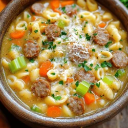 To make this tasty soup, gather these key ingredients: - 1 pound Italian sausage (choose mild or spicy according to your taste) - 1 medium onion, finely diced - 2 cloves garlic, minced - 3 medium carrots, peeled and diced - 2 celery stalks, diced - 6 cups chicken broth (preferably low-sodium) - 1 can (14 oz) diced tomatoes, undrained - 1 cup Ditalini pasta - 1 cup heavy cream - 1 cup freshly grated Parmesan cheese - 1 teaspoon dried oregano - 1 teaspoon dried basil - Salt and freshly ground black pepper to taste - Fresh parsley, chopped, for garnish These ingredients create a rich, savory base. The Italian sausage adds depth. The vegetables bring color and sweetness. Ditalini pasta gives it a hearty texture. You can tweak this recipe with some optional ingredients. Here are a few ideas: - Use turkey sausage for a leaner option. - Swap the heavy cream for half-and-half for a lighter soup. - Add spinach or kale for a boost of greens. - Use vegetable broth for a vegetarian twist. These substitutions keep the soup rich and delicious. You can customize it to fit your taste. Season the soup to enhance its flavor. Here are some great ideas: - Add a pinch of red pepper flakes for heat. - Stir in some fresh herbs like thyme or rosemary. - Top each bowl with more grated Parmesan for extra flavor. - Use a drizzle of olive oil before serving. These simple touches elevate the soup. They add layers of flavor and make it visually appealing. Enjoy the process of making this savory delight. For the full recipe, check out the recipe section above. Start by heating a large pot over medium heat. Add 1 pound of Italian sausage. Use a wooden spoon to break it up as it cooks. Stir occasionally for about 5-7 minutes. You want the sausage to be browned and cooked all the way through. If you see extra grease, drain it from the pot. This step gives the soup a great base of flavor. Next, add the diced onion, carrots, and celery to the pot. Stir this mixture for about 5 minutes. The goal is to soften the veggies and make the onion clear. After that, add 2 cloves of minced garlic. Stir it for 1 minute until you smell that wonderful aroma. Be careful not to burn the garlic. Now, pour in 6 cups of chicken broth and add the can of diced tomatoes. Increase the heat to bring everything to a gentle boil. Once the mix is boiling, it's time to add the Ditalini pasta. Add 1 cup along with 1 teaspoon each of dried oregano and dried basil. Reduce the heat to a simmer and cook for about 10-12 minutes. You want the pasta to be al dente, just firm enough to bite into. This pasta adds a fun texture to the soup. Lower the heat once more and stir in 1 cup of heavy cream and 1 cup of freshly grated Parmesan cheese. Mix everything well until the cheese melts and the soup becomes creamy. Season with salt and freshly ground black pepper to taste. Let it simmer for an additional 2-3 minutes to blend all the flavors. When it’s done, serve it hot in bowls. Don't forget to garnish with fresh chopped parsley for a lovely touch. For the full recipe, check the detailed instructions above. To get the best flavor in your creamy Parmesan sausage ditalini soup, start with high-quality Italian sausage. Choosing a mix of mild and spicy sausage gives a great balance. When you brown the sausage, make sure you let it get a nice color. This adds depth to the soup. Use fresh vegetables that are in season for the best taste. Don't skip the garlic; it brings out the flavors. Always taste and adjust the seasoning as you go. A squeeze of lemon before serving can also brighten the dish. One common mistake is overcooking the pasta. Ditalini should be al dente, so watch it closely. If you cook it too long, it can become mushy. Another mistake is not draining excess fat from the sausage. This can make the soup greasy. Also, be careful not to boil the soup after adding the cream. Boiling can cause it to separate and lose its smooth texture. Lastly, don’t forget the fresh parsley for garnish; it adds color and freshness. For this recipe, a large pot or Dutch oven is best. It helps cook everything evenly. A wooden spoon is great for stirring the sausage and vegetables. Use a sharp knife and cutting board for chopping the veggies. A measuring cup for the broth and cream will ensure accuracy. If you like to blend your soup, an immersion blender can help achieve a creamy texture. For a rustic touch, serve in wide bowls with crusty bread on the side. For the full recipe, check out the complete instructions above. {{image_4}} You can make this soup vegetarian or vegan with simple swaps. Instead of sausage, use lentils or mushrooms. Both add texture and flavor. For a vegan version, switch heavy cream with coconut milk or cashew cream. These options keep the soup rich and creamy but without animal products. If you want a different protein, consider ground turkey or chicken. They both work well in this recipe. You can also use plant-based sausages if you prefer. These alternatives give you variety while keeping the soup hearty and filling. To add some heat, include red pepper flakes or a dash of hot sauce. This small change can elevate the soup’s flavor. For a fresh twist, try adding fresh herbs like basil or thyme. They brighten up the dish and add depth. Experimenting with spices and herbs helps you create a unique version of Creamy Parmesan Sausage Ditalini Soup. After enjoying your Creamy Parmesan Sausage Ditalini Soup, let it cool. Place leftovers in an airtight container. This keeps the soup fresh. You can store it in the fridge for up to three days. If you want to keep it longer, freezing is the way to go. When you’re ready to reheat the soup, use the stove for best results. Pour the soup into a pot. Heat it over medium-low heat. Stir often to prevent sticking. This helps keep the creamy texture. You can also use the microwave. Just make sure to cover it loosely. Heat in short bursts, stirring in between. To freeze the soup, first cool it completely. Use freezer-safe containers or bags. Leave some space at the top for expansion. This soup can last up to three months in the freezer. When you’re ready to eat, thaw it overnight in the fridge. Reheat as explained before for delicious results. For the full recipe, check out the details above. Yes, you can make this soup in a slow cooker. Start by browning the sausage in a pan. Then, add all the ingredients to the slow cooker. Set it on low for about 6-8 hours or high for 3-4 hours. This method allows the flavors to blend nicely. To make the soup less creamy, you can reduce the amount of heavy cream. Try using half a cup instead of a full cup. You can also substitute with milk or low-fat cream. This change will still keep the soup rich but lighter. I love serving this soup with crusty bread. It’s perfect for dipping! You can also add a simple salad for some freshness. Garlic bread or a side of roasted veggies can be great choices too. This recipe is not gluten-free due to the Ditalini pasta. However, you can substitute it with gluten-free pasta. Just check the cooking time, as it may vary from regular pasta. To adjust servings, simply double or triple the ingredients. This soup is easy to scale up. If you want to make it for a big crowd, use a larger pot and ensure you have enough broth. The Full Recipe is easy to follow for larger quantities. This blog post explored how to make Creamy Parmesan Sausage Ditalini Soup. We covered key ingredients, step-by-step instructions, and tips for better flavor. You learned how to store leftovers and even ways to adapt the recipe for dietary needs. In the end, making this soup is easy and fun. With your creativity, you can enjoy this dish tailored to your taste. So get cooking, and enjoy a warm bowl of comfort!