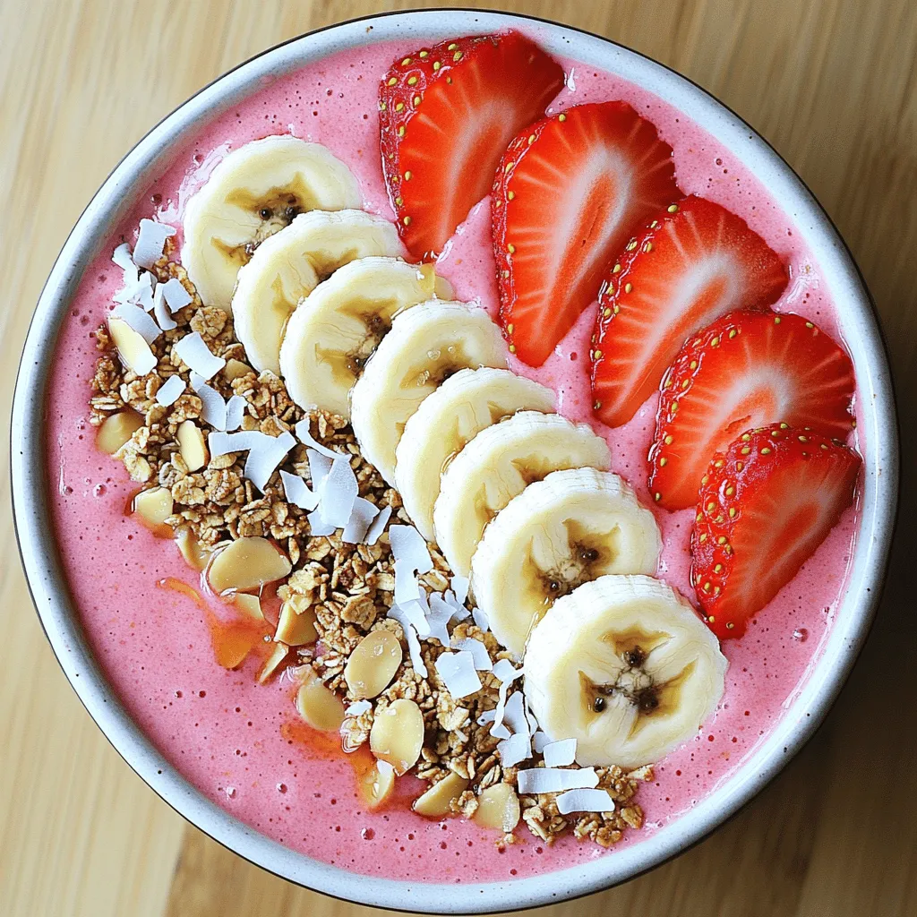 - 1 cup frozen strawberries - 1 ripe banana - 1/2 cup Greek yogurt (or plant-based yogurt) - 1/2 cup almond milk (or your preferred milk) - 1 tablespoon honey or maple syrup - 1 tablespoon chia seeds - Fresh strawberries, sliced - Banana, sliced - Granola, shredded coconut, and a mix of nuts (almonds or walnuts) This recipe is simple and packs a lot of flavor. You start with the main ingredients. Frozen strawberries give a cold taste. The ripe banana adds a creamy touch. Greek yogurt boosts the nutrition and creaminess. You can swap it for plant-based yogurt if you want a vegan option. Next, you need a liquid base. I like almond milk for its lightness. You can use any milk you prefer, even coconut or soy. For sweetness, I add honey or maple syrup. One tablespoon is usually enough, but you can adjust it based on your taste. Chia seeds are a great addition. They add fiber and omega-3s. Now, let’s talk about toppings. Fresh strawberries and banana slices look nice and taste great. Granola adds a crunchy texture. Shredded coconut or nuts like almonds give extra flavor. This bowl is not just pretty; it’s healthy and filling. For the full recipe, follow the instructions to make a delicious Strawberry Banana Smoothie Bowl. Start by gathering your ingredients. In a high-speed blender, combine: - 1 cup frozen strawberries - 1 ripe banana - 1/2 cup Greek yogurt (or plant-based yogurt) - 1/2 cup almond milk (or your preferred milk) - 1 tablespoon honey or maple syrup - 1 tablespoon chia seeds Blend these ingredients until they mix well. Blend on high until smooth. If the smoothie is thick, add almond milk. Do this slowly until you reach your desired creaminess. This step is key to a perfect texture. Once blended, carefully pour the smoothie into a serving bowl. Aim for a smooth surface to make it look nice. This is where you can show off your work! Now comes the fun part! Use sliced fruits and toppings to make it pretty. Start with fresh strawberry and banana slices. Place them around the edge. Then, sprinkle granola, shredded coconut, and nuts for added crunch. Be creative! If you want a bit more sweetness, drizzle honey or maple syrup on top. This adds flavor and makes it look even better. Enjoy your beautiful strawberry banana smoothie bowl! For the full recipe, check out the details above. Opt for ripe bananas for sweetness and flavor. Ripe bananas bring out the best taste in your smoothie bowl. Their natural sugars make the bowl sweeter without extra sugar. Look for bananas with brown spots. They are perfect for blending and will give you a creamy texture. Adjust almond milk to achieve your preferred thickness. Start with the amount listed in the Full Recipe. If your smoothie is too thick, add more almond milk. Blend until smooth and creamy. The right consistency makes your smoothie bowl easy to eat and enjoy. Use colorful dishes and edible flowers for visual appeal. A bright bowl makes your smoothie bowl pop. Arrange your toppings neatly to create a feast for the eyes. You can even sprinkle some edible flowers on top. This adds a lovely touch and makes your bowl look fancy. {{image_4}} You can make this smoothie bowl vegan by swapping Greek yogurt for plant-based yogurt. This change keeps the creamy texture and adds a lovely flavor. Use a coconut or almond-based yogurt for a delicious twist. You still get all the benefits of protein and creaminess without any dairy. Want to boost the flavor? Add other berries like blueberries or raspberries. These berries pack in extra vitamins and antioxidants. You can mix them into the base or add them as toppings. They’ll make your smoothie bowl even more colorful and tasty. If you need a nut-free option, try using seed-based toppings. Pumpkin seeds are a great choice. They add crunch and are full of nutrients too. You can also use sunflower seeds or hemp seeds. These provide good fats and proteins without the nuts. Store any leftovers in an airtight container for up to 24 hours. This keeps the flavors fresh. If you do not finish your smoothie bowl right away, this method helps maintain taste and texture. Freeze any extra smoothie base in ice cube trays for later use. This is a great way to save time on busy mornings. Once frozen, transfer the cubes into a sealed bag. They will last for about three months in the freezer. Blend thawed smoothie cubes with a splash of milk for a refreshed drink. This method gives you a quick, tasty smoothie. Just add your favorite milk and blend until smooth. You can enjoy this as a treat or a quick meal. A strawberry banana smoothie bowl is very healthy. It is full of vitamins, minerals, and fiber. The strawberries are high in vitamin C, while bananas offer potassium. Greek yogurt adds protein, which helps you feel full. The chia seeds provide omega-3 fatty acids. Overall, this bowl can have about 250-350 calories, depending on the toppings you choose. Yes, you can make this smoothie bowl ahead of time. To prepare, blend the ingredients and store them in an airtight container. Keep it in the fridge for up to 24 hours. This way, you can enjoy a quick breakfast or snack. Just add toppings right before serving for the best taste and texture. If you don’t have Greek yogurt, there are plenty of alternatives. You can use regular yogurt for a creamier texture. For a dairy-free option, choose plant-based yogurt made from almond, coconut, or soy. Each option affects flavor and texture. Experiment to find what you like best! To thicken your smoothie bowl, use less liquid. Start with the almond milk and add it slowly. You can also add more frozen fruit like strawberries or bananas. Chia seeds help too, as they expand and absorb liquid. Blending less can also keep it thicker. This smoothie bowl is a tasty and healthy treat. We started with frozen strawberries, banana, and Greek yogurt to create a smooth base. Adding almond milk made it just right. We then topped it with fresh fruit and nuts, making it look great. Remember, use ripe bananas for extra sweetness and feel free to add your twists. You can store leftovers or freeze them for later. Dive into this bowl for a quick breakfast or snack that is fun and easy to make!