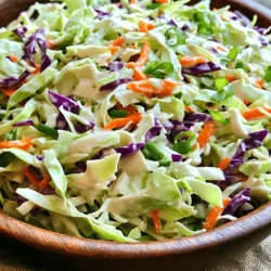 - 4 cups green cabbage, finely shredded - 1 cup purple cabbage, finely shredded - 2 large carrots, grated - 1/2 cup mayonnaise - 1 tablespoon apple cider vinegar - 1 tablespoon honey - 1 teaspoon Dijon mustard - Salt and pepper to taste - 1/4 cup green onions, chopped To create the best classic coleslaw, start with fresh vegetables. I love using both green and purple cabbage. The green cabbage gives a nice crunch, while the purple adds color. Grating two large carrots brings sweetness and a bit of texture. Next, let’s make the dressing. I often use mayonnaise as the base. It makes the coleslaw creamy. Adding apple cider vinegar gives a nice tang. Honey adds sweetness and balances the vinegar. A spoonful of Dijon mustard adds depth. Don’t forget to add salt and pepper for flavor. If you want to mix it up, add chopped green onions for a fresh taste. They also add a bit of crunch. This simple mix of ingredients will create a crunchy and fresh side dish that pairs well with many meals. Follow the Full Recipe for more details on how to bring it all together! - Combine green and purple cabbage in a bowl. - Add grated carrots to mix. First, grab a large mixing bowl. You will want to add 4 cups of finely shredded green cabbage. Next, toss in 1 cup of finely shredded purple cabbage. This colorful mix gives coleslaw its vibrant look. Then, add 2 large grated carrots for sweetness and crunch. Make sure to mix everything well, so you get an even blend of colors. - Whisk together the dressing ingredients until smooth. In a smaller bowl, it’s time to make the dressing. You need 1/2 cup of mayonnaise, 1 tablespoon of apple cider vinegar, 1 tablespoon of honey, and 1 teaspoon of Dijon mustard. Add a pinch of salt and pepper to taste. Whisk these ingredients together until you have a smooth and creamy mixture. This dressing is the heart of your coleslaw. - Drizzle dressing over vegetables and mix. - Chill before serving. Now, drizzle the dressing over your vegetable mix. Use tongs or two large forks to toss everything together. You want each piece of cabbage and carrot coated in dressing. If you like, add 1/4 cup of chopped green onions for extra flavor. Make sure to mix gently to keep the veggies fresh. Cover the bowl and chill it in the refrigerator for at least 30 minutes. This chilling time helps the flavors blend. You can find the full recipe [here](#). To make coleslaw crispy, cut your veggies well. Use a knife or a mandoline. I like to finely shred the cabbage. The thinner the strips, the better they mix and crunch. A good ratio is two parts green cabbage to one part purple cabbage. This keeps the color bright and the texture exciting. Add grated carrots for sweetness and crunch. Aim for about one cup of carrots for every five cups of cabbage. To give your coleslaw a flavor boost, think outside the box. You can add spices like celery seeds or black pepper. These small additions make a big difference. Don’t forget fresh herbs! Chopped parsley or dill can brighten the taste. For a tangy kick, mix in some extra apple cider vinegar. You can also try different dressings. A yogurt-based dressing can add creaminess while cutting calories. Coleslaw pairs well with many dishes. It works great as a side for BBQ ribs or fried chicken. You can also use it as a topping for tacos or sandwiches. The crunchiness complements soft textures perfectly. For a fun twist, serve it in a taco shell. This adds a crunchy layer. Explore different ways to enjoy your coleslaw! For the full recipe, check out the details above. {{image_4}} You can switch up the classic coleslaw by using Greek yogurt instead of mayonnaise. This change cuts calories and adds protein. The yogurt gives a nice tang. You can also add fruits like apples or pineapple for a sweet twist. The crisp apples add crunch, while pineapple gives a tropical flair. Both options boost flavor and nutrition. Want a vegan coleslaw? Just swap out the mayonnaise for a plant-based option. Many brands now offer tasty vegan mayonnaise. For gluten-free coleslaw, check your dressing. Most basic ingredients are gluten-free, but always read labels. This way, everyone can enjoy this crunchy dish. Coleslaw varies by region. Southern coleslaw often uses sweet dressing, while Asian coleslaw may add sesame oil and soy sauce. Caribbean versions include mango or lime for a zesty kick. Each version tells a story through its unique flavors. Explore these styles to find your favorite! To keep your coleslaw fresh, store it in an airtight container. This helps retain its crunch and flavor. Place it in the fridge right after serving. It will stay fresh for about three to five days. Always check for any signs of spoilage before eating leftovers. If it looks or smells off, it’s best to toss it. You can freeze coleslaw, but it may lose some crunch. If you want to freeze it, do not add the dressing first. Instead, prepare the veggies and store them in a freezer-safe bag. Squeeze out air to prevent freezer burn. When you are ready to eat, thaw it in the fridge overnight. Add fresh dressing just before serving for the best taste. Coleslaw can last in the fridge for about three to five days. If it has dairy, like mayonnaise, it might spoil faster. Always keep an eye on the smell and look of the coleslaw. If you have fresh veggies in it, they can wilt and lose their crunch quickly. To enjoy the best flavor and texture, eat it within a few days. To make classic coleslaw, start with fresh veggies. Here is a step summary of the recipe: - Shred 4 cups of green cabbage and 1 cup of purple cabbage. - Grate 2 large carrots and add them to the cabbages. - In a bowl, mix 1/2 cup of mayonnaise, 1 tablespoon of apple cider vinegar, 1 tablespoon of honey, and 1 teaspoon of Dijon mustard. - Season with salt and pepper to taste. - Pour the dressing over the veggies and toss until coated. - Chill for at least 30 minutes before serving. This lets the flavors blend. For the full recipe, check out the earlier sections. Yes, you can make coleslaw ahead of time. Prepare it and store it in the fridge. This helps the flavors meld together. Aim to make it no more than 24 hours before serving. If you wait longer, the cabbage may get too soft. To keep it crunchy, add the dressing just before serving. This keeps your coleslaw fresh and crisp. I suggest serving coleslaw in a colorful bowl. You can also use it as a topping for sandwiches and burgers. To make it look even better, sprinkle some chopped green onions or sesame seeds on top. This adds a pop of color and extra crunch. Enjoy it as a side dish with barbecue, fried chicken, or grilled meats. This post shared a simple coleslaw recipe, highlighting key ingredients and preparation steps. I covered how to mix veggies and create a tasty dressing. You can experiment with flavors and even modify for diets. To enjoy coleslaw at its best, store it properly and serve it fresh. This dish is versatile and can complement many meals. Try your version and see what flavors you love most. Enjoy making your coleslaw memorable!