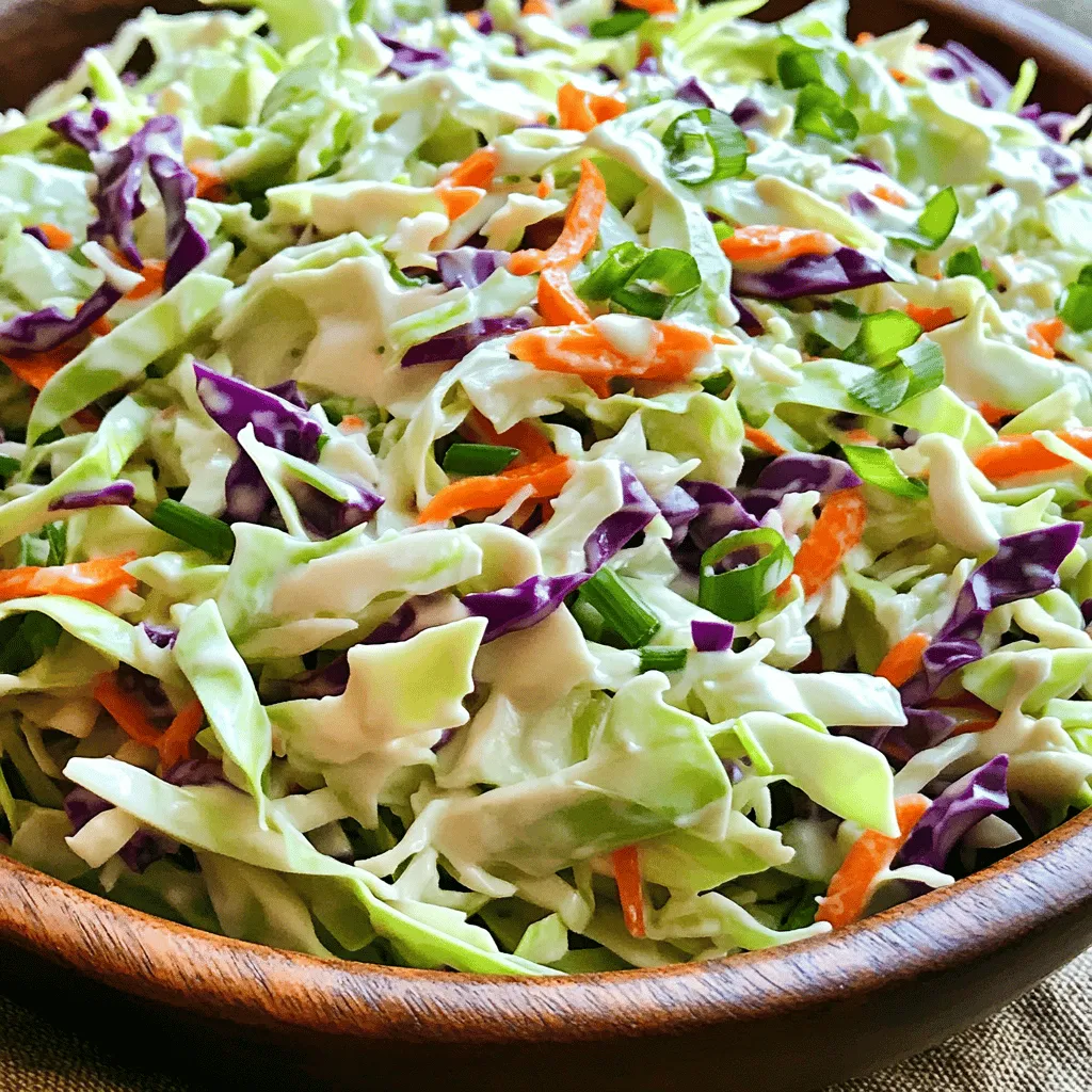 - 4 cups green cabbage, finely shredded - 1 cup purple cabbage, finely shredded - 2 large carrots, grated - 1/2 cup mayonnaise - 1 tablespoon apple cider vinegar - 1 tablespoon honey - 1 teaspoon Dijon mustard - Salt and pepper to taste - 1/4 cup green onions, chopped To create the best classic coleslaw, start with fresh vegetables. I love using both green and purple cabbage. The green cabbage gives a nice crunch, while the purple adds color. Grating two large carrots brings sweetness and a bit of texture. Next, let’s make the dressing. I often use mayonnaise as the base. It makes the coleslaw creamy. Adding apple cider vinegar gives a nice tang. Honey adds sweetness and balances the vinegar. A spoonful of Dijon mustard adds depth. Don’t forget to add salt and pepper for flavor. If you want to mix it up, add chopped green onions for a fresh taste. They also add a bit of crunch. This simple mix of ingredients will create a crunchy and fresh side dish that pairs well with many meals. Follow the Full Recipe for more details on how to bring it all together! - Combine green and purple cabbage in a bowl. - Add grated carrots to mix. First, grab a large mixing bowl. You will want to add 4 cups of finely shredded green cabbage. Next, toss in 1 cup of finely shredded purple cabbage. This colorful mix gives coleslaw its vibrant look. Then, add 2 large grated carrots for sweetness and crunch. Make sure to mix everything well, so you get an even blend of colors. - Whisk together the dressing ingredients until smooth. In a smaller bowl, it’s time to make the dressing. You need 1/2 cup of mayonnaise, 1 tablespoon of apple cider vinegar, 1 tablespoon of honey, and 1 teaspoon of Dijon mustard. Add a pinch of salt and pepper to taste. Whisk these ingredients together until you have a smooth and creamy mixture. This dressing is the heart of your coleslaw. - Drizzle dressing over vegetables and mix. - Chill before serving. Now, drizzle the dressing over your vegetable mix. Use tongs or two large forks to toss everything together. You want each piece of cabbage and carrot coated in dressing. If you like, add 1/4 cup of chopped green onions for extra flavor. Make sure to mix gently to keep the veggies fresh. Cover the bowl and chill it in the refrigerator for at least 30 minutes. This chilling time helps the flavors blend. You can find the full recipe [here](#). To make coleslaw crispy, cut your veggies well. Use a knife or a mandoline. I like to finely shred the cabbage. The thinner the strips, the better they mix and crunch. A good ratio is two parts green cabbage to one part purple cabbage. This keeps the color bright and the texture exciting. Add grated carrots for sweetness and crunch. Aim for about one cup of carrots for every five cups of cabbage. To give your coleslaw a flavor boost, think outside the box. You can add spices like celery seeds or black pepper. These small additions make a big difference. Don’t forget fresh herbs! Chopped parsley or dill can brighten the taste. For a tangy kick, mix in some extra apple cider vinegar. You can also try different dressings. A yogurt-based dressing can add creaminess while cutting calories. Coleslaw pairs well with many dishes. It works great as a side for BBQ ribs or fried chicken. You can also use it as a topping for tacos or sandwiches. The crunchiness complements soft textures perfectly. For a fun twist, serve it in a taco shell. This adds a crunchy layer. Explore different ways to enjoy your coleslaw! For the full recipe, check out the details above. {{image_4}} You can switch up the classic coleslaw by using Greek yogurt instead of mayonnaise. This change cuts calories and adds protein. The yogurt gives a nice tang. You can also add fruits like apples or pineapple for a sweet twist. The crisp apples add crunch, while pineapple gives a tropical flair. Both options boost flavor and nutrition. Want a vegan coleslaw? Just swap out the mayonnaise for a plant-based option. Many brands now offer tasty vegan mayonnaise. For gluten-free coleslaw, check your dressing. Most basic ingredients are gluten-free, but always read labels. This way, everyone can enjoy this crunchy dish. Coleslaw varies by region. Southern coleslaw often uses sweet dressing, while Asian coleslaw may add sesame oil and soy sauce. Caribbean versions include mango or lime for a zesty kick. Each version tells a story through its unique flavors. Explore these styles to find your favorite! To keep your coleslaw fresh, store it in an airtight container. This helps retain its crunch and flavor. Place it in the fridge right after serving. It will stay fresh for about three to five days. Always check for any signs of spoilage before eating leftovers. If it looks or smells off, it’s best to toss it. You can freeze coleslaw, but it may lose some crunch. If you want to freeze it, do not add the dressing first. Instead, prepare the veggies and store them in a freezer-safe bag. Squeeze out air to prevent freezer burn. When you are ready to eat, thaw it in the fridge overnight. Add fresh dressing just before serving for the best taste. Coleslaw can last in the fridge for about three to five days. If it has dairy, like mayonnaise, it might spoil faster. Always keep an eye on the smell and look of the coleslaw. If you have fresh veggies in it, they can wilt and lose their crunch quickly. To enjoy the best flavor and texture, eat it within a few days. To make classic coleslaw, start with fresh veggies. Here is a step summary of the recipe: - Shred 4 cups of green cabbage and 1 cup of purple cabbage. - Grate 2 large carrots and add them to the cabbages. - In a bowl, mix 1/2 cup of mayonnaise, 1 tablespoon of apple cider vinegar, 1 tablespoon of honey, and 1 teaspoon of Dijon mustard. - Season with salt and pepper to taste. - Pour the dressing over the veggies and toss until coated. - Chill for at least 30 minutes before serving. This lets the flavors blend. For the full recipe, check out the earlier sections. Yes, you can make coleslaw ahead of time. Prepare it and store it in the fridge. This helps the flavors meld together. Aim to make it no more than 24 hours before serving. If you wait longer, the cabbage may get too soft. To keep it crunchy, add the dressing just before serving. This keeps your coleslaw fresh and crisp. I suggest serving coleslaw in a colorful bowl. You can also use it as a topping for sandwiches and burgers. To make it look even better, sprinkle some chopped green onions or sesame seeds on top. This adds a pop of color and extra crunch. Enjoy it as a side dish with barbecue, fried chicken, or grilled meats. This post shared a simple coleslaw recipe, highlighting key ingredients and preparation steps. I covered how to mix veggies and create a tasty dressing. You can experiment with flavors and even modify for diets. To enjoy coleslaw at its best, store it properly and serve it fresh. This dish is versatile and can complement many meals. Try your version and see what flavors you love most. Enjoy making your coleslaw memorable!