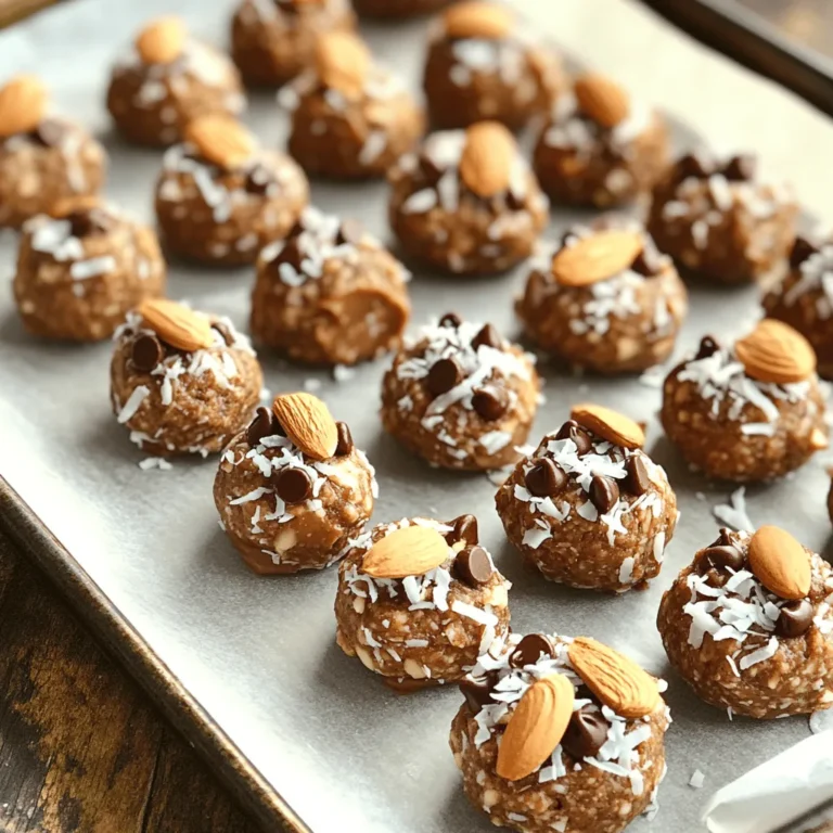 - 1 cup rolled oats - 1/2 cup creamy almond butter - 1/4 cup honey or pure maple syrup - 1/3 cup unsweetened shredded coconut - 1/4 cup dairy-free dark chocolate chips (optional) - 1/4 cup chopped almonds - 1 teaspoon pure vanilla extract - A pinch of fine sea salt When making Almond Joy Energy Bites, these ingredients come together for a tasty treat. The rolled oats give structure. Almond butter adds creaminess and healthy fats. Honey or maple syrup brings natural sweetness. Coconut adds a tropical twist, while chocolate chips boost flavor. For those who cannot find almond butter, try peanut butter or sun butter. If you prefer a different sweetener, agave nectar or brown rice syrup works well. For chocolate, use dairy-free options like carob chips or cacao nibs. These swaps keep the bites delicious while meeting your needs. You can find the full recipe [here](#). First, gather a large bowl. In this bowl, combine 1 cup of rolled oats, 1/2 cup of creamy almond butter, and 1/4 cup of honey or pure maple syrup. Use a strong spoon or spatula to mix these ingredients together. Keep mixing until the mixture looks smooth and homogenous. This step is key to getting a great texture for your energy bites. Next, it’s time to add more flavor. Fold in 1/3 cup of unsweetened shredded coconut, 1/4 cup of dairy-free dark chocolate chips, and 1/4 cup of chopped almonds. Don’t forget to add 1 teaspoon of pure vanilla extract and a pinch of fine sea salt. Stir well to make sure all these tasty bits get mixed evenly throughout the mixture. Now comes the fun part! Scoop out small portions of the mixture with your hands. Roll these into bite-sized balls, about 1 inch in diameter. If the mixture feels too sticky, just dampen your hands with a bit of water. This trick makes shaping the bites much easier. Once you’ve rolled all the balls, place them on a lined baking sheet. Chill these bites in the refrigerator for at least 30 minutes. This helps them firm up and hold their shape nicely. When you’re ready, enjoy your delicious Almond Joy Energy Bites! For the full recipe, check out the earlier section. Chilling the mixture is key to making great Almond Joy Energy Bites. It helps the bites hold their shape. After mixing, refrigerate the mixture for at least 30 minutes. This makes them easier to roll into balls. You can also use whole almonds for a crunchy texture. They give a nice bite and enhance the flavor. To make your bites look fancy, serve them in decorative bowls. This adds a touch of style. You can drizzle melted dark chocolate over them for flair. A sprinkle of shredded coconut on top makes them look even better. These small steps make your treats stand out. Enjoy Almond Joy Energy Bites with your favorite drinks. A cold glass of almond milk works well. You can also pair them with coffee or tea for a tasty snack. For a complete treat, serve with fresh fruit or yogurt. These pairings make for a delightful snack time. {{image_4}} You can make these bites even more fun! Adding protein powder gives them a healthy boost. Try using chocolate or vanilla protein powder for added flavor. You can also switch out the almond butter. Peanut butter or cashew butter works great, too. Each nut butter adds its unique taste and texture. If you need gluten-free options, use certified gluten-free oats. They work just as well and keep the bites tasty. For a vegan version, swap honey for maple syrup. You can also check for dairy-free chocolate chips to keep it all plant-based. These changes help everyone enjoy the treat. Get creative with seasonal themes! For Halloween, add a sprinkle of orange zest or use pumpkin spice. During the winter holidays, mix in dried cranberries or festive nuts. You can even use seasonal fruits like apples or pears for a fresh twist. These ideas keep the energy bites exciting all year long. To keep your Almond Joy Energy Bites fresh, use an airtight container. This keeps moisture out and preserves flavor. Storing them in the fridge is best for short-term use. If you want to save them longer, consider freezing. Just make sure they are well-wrapped to avoid freezer burn. In the fridge, these bites last about one week. After that, they may start to lose their taste and texture. Look for signs like a change in smell or a dry, crumbly texture. If they don't taste right, it’s best to toss them out. If you freeze your bites, let them thaw overnight in the fridge. This keeps them soft and tasty. If they feel a bit dry, you can add a tiny bit of almond butter to moisten them. Enjoy them fresh for the best flavor and texture! For the Full Recipe, check out the detailed instructions on making these tasty bites. Each bite has about 100 calories. Here’s the breakdown per bite: - Rolled oats: 15 calories - Creamy almond butter: 40 calories - Honey or maple syrup: 20 calories - Shredded coconut: 10 calories - Dark chocolate chips: 10 calories (optional) - Chopped almonds: 5 calories This adds up to a tasty snack without guilt! Yes, you can! Use sunflower seed butter or tahini instead of almond butter. Both work great and keep the bites creamy. For the chopped almonds, substitute with pumpkin seeds or sunflower seeds for crunch. It takes about 10 minutes to prepare. Then, chill them for 30 minutes. So, you can have them ready in just 40 minutes. Absolutely! Portion them into small containers. Store them in the fridge for a week. You can grab one as a quick snack anytime. Enjoy them cold straight from the fridge. You can also drizzle some melted dark chocolate on top for extra fun! Serve them in a bowl for a pretty snack display. These Almond Joy Energy Bites are easy to make and tasty. You can customize them with different ingredients or flavors. The steps are simple: mix, roll, and chill. Storing them properly keeps them fresh longer. They make a great snack or treat anytime. Experiment with your favorites and enjoy the fun of creating your own energy bites. Your kitchen can be a place of tasty creations!
