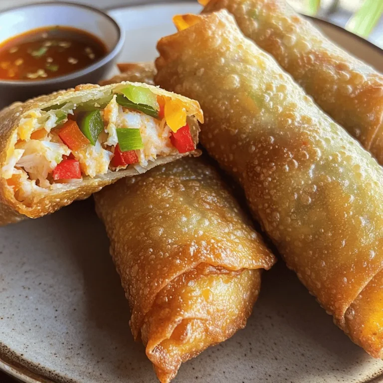 To make crab cake egg rolls, you need a few key items. Here’s what you should gather: - 8 oz lump crab meat, cooked and gently drained - 1/2 cup breadcrumbs (preferably panko for extra crunch) - 1/4 cup mayonnaise (preferably homemade or a high-quality brand) - 1/4 cup diced red bell pepper (for a sweet crunch) - 1/4 cup green onions, finely chopped (both white and green parts) - 1 tablespoon Dijon mustard (for a tangy kick) - 1 teaspoon Old Bay seasoning (or more to taste) - 1/2 teaspoon garlic powder (optional but recommended for flavor depth) - 1 pack of egg roll wrappers (10-12 wrappers) - Oil for frying (vegetable or canola oil works well) This blend of ingredients creates a rich and flavorful filling. You’ll enjoy the sweet crab meat mixed with the crunchy veggies. The seasonings and fillers truly make these egg rolls stand out. Old Bay seasoning adds a classic seafood flavor. It pairs well with crab meat. Dijon mustard gives a nice tang that balances the richness. Garlic powder, while optional, adds depth and warmth to your dish. Using panko breadcrumbs instead of regular breadcrumbs is crucial. They create a lighter, crispier texture in the egg rolls. The diced red bell pepper adds a sweet crunch. The green onions give a fresh, oniony bite. To take these egg rolls to the next level, you need a great dipping sauce. I recommend sweet chili sauce. It adds a sweet and spicy contrast to the savory egg rolls. You can buy it or make your own. Either way, it complements the flavors perfectly. For a fun twist, consider trying a tangy ranch or a zesty aioli. These options can add a new flavor layer to your crab cake egg rolls. Enjoy the blend of tastes! For the full recipe, check out the details above. To start, gather your ingredients. You will need lump crab meat, breadcrumbs, mayonnaise, red bell pepper, green onions, Dijon mustard, Old Bay seasoning, and garlic powder. In a mixing bowl, gently combine the crab meat with these ingredients. Use a spatula to mix softly. This keeps the crab meat in chunky pieces. You want to see those lovely lumps of crab! Next, take an egg roll wrapper and place it on a clean surface. Position it like a diamond, with one corner facing you. Scoop about 2 tablespoons of crab filling into the center. Fold the bottom corner over the filling, then fold in the side corners. Carefully roll the wrapper away from you. Moisten the top corner with water to seal it tight. This step is key to keeping the filling inside. Repeat for all the wrappers. Now, it’s time to fry! Heat about 2 inches of oil in a deep skillet to 350°F (175°C). Use a thermometer to get it just right. Add a few egg rolls at a time. Don’t crowd the pan; they need space to fry evenly. Cook for 3-4 minutes, turning them until they are golden brown and crispy. Remove them with a slotted spoon and let them drain on paper towels. This helps them stay crunchy. Serve them hot with sweet chili sauce for a tasty dip. Enjoy the explosion of flavors! For the full recipe, check out the earlier section. When you pick crab meat, look for lump crab meat. This type has big, sweet chunks. Check the label for "fresh" or "pasteurized" crab. Avoid cans with added fillers or artificial ingredients. Fresh crab meat gives the best flavor. If you can, buy from your local fish market. Ask to smell it; it should smell like the sea, not fishy. To get that perfect crunch, use panko breadcrumbs. They add a light, crispy texture. When frying, keep the oil at 350°F. Too hot will burn them, while too cool makes them soggy. Fry in small batches. This helps them cook evenly and stay crispy. After frying, let them drain on paper towels. This removes excess oil and keeps them crisp. Egg roll wrappers can stick together if not handled right. Keep them covered with a damp cloth while you work. This prevents them from drying out. When rolling, use a little water on the edges to seal them well. If they feel sticky, dust them with a bit of cornstarch. This helps keep them separate and easy to work with. For the full recipe, check out the Crab Cake Egg Rolls section! {{image_4}} To add some heat, mix in chopped jalapeños or a dash of hot sauce. You can replace Old Bay seasoning with a spicy seafood blend. This gives a nice kick without losing the crab flavor. Your taste buds will love this twist! For a vegetarian version, swap the crab for shredded jackfruit or lump tofu. Use a blend of veggies like corn, bell peppers, and carrots to keep it tasty. For vegan, replace the mayonnaise with a vegan alternative. These options keep the egg rolls fun and fresh! Dipping sauces can change the game. Besides sweet chili sauce, try a spicy mayo or a tangy soy sauce. You can mix soy sauce with lime juice and sesame oil for a zesty option. Each sauce brings out new flavors. Enjoy testing them all! To store leftover egg rolls, let them cool down first. Once cool, place them in an airtight container. Keep them in the fridge for up to three days. If you want to keep them longer, consider freezing them. Reheating can make a big difference in taste. For the best results, use the oven. Preheat your oven to 350°F (175°C). Place the egg rolls on a baking sheet. Heat for about 10-15 minutes, until they are crispy again. You can also use an air fryer for about 5-7 minutes. This keeps the crunch intact. If you want to freeze your egg rolls, wrap them well in plastic wrap. Then, place them in a freezer bag. They can last up to three months in the freezer. When you are ready to eat them, no need to thaw. Just follow the reheating steps mentioned above. Enjoy them straight from the freezer! Yes, you can prepare crab cake egg rolls in advance. After you roll them, cover them with plastic wrap and place them in the fridge. They can stay fresh for up to one day. This is great for meal prep or parties. Just remember to fry them shortly before serving. This keeps the texture crispy and fresh. For frying crab cake egg rolls, I recommend using vegetable or canola oil. These oils have a high smoke point, which means they heat well without burning. They also have a neutral flavor that does not interfere with the taste of the egg rolls. Aim for about two inches of oil in the pan for even frying. You can bake crab cake egg rolls for a healthier option. Preheat your oven to 400°F (200°C). Arrange the egg rolls on a baking sheet lined with parchment paper. Brush them lightly with oil for crispiness. Bake for about 20 minutes, flipping halfway through. This method gives you a tasty result with less oil. Check out the Full Recipe for more details! Crab cake egg rolls bring a tasty twist to a classic dish. We explored key ingredients, perfect rolling techniques, and how to achieve crispy results. You can add your own flair with spicy or vegetarian options and choose from various sauces for dipping. Remember to store leftovers properly for future enjoyment. With these tips, you’ll impress at your next gathering. Enjoy making and sharing your crab cake egg rolls!