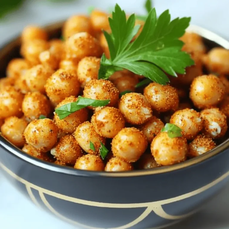 - 1 can (15 oz) chickpeas, drained and rinsed - 1 tablespoon olive oil - Seasoning ingredients: garlic powder, smoked paprika, ground cumin, salt, black pepper, cayenne pepper (optional) - Air fryer - Mixing bowl - Clean kitchen towel - Measuring spoons To make air fryer crispy chickpeas, you need just a few simple items. First, grab a can of chickpeas. Make sure to rinse and drain them well. This helps get rid of any extra salt. Next, you'll need some olive oil to help the spices stick. The spices are where the magic happens! I love using garlic powder for a savory kick. Smoked paprika adds a hint of smokiness. Ground cumin gives a warm, earthy taste. You can also use salt and black pepper for basic seasoning. If you like heat, add a pinch of cayenne pepper. For your kitchen tools, you need an air fryer. It makes the chickpeas crispy without deep frying. A mixing bowl helps you combine the chickpeas and oil. A clean kitchen towel is key for drying the chickpeas. Lastly, have some measuring spoons ready to get the right amounts of each spice. With these ingredients and tools, you are ready to create a tasty and crunchy snack. For the full recipe, check out the detailed steps! - Preheat the air fryer to 400°F (200°C) for 5 minutes. - Rinse and pat dry the chickpeas thoroughly. First, I always start by preheating the air fryer. This step is key for making crispy chickpeas. While it heats up, I rinse the chickpeas under cold water. After rinsing, I grab a clean kitchen towel and gently pat them dry. Getting rid of moisture helps them become crunchy. - Combine chickpeas with olive oil and spices in a mixing bowl. - Arrange chickpeas in the air fryer in a single layer and cook for 15-20 minutes. Next, I take a mixing bowl and add the dried chickpeas. I drizzle in a tablespoon of olive oil. Then, I sprinkle in garlic powder, smoked paprika, ground cumin, salt, and black pepper. If you like heat, add cayenne pepper too! I toss everything together until the chickpeas are well coated in the spices. Now, I carefully arrange the chickpeas in the air fryer basket in a single layer. This helps them cook evenly. I set the timer for 15 to 20 minutes. Every 5 minutes, I shake the basket. This ensures that they brown nicely and become super crispy. - Shake the basket every 5 minutes for even cooking. - Allow cooling before serving for extra crispiness. Once the timer goes off, I take a peek. If they look golden brown, I know they’re ready. I let the chickpeas cool for a few minutes. This step is important as they will get crunchier as they cool down. For more details, you can check the [Full Recipe]. To make crispy chickpeas, you must dry them completely. Moist chickpeas will not get crunchy. After rinsing, lay them on a clean towel. Pat them gently until they feel dry. This step is key for that perfect crisp. Cooking time affects how crispy your chickpeas will be. For a light crunch, air fry for 15 minutes. If you want them extra crunchy, add a few more minutes. Check them often to avoid burning. Every air fryer is a bit different, so adjust as needed. Spice it up! You can use many different spices to add flavor. Try adding onion powder or Italian herbs for a twist. If you like heat, sprinkle on more cayenne pepper. You can even mix in some nutritional yeast for a cheesy taste. Crispy chickpeas pair well with dips. Hummus is a classic choice. You can also try yogurt sauce or spicy salsa. Serve them as a snack or on salads for extra crunch. Check the Full Recipe for more ideas! {{image_4}} You can change up the flavor of your crispy chickpeas with different seasonings. Here are two tasty options: - Italian herb blend: Mix dried oregano, basil, and thyme for a fresh taste. This blend works well if you want a classic, savory flavor. - Curry spice mix: Use curry powder for a fun twist. This adds warmth and depth to the chickpeas. It's a great way to enjoy an exotic snack. If you want more options, try these methods for cooking chickpeas: - Oven-baked version: Preheat your oven to 400°F (200°C). Spread the seasoned chickpeas on a baking sheet in a single layer. Bake for 25 to 30 minutes, shaking the pan halfway through. This method is great for making larger batches. - Cooking in a conventional fryer: Heat oil in a deep fryer. Carefully add the seasoned chickpeas and fry until golden brown. This gives you a crunchy texture, but be mindful of the oil and temperature. Experiment with these variations to find your favorite flavor! For the full recipe, check out the detailed steps above. To keep your crispy chickpeas fresh, store them in an airtight container. This method prevents moisture from sneaking in and ruining their crunch. Make sure the chickpeas are completely cooled before sealing the container. If you have a lot left over, you can also try dividing them into smaller containers. This way, you can enjoy a snack whenever you want without losing texture. When it's time to enjoy your leftovers, you want to bring back that crunch. The best way to reheat crispy chickpeas is to use the air fryer again. Set the air fryer to 350°F (175°C) and cook for about 5 to 7 minutes. Keep an eye on them to avoid burning. If you don’t have an air fryer, you can use an oven. Spread the chickpeas on a baking sheet and bake at 350°F (175°C) for about 10 minutes. Both methods will help regain that crispiness you love. Yes, you can use dried chickpeas. However, you must cook them first. Soak them overnight in water. After soaking, boil them until they are tender. This process takes about 1 to 2 hours. Once cooked, drain and rinse them. The dried chickpeas will have a firmer texture and may need a little more time in the air fryer, around 20 to 25 minutes. Just remember to dry them well before seasoning to get that nice crunch. There are a few reasons your chickpeas may not be crispy. The most common mistake is not drying them well. After rinsing, use a clean kitchen towel to pat them dry. Any moisture left will steam the chickpeas instead of making them crispy. Another issue could be overcrowding the air fryer basket. Make sure to arrange them in a single layer. If they are too close, they won’t cook evenly. Lastly, check your air fryer’s temperature. If it is not hot enough, they may turn out soft. Crispy chickpeas can last about 3 to 4 days when stored properly. Keep them in an airtight container at room temperature. If you notice them becoming soft, that is a sign they are past their prime. For the best taste, enjoy them fresh. You can also re-crisp them in the air fryer for a few minutes if they lose their crunch. Crispy chickpeas are easy to make and delicious. We covered the main ingredients, tools, and a simple cooking process. I shared tips for achieving the perfect crunch and flavor. You can even try new seasonings or cooking methods to mix things up. Remember to store leftovers properly to keep them fresh. With this guide, you can enjoy tasty snacks anytime. Happy cooking!