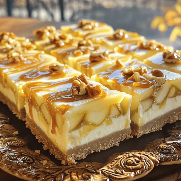 - 1 ½ cups graham cracker crumbs - ½ cup unsalted butter, melted - ¼ cup granulated sugar (for crust) - 2 (8 oz) packages cream cheese, softened to room temperature - 1 cup granulated sugar (for cheesecake filling) - 2 large eggs, at room temperature - 1 teaspoon vanilla extract - 2 cups apples, peeled and diced - 1 teaspoon ground cinnamon - ½ teaspoon ground nutmeg - 1 cup caramel sauce - ¼ cup chopped pecans or walnuts (optional) - 9x13 inch baking pan - Parchment paper - Mixing bowls - Handheld mixer - Spatula Gather these ingredients before you start. This makes the process easier. You will need graham cracker crumbs for a sweet crust. Melted butter binds them together. Sugar adds sweetness to the crust. For the cheesecake filling, cream cheese is key. It gives a rich and smooth texture. Eggs help it set just right. Vanilla extract adds a lovely flavor. Apples bring freshness and a nice crunch. Use tart ones like Granny Smith. The cinnamon and nutmeg give warmth and spice to the dish. Caramel sauce adds that sweet, gooey touch. You can use store-bought or homemade. If you want a nutty flavor, add chopped pecans or walnuts. Make sure you have a 9x13 inch baking pan ready. Parchment paper helps with easy removal later. Mixing bowls and a handheld mixer will make prep simple. Finally, a spatula makes spreading the filling a breeze. Check the Full Recipe for more details. Enjoy making these delicious bars! - Preheat the oven to 350°F (175°C). - In a bowl, mix 1 ½ cups graham cracker crumbs, ½ cup melted butter, and ¼ cup sugar. Press this mixture firmly into a lined 9x13 inch baking pan. - Place the crust in the oven and bake for 10 minutes. - Once done, take it out and let it cool for a bit. - In a large bowl, beat 2 packages of cream cheese with 1 cup of sugar until smooth. - Add in 2 eggs one by one, mixing well after each. Lastly, stir in 1 teaspoon of vanilla extract. - In another bowl, toss 2 cups of diced apples with 1 teaspoon of cinnamon and ½ teaspoon of nutmeg. - Gently fold these spiced apples into the cream cheese mixture until mixed. - Drizzle in 1 cup of caramel sauce and swirl it into the mixture for a lovely pattern. - Pour the apple cheesecake filling over the cooled crust. - If you like, sprinkle ¼ cup of chopped nuts on top. - Put it back in the oven and bake for 30-35 minutes until set. - After baking, cool the bars at room temperature for a bit. - Cover them and chill in the fridge for at least 3 hours. - Once chilled, lift them out using the parchment overhang, slice, and serve with more caramel drizzle. For the complete recipe details, check the Full Recipe. To make the perfect crust, press the graham cracker mix firmly. This helps it hold together. Ensure an even layer across the bottom. After baking, let the crust cool fully. This step is key. It keeps the filling from becoming too runny. Start by beating the cream cheese until it's smooth. This makes the filling rich and creamy. When you add the eggs, mix just enough to combine. Overmixing can make the cheesecake dense. Aim for a light, fluffy texture for the best result. Store any leftover bars in an airtight container. This keeps them fresh and tasty. Try to enjoy them within 3-4 days. They taste best when fresh, but they still hold up well. You can also chill them for a cool treat later! {{image_4}} You can use many apple types for your bars. Granny Smith apples are tart and give a nice crunch. Honeycrisp apples are sweet and juicy, adding great flavor. Try Fuji or Braeburn apples for a twist. You can even mix different apples for more depth. You can also play with caramel flavors. Try salted caramel for a sweet and salty taste. You can use chocolate caramel for a rich, sweet touch. Each variation will change the flavor and make your bars unique. For a lighter option, swap regular cream cheese with low-fat cream cheese. This change keeps the bars creamy while cutting fat. You can also use Greek yogurt. It adds a nice tang and extra protein. Instead of granulated sugar, use honey or maple syrup. Both add sweetness without refined sugar. They can also add flavor depth. Just remember to adjust the amount since they are sweeter than sugar. Season your bars for the time of year. In fall, add pumpkin spice to the apple mixture. This will give your bars a cozy, warm flavor. You can also add a hint of nutmeg for extra warmth. In winter, drizzle melted chocolate over the top. This adds a rich taste and looks great. You can use dark, milk, or white chocolate for variety. Each option makes the bars feel special and festive. For the full recipe, check the main section. To keep your caramel apple cheesecake bars fresh, store them in the refrigerator. This will help maintain their creamy texture and delicious taste. Use airtight containers for longer shelf life. This step prevents the bars from absorbing odors in the fridge. They will stay tasty for about three to four days. If you want to keep the bars longer, you can freeze them. First, wrap each bar tightly in plastic wrap. Then place them in a freezer-safe container. This will help protect them from freezer burn. When you are ready to enjoy, thaw them in the fridge overnight. For best taste, do not thaw at room temperature. You can serve the bars chilled or warm, based on your preference. If you prefer warm bars, reheat them in the oven at a low temperature. Wrap them in foil to keep them moist. This will help maintain their creamy texture. For chilled bars, just slice and serve directly from the fridge. They taste great either way! Yes, you can make these bars gluten-free. To do this, use gluten-free graham cracker crumbs. You can also try almond flour or oat flour as alternatives. Check the labels to ensure they are certified gluten-free. These cheesecake bars last about 3 to 4 days in the fridge. To keep them fresh, store them in an airtight container. If you want to enjoy them later, you can freeze them for up to 2 months. Absolutely! When choosing store-bought caramel sauce, look for quality brands. Select one that has a rich flavor and smooth texture. Check for natural ingredients and avoid those with too many additives. To cut the bars neatly, use a sharp knife. Dip the knife in hot water before cutting for clean edges. Wipe the knife after each cut to keep the slices neat. This will help you serve beautiful, even squares. Your caramel apple cheesecake bars come together with simple ingredients and a few steps. Start with a crispy graham cracker crust, mix in a creamy filling, and add a warm apple twist, making it a treat anyone can enjoy. The tips for perfecting texture and flavor enhance your baking. Consider variations for more fun flavors. These bars are easy to store and taste best fresh. Enjoy making this delightful dessert that brings smiles to all while satisfying your sweet tooth!