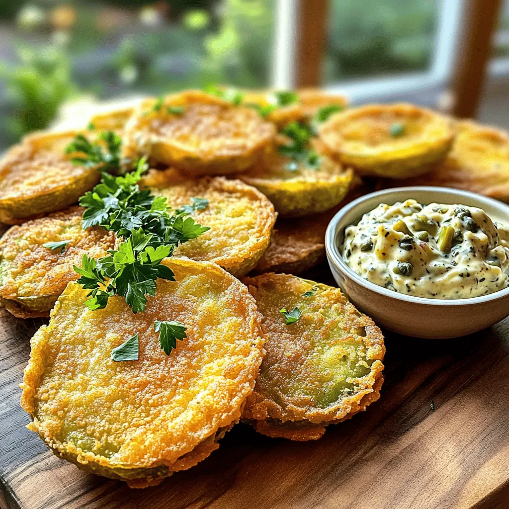 - 4 medium green tomatoes - 1 cup all-purpose flour - 1 cup cornmeal - 2 large eggs, beaten To make fried green tomatoes, start with firm green tomatoes. They should be bright and slightly firm. Slice them into 1/2-inch thick rounds for the best texture. - 1 teaspoon paprika - 1 teaspoon garlic powder - 1/2 teaspoon cayenne pepper - 1 teaspoon salt - 1/2 teaspoon black pepper Seasoning is key for flavor. Use paprika for a warm taste. Garlic powder adds depth. If you like spice, add cayenne pepper. Salt and black pepper will enhance all the flavors. - 1/2 cup mayonnaise - 2 tablespoons Dijon mustard - 1 tablespoon capers - 1 tablespoon pickles - 1 teaspoon fresh lemon juice The zesty remoulade is a must-have for dipping. Mix mayonnaise with Dijon mustard for creaminess. Add minced capers and pickles for tang. Lemon juice brightens up the sauce. This dip pairs perfectly with the crispy tomatoes. For the complete recipe, please refer to the [Full Recipe]. Washing and Slicing the Tomatoes Start by washing the green tomatoes under cool water. Use a gentle scrub to remove dirt. Next, slice them into 1/2-inch thick rounds. Make sure each slice is even for best cooking. Patting Dry for Optimal Frying After slicing, use a paper towel to pat each slice dry. This step helps keep the tomatoes from getting soggy. Dry slices will fry up crisp and golden. Setting Up the Breading Station You need three bowls for the breading process. In the first bowl, mix 1 cup of flour, 1 teaspoon of paprika, 1 teaspoon of garlic powder, 1/2 teaspoon of cayenne pepper, 1 teaspoon of salt, and 1/2 teaspoon of black pepper. In the second bowl, beat 2 large eggs. Put 1 cup of cornmeal in the third bowl for the final coating. Dredging and Coating Steps Take each tomato slice and dredge it in the flour mix first. Shake off any extra flour. Next, dip it in the beaten eggs, letting the excess drip off. Finally, coat the slice in cornmeal. Press down gently to ensure it sticks well. Heating the Oil Pour about 1/4 inch of vegetable oil into a large skillet. Heat the oil over medium-high heat. You will know it’s ready when it shimmers. Cooking Time and Technique Add the breaded tomato slices in batches. Don’t overcrowd the pan. Fry each slice for about 3-4 minutes on each side. They should turn golden brown and crispy. Drain and Cool Once fried, transfer the tomatoes to a plate lined with paper towels. This helps absorb any extra oil. Let them cool slightly before serving. Enjoy your crispy fried green tomatoes with zesty remoulade from the Full Recipe! When you pick green tomatoes, look for ones that are firm and shiny. These signs mean they are fresh and ready for frying. Avoid tomatoes with soft spots or wrinkles, as they may not fry well. Ripeness is key. Green tomatoes should be mostly firm, with a slight give when pressed. If they are too hard, they may be tough to bite into. A perfect green tomato has a bright color and a smooth skin. To get crispy fried green tomatoes, you must dry them well. After slicing, pat each tomato round with a paper towel. Removing moisture helps the coating stick and fry properly. Keep an eye on your oil's temperature. Heat the oil until it shimmers, but don’t let it smoke. If the oil is too hot, the outside will burn while the inside remains raw. A medium-high heat works best for even frying. You can add fun flavors with different seasonings. Try Italian herbs like oregano or basil for a twist. Adding some cheese to the cornmeal can make it special too. For dipping sauces, a zesty remoulade pairs well with fried green tomatoes. You can also use ranch or a spicy aioli for more variety. Each sauce adds a unique flavor that enhances your meal. {{image_4}} You can serve fried green tomatoes in many fun ways. One great option is to pair them with different dipping sauces. A zesty remoulade adds a tangy kick. You might also try ranch dressing or a spicy aioli for extra flavor. Adding cheese is another tasty idea. Crumbled feta or sharp cheddar can enhance the dish. You can place the cheese on top of the tomatoes right after frying. It will melt slightly and add a creamy touch. If you want a healthier option, try oven-baking your fried green tomatoes. Preheat your oven to 425°F (220°C). Place the breaded tomato slices on a baking sheet lined with parchment paper. Spray them lightly with cooking oil. Bake for about 20-25 minutes until golden and crispy. The air fryer is another great choice. It cooks the tomatoes quickly and uses less oil. Set your air fryer to 400°F (200°C). Cook the slices in a single layer for about 10-12 minutes, flipping halfway through. You’ll get a crunchy texture without deep frying! Fried green tomatoes have many regional adaptations. In the South, they are a classic side dish. You might find them served with shrimp and grits. In other areas, people enjoy them as a topping on sandwiches. International takes on fried green tomatoes can be exciting too. In Italy, a similar dish uses green eggplants. They slice and fry them, serving them with marinara sauce. In Mexico, they might use green tomatillos for a tangy twist. Feel free to mix and match these ideas. Experiment with flavors and cooking methods to find your favorite version of this crispy delight. For a full recipe, check out the Crispy Fried Green Tomatoes with Zesty Remoulade! To keep your fried green tomatoes fresh, follow these steps: - Best Practices for Refrigeration: Place them in an airtight container. This keeps out moisture and air. Line the bottom with paper towels to absorb extra oil. Store them in the fridge for up to three days. - Freezing Instructions for Longer Storage: If you want to save them longer, freeze the tomatoes. First, cool them completely. Then, lay them on a baking sheet in a single layer. Freeze for about two hours. After they are firm, transfer them to a freezer bag. They can last up to three months in the freezer. When you're ready to enjoy your tasty leftovers, use these methods: - Oven: Preheat your oven to 375°F (190°C). Place the tomatoes on a baking sheet. Bake for about 10-15 minutes, until they are hot and crispy again. - Microwave: This method is quick but can make them soft. Place the tomatoes on a microwave-safe plate. Heat in 30-second intervals until warm. - Air Fryer: For a crispy finish, use the air fryer. Preheat it to 350°F (175°C). Place the tomatoes in a single layer and cook for about 5-7 minutes. This keeps them crispy and delicious. Enjoy your crispy fried green tomatoes with the zesty remoulade from the Full Recipe. Fried green tomatoes are slices of unripe tomatoes, coated and fried until crispy. This dish has roots in Southern cuisine. It gained fame from the book and film “Fried Green Tomatoes at the Whistle Stop Cafe.” People have enjoyed this dish for over a century. It showcases the unique tartness of green tomatoes. The crispy texture and zesty flavors make it a favorite for many. You can use ripe tomatoes, but the flavor differs. Ripe tomatoes are sweet and juicy. They may not hold their shape as well when fried. Green tomatoes are firmer and less sweet. This firmness gives the dish a crisp bite. For the best results, stick with green tomatoes. Their tangy taste pairs perfectly with the crunch from frying. The best oil for frying has a high smoke point. Vegetable oil, canola oil, and peanut oil are great choices. These oils can handle high heat without burning. They also have a neutral flavor, letting the tomatoes shine. Avoid using olive oil, as it burns at low temperatures. Choosing the right oil is key for perfectly fried green tomatoes. To make fried green tomatoes healthier, try baking them. You can use an air fryer for a crisp result with less oil. Instead of all-purpose flour, use whole wheat flour for more fiber. You can also cut back on the salt in the breading. Serve with a light dipping sauce made from Greek yogurt instead of mayonnaise. These changes can keep the flavor while making it a bit lighter. Fried green tomatoes combine simple ingredients for a tasty dish. You learned about selecting ripe tomatoes, breading, and frying techniques. We explored variations and how to store leftovers. Each step builds flavor and texture, making your meal memorable. Enjoy this dish with your favorite dipping sauce or try a new twist. Fried green tomatoes bring comfort and joy to the table. Dive into this classic recipe and make it your own!