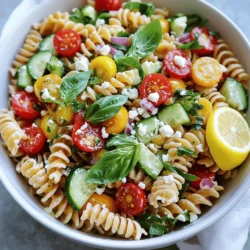 - 8 oz (about 225 g) whole wheat fusilli pasta - 1 cup cherry tomatoes, halved - 1 medium cucumber, diced into bite-sized pieces - 1/2 cup red bell pepper, diced - 1/4 cup red onion, finely chopped - 1/2 cup fresh basil leaves, roughly torn - 1/3 cup feta cheese, crumbled (optional) - Zest and juice of 1 large lemon - 3 tablespoons extra-virgin olive oil - Salt and freshly ground black pepper to taste - 1/4 teaspoon garlic powder I love using whole wheat fusilli for this salad. It gives a nice, nutty flavor. You can also try other pasta shapes like penne or rotini if you prefer. For the veggies, I recommend using fresh, ripe cherry tomatoes. Their sweetness adds a great taste. A crunchy cucumber contrasts well with the soft pasta. Red bell pepper adds a pop of color and sweetness. You can choose to add feta cheese. It adds creaminess and a salty bite. If you want a vegan option, leave out the cheese. The fresh basil leaves are key. They bring a bright, aromatic flavor that shines in the dish. The lemon zest and juice brighten every bite and make it refreshing. Using quality olive oil is crucial. It enhances the flavors and ties the salad together. Don't forget the garlic powder, salt, and pepper; they bring depth to the dressing. For the full recipe, check the details above and enjoy creating this delightful dish! To cook the pasta, boil a large pot of salted water. The salt helps season the pasta. Once the water boils, add the whole wheat fusilli. Cook it until it is al dente, which means it should be tender but still firm to the bite. This usually takes about 8 to 10 minutes, but check the package for exact times. After cooking, drain the pasta and rinse it under cold water. This stops the cooking process and cools it down. Place the cooled pasta in a large bowl. While the pasta cooks, wash and chop your vegetables. Use cherry tomatoes, cucumber, red bell pepper, and red onion. Cut them into small, even pieces. This ensures they cook and mix well with the pasta. The even sizes also make the salad look nice and appealing. Transfer all these vegetables into a separate large mixing bowl. Now it’s time to combine everything. Add the cooled pasta to the bowl with the chopped vegetables. Use a gentle touch to toss the mixture together. Be careful not to break the pasta as you mix. Start with the pasta, then add the vegetables. This order helps keep the pasta intact. For the dressing, whisk together the lemon zest, lemon juice, extra-virgin olive oil, and garlic powder in a small bowl. Whisking well helps blend all the flavors. Taste the dressing and adjust it to your liking. You can add more salt, pepper, or lemon juice if needed. This step helps you create the perfect flavor for your salad. Drizzle the dressing over the pasta and vegetable mix. Add torn basil leaves and crumbled feta cheese if you want it. Gently toss everything to coat the pasta and vegetables. This way, every bite gets a burst of flavor. The cheese adds creaminess and enhances the salad's taste. Cover the salad bowl with plastic wrap and chill it in the fridge for at least 30 minutes. This allows the flavors to meld together. Serve the salad chilled or at room temperature for the best taste. For a lovely presentation, serve it in a large white bowl. Garnish with extra basil leaves and a lemon wedge for extra color. For the full recipe, check the details above! To keep your lemon basil pasta salad fresh, use seasonal ingredients. Fresh tomatoes in summer burst with flavor. In spring, try asparagus or peas for a crisp touch. Seasonality boosts taste and nutrition. For a low-calorie dressing, mix lemon juice with Greek yogurt. This option adds creaminess without extra calories. You can also use vinegar for a tangy twist. It keeps the salad light while enhancing flavors. Herbs and spices can elevate your dish. Try adding dill or parsley for a fresh twist. A sprinkle of crushed red pepper adds a hint of heat. These flavors balance well with lemon and basil. Cheese can change how your salad tastes. Feta adds saltiness, while goat cheese gives a creamy texture. If you want something sharper, try aged cheddar. Experimenting with cheeses helps you find your favorite flavor. Plating is key for a stunning salad. Serve it in a bright white bowl to make the colors pop. Garnish with more fresh basil for a vibrant look. Add a lemon wedge on the side for flair. Choose serving dishes that enhance appeal. A large, shallow bowl shows off the salad well. For individual servings, try clear cups to display layers. Make your dish inviting to encourage others to try it! {{image_4}} You can make this salad even better! Try adding protein like grilled chicken or shrimp. Both options add flavor and make the dish more filling. For a different texture, consider adding grains like quinoa or farro. They mix well and provide a nice bite. If you need gluten-free options, use gluten-free pasta. It cooks similar to regular pasta and keeps the dish light. For a vegan version, skip the feta cheese. You can replace it with avocado for creaminess or add nuts for crunch. Add a Mediterranean twist to your salad. Incorporate olives, artichokes, or sun-dried tomatoes for a burst of flavor. You can also swap in seasonal veggies. In summer, try zucchini or bell peppers. In fall, roasted squash can add warmth and taste. To keep your lemon basil pasta salad fresh, use an airtight container. Glass or plastic containers work well. Store in the fridge for up to three days. This way, your salad stays crisp and flavorful. I do not recommend freezing the pasta salad. The tomatoes and cucumbers may turn mushy. If you want to freeze it, omit fresh veggies. Instead, freeze just the pasta and dressing. When ready to eat, thaw in the fridge overnight. You can serve the salad cold or at room temperature. If you prefer warm pasta salad, reheat gently in a pan. Add a splash of olive oil while stirring. This keeps it moist. Only heat the pasta, not the fresh veggies. Enjoy the bright flavors of lemon and basil! You can use many pasta shapes for lemon basil pasta salad. I like using whole wheat fusilli. Its spiral shape holds the dressing well. Penne, rotini, or farfalle also work great. These shapes let the flavors blend nicely. Choose what you enjoy! Yes, you can make this salad ahead of time! It tastes even better after chilling. Prepare the salad a few hours before your event. Just keep it in the fridge. This way, the flavors will blend more. Toss it gently before serving. To boost the lemon flavor, add more lemon zest. You can also add extra lemon juice. If you want a stronger taste, try using lemon oil. Drizzle it in the dressing. This adds a nice, zesty kick. Always taste as you go! If you don’t have basil, try using fresh parsley. It adds a nice green taste. Cilantro also works if you like its unique flavor. Dill can be a great choice for a fresh twist. Each herb gives a different taste, so experiment! To make this salad vegan, skip the feta cheese. Use a plant-based cheese or leave it out. For the dressing, ensure your olive oil is vegan. You can also use tahini for creaminess. This keeps all the great flavors while staying plant-based! This guide covered all key aspects of creating a delicious lemon basil pasta salad. You learned the best ingredients, cooking methods, and how to enhance flavor. We also explored storage tips and variations to fit your needs. Now, you can make a fresh, tasty salad for any occasion. Remember to use seasonal produce and experiment with flavors. Enjoy making this dish and impressing others with your skills!