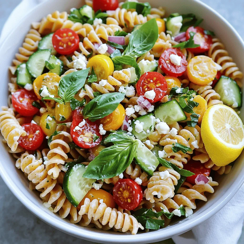 - 8 oz (about 225 g) whole wheat fusilli pasta - 1 cup cherry tomatoes, halved - 1 medium cucumber, diced into bite-sized pieces - 1/2 cup red bell pepper, diced - 1/4 cup red onion, finely chopped - 1/2 cup fresh basil leaves, roughly torn - 1/3 cup feta cheese, crumbled (optional) - Zest and juice of 1 large lemon - 3 tablespoons extra-virgin olive oil - Salt and freshly ground black pepper to taste - 1/4 teaspoon garlic powder I love using whole wheat fusilli for this salad. It gives a nice, nutty flavor. You can also try other pasta shapes like penne or rotini if you prefer. For the veggies, I recommend using fresh, ripe cherry tomatoes. Their sweetness adds a great taste. A crunchy cucumber contrasts well with the soft pasta. Red bell pepper adds a pop of color and sweetness. You can choose to add feta cheese. It adds creaminess and a salty bite. If you want a vegan option, leave out the cheese. The fresh basil leaves are key. They bring a bright, aromatic flavor that shines in the dish. The lemon zest and juice brighten every bite and make it refreshing. Using quality olive oil is crucial. It enhances the flavors and ties the salad together. Don't forget the garlic powder, salt, and pepper; they bring depth to the dressing. For the full recipe, check the details above and enjoy creating this delightful dish! To cook the pasta, boil a large pot of salted water. The salt helps season the pasta. Once the water boils, add the whole wheat fusilli. Cook it until it is al dente, which means it should be tender but still firm to the bite. This usually takes about 8 to 10 minutes, but check the package for exact times. After cooking, drain the pasta and rinse it under cold water. This stops the cooking process and cools it down. Place the cooled pasta in a large bowl. While the pasta cooks, wash and chop your vegetables. Use cherry tomatoes, cucumber, red bell pepper, and red onion. Cut them into small, even pieces. This ensures they cook and mix well with the pasta. The even sizes also make the salad look nice and appealing. Transfer all these vegetables into a separate large mixing bowl. Now it’s time to combine everything. Add the cooled pasta to the bowl with the chopped vegetables. Use a gentle touch to toss the mixture together. Be careful not to break the pasta as you mix. Start with the pasta, then add the vegetables. This order helps keep the pasta intact. For the dressing, whisk together the lemon zest, lemon juice, extra-virgin olive oil, and garlic powder in a small bowl. Whisking well helps blend all the flavors. Taste the dressing and adjust it to your liking. You can add more salt, pepper, or lemon juice if needed. This step helps you create the perfect flavor for your salad. Drizzle the dressing over the pasta and vegetable mix. Add torn basil leaves and crumbled feta cheese if you want it. Gently toss everything to coat the pasta and vegetables. This way, every bite gets a burst of flavor. The cheese adds creaminess and enhances the salad's taste. Cover the salad bowl with plastic wrap and chill it in the fridge for at least 30 minutes. This allows the flavors to meld together. Serve the salad chilled or at room temperature for the best taste. For a lovely presentation, serve it in a large white bowl. Garnish with extra basil leaves and a lemon wedge for extra color. For the full recipe, check the details above! To keep your lemon basil pasta salad fresh, use seasonal ingredients. Fresh tomatoes in summer burst with flavor. In spring, try asparagus or peas for a crisp touch. Seasonality boosts taste and nutrition. For a low-calorie dressing, mix lemon juice with Greek yogurt. This option adds creaminess without extra calories. You can also use vinegar for a tangy twist. It keeps the salad light while enhancing flavors. Herbs and spices can elevate your dish. Try adding dill or parsley for a fresh twist. A sprinkle of crushed red pepper adds a hint of heat. These flavors balance well with lemon and basil. Cheese can change how your salad tastes. Feta adds saltiness, while goat cheese gives a creamy texture. If you want something sharper, try aged cheddar. Experimenting with cheeses helps you find your favorite flavor. Plating is key for a stunning salad. Serve it in a bright white bowl to make the colors pop. Garnish with more fresh basil for a vibrant look. Add a lemon wedge on the side for flair. Choose serving dishes that enhance appeal. A large, shallow bowl shows off the salad well. For individual servings, try clear cups to display layers. Make your dish inviting to encourage others to try it! {{image_4}} You can make this salad even better! Try adding protein like grilled chicken or shrimp. Both options add flavor and make the dish more filling. For a different texture, consider adding grains like quinoa or farro. They mix well and provide a nice bite. If you need gluten-free options, use gluten-free pasta. It cooks similar to regular pasta and keeps the dish light. For a vegan version, skip the feta cheese. You can replace it with avocado for creaminess or add nuts for crunch. Add a Mediterranean twist to your salad. Incorporate olives, artichokes, or sun-dried tomatoes for a burst of flavor. You can also swap in seasonal veggies. In summer, try zucchini or bell peppers. In fall, roasted squash can add warmth and taste. To keep your lemon basil pasta salad fresh, use an airtight container. Glass or plastic containers work well. Store in the fridge for up to three days. This way, your salad stays crisp and flavorful. I do not recommend freezing the pasta salad. The tomatoes and cucumbers may turn mushy. If you want to freeze it, omit fresh veggies. Instead, freeze just the pasta and dressing. When ready to eat, thaw in the fridge overnight. You can serve the salad cold or at room temperature. If you prefer warm pasta salad, reheat gently in a pan. Add a splash of olive oil while stirring. This keeps it moist. Only heat the pasta, not the fresh veggies. Enjoy the bright flavors of lemon and basil! You can use many pasta shapes for lemon basil pasta salad. I like using whole wheat fusilli. Its spiral shape holds the dressing well. Penne, rotini, or farfalle also work great. These shapes let the flavors blend nicely. Choose what you enjoy! Yes, you can make this salad ahead of time! It tastes even better after chilling. Prepare the salad a few hours before your event. Just keep it in the fridge. This way, the flavors will blend more. Toss it gently before serving. To boost the lemon flavor, add more lemon zest. You can also add extra lemon juice. If you want a stronger taste, try using lemon oil. Drizzle it in the dressing. This adds a nice, zesty kick. Always taste as you go! If you don’t have basil, try using fresh parsley. It adds a nice green taste. Cilantro also works if you like its unique flavor. Dill can be a great choice for a fresh twist. Each herb gives a different taste, so experiment! To make this salad vegan, skip the feta cheese. Use a plant-based cheese or leave it out. For the dressing, ensure your olive oil is vegan. You can also use tahini for creaminess. This keeps all the great flavors while staying plant-based! This guide covered all key aspects of creating a delicious lemon basil pasta salad. You learned the best ingredients, cooking methods, and how to enhance flavor. We also explored storage tips and variations to fit your needs. Now, you can make a fresh, tasty salad for any occasion. Remember to use seasonal produce and experiment with flavors. Enjoy making this dish and impressing others with your skills!