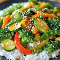 - Broccoli florets - Bell peppers (any vibrant color) - Medium carrot - Zucchini - Sugar snap peas - Garlic and ginger - Low-sodium soy sauce - Sesame oil and olive oil - Chili flakes, salt, and black pepper - Sesame seeds - Chopped green onions To make a great easy vegetable stir-fry, you need fresh ingredients. Start with bright, crunchy vegetables. You can use broccoli florets, bell peppers in any color, medium carrots, zucchini, and sugar snap peas. These veggies offer taste, color, and texture. Next, gather your aromatics and seasonings. Garlic and ginger bring a strong flavor. Low-sodium soy sauce adds saltiness, while sesame oil gives a nutty taste. Olive oil works well for cooking. If you want heat, add chili flakes, salt, and black pepper to taste. For the final touch, consider optional garnishes. Sesame seeds and chopped green onions add nice crunch and freshness. You can find the full recipe with detailed steps to make this dish truly shine! - Wash and cut vegetables. - Measure out sauces and oils. First, you want to wash all your vegetables. Rinse them under cool water. This helps remove dirt and any chemicals. Next, cut the vegetables. Make sure they are in the right shapes. This helps them cook evenly. Now, measure your sauces and oils. You will need two tablespoons of low-sodium soy sauce, one tablespoon of sesame oil, and one tablespoon of olive oil. Having these ready makes cooking easier. - Heat the pan and sauté aromatics. - Add vegetables in order of cooking time. - Season and finish cooking. Heat a large non-stick skillet or wok over medium-high heat. Add the olive oil. Wait until it shimmers before adding anything else. Next, add minced garlic and grated ginger to the pan. Stir-fry for about 30 seconds. You want it to smell good and turn golden. Now, it's time for the vegetables. Start with broccoli, bell pepper, and carrot. These take longer to soften. Stir-fry for 3-4 minutes. They should become slightly tender. After that, add zucchini and sugar snap peas. Stir continuously for 2-3 more minutes. All vegetables should look bright and crisp. Season the stir-fry with soy sauce and sesame oil. If you like spice, add chili flakes. Mix well to ensure every vegetable gets coated. Finally, season with salt and black pepper to taste. - Garnish with sesame seeds and green onions. - Recommended serving accompaniments. Take the pan off the heat. Sprinkle sesame seeds and chopped green onions on top. This adds a nice crunch and fresh taste. You can serve this stir-fry over steamed rice or noodles. This makes a perfect meal. For the full recipe, check the section above! To get the best texture in your stir-fry, use high heat. High heat cooks the vegetables quickly, keeping them crisp and colorful. I often preheat my pan until it's hot before adding any oil. This helps the veggies sear instead of steam. Use a non-stick skillet or wok for easier cooking. Stir-frying is all about timing. Start with veggies that take longer to cook, like broccoli and carrots. After a few minutes, add quicker-cooking ones, like zucchini and snap peas. This way, everything cooks evenly, and you avoid mushy vegetables. You can boost the flavor of your stir-fry with sauces and spices. Soy sauce adds saltiness, while sesame oil gives a nutty taste. Try adding a splash of rice vinegar for a tangy twist. You can also sprinkle in some chili flakes for heat, if you like. If you want more protein, add tofu, chicken, or shrimp. Cook them first and set aside. Then, add them back in just before serving. This keeps the protein juicy and flavorful while your veggies stay fresh. A common mistake is overcooking vegetables. When they lose their bright colors and crunch, they taste less fresh. Keep an eye on the time and stir often. Another mistake is not prepping ingredients ahead of time. Chop your veggies and measure out sauces before you start cooking. This way, you can focus on stir-frying without rushing. It makes the whole process smoother and fun! For the full recipe, check out the Vibrant Veggie Delight Stir-Fry. {{image_4}} You can make your vegetable stir-fry even better with plant-based proteins. Try adding tofu or tempeh for a hearty touch. Chickpeas or edamame also work well. They boost protein and flavor. For sauces, swap soy sauce for tamari or coconut aminos for gluten-free options. Sesame or peanut sauce can add a new twist too. To keep things fresh, use seasonal veggies. In spring, asparagus and snap peas shine. Summer brings zucchini and bell peppers. Fall is great for squash and carrots. Winter veggies like kale or Brussels sprouts add depth. You can also use local produce to support farmers and enjoy fresh flavors. While stir-frying is quick and fun, oven-roasting brings out sweet flavors. Toss your veggies with oil and spices, then bake at 400°F for about 20 minutes. This method gives a nice char. If you prefer low and slow, use a slow cooker. Add your veggies with sauce and cook on low for 4-6 hours. This creates a comforting, hearty dish. For the full recipe, check out the Vibrant Veggie Delight Stir-Fry! To keep your leftover stir-fry fresh, let it cool first. Place it in an airtight container. This helps lock in flavor and moisture. Store it in the fridge for up to three days. For best taste, eat it sooner. When packing, use smaller containers. This makes it easy to grab just what you need. The best way to reheat stir-fry is in a pan. Use medium heat and add a splash of water or oil. This keeps the veggies crisp and tasty. Stir often to make sure it heats evenly. You can also use a microwave. Cover it to keep moisture in but check often to avoid sogginess. Yes, you can freeze this stir-fry! Let it cool completely before freezing. Use a freezer-safe bag or container. Remove as much air as possible to prevent freezer burn. To defrost, place it in the fridge overnight. You can also use the microwave on the defrost setting. Heat it on the stove to bring back that fresh taste. Making an easy vegetable stir-fry takes about 15 minutes. You need 10 minutes for prep and 5 minutes for cooking. This quick meal is perfect for busy days. You can add many protein options to your stir-fry. Some common choices include: - Chicken breast, sliced thin - Shrimp or prawns - Firm tofu, cut into cubes - Cooked beans, like chickpeas or black beans These options make the dish hearty and filling. Yes, you can use frozen vegetables. They are quick and easy to use. Just remember to thaw them first. Fresh vegetables have a better crunch, but frozen can save time. If using frozen, cook them a bit longer. Serve your vegetable stir-fry over a bed of rice or noodles. This adds substance. You can also pair it with: - Steamed rice - Fried rice - Quinoa For a fresh twist, add a sprinkle of sesame seeds or chopped green onions on top. You can find the full recipe for a vibrant veggie delight stir-fry in this article. In this blog post, I shared a simple guide to making a vegetable stir-fry. We reviewed fresh veggies, seasonings, and optional garnishes. I walked you through preparation, cooking steps, and serving suggestions. Plus, I offered tips to achieve the best texture and flavor. Don’t forget about variations and proper storage for leftovers. Making stir-fry is fun and satisfying. You can enjoy a healthy meal with easy swaps. Now, get cooking and enjoy your colorful, tasty dish!