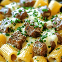 - Sirloin steak - Unsalted butter - Garlic - Fresh rosemary - Salt and pepper - Vegetable broth - Heavy cream - Parmesan cheese - Rigatoni pasta - Mozzarella cheese - Chives You can swap sirloin steak for flank or skirt steak if needed. For dairy-free options, use coconut cream and nutritional yeast instead of heavy cream and cheese. If you want to change the herbs, try thyme or basil for a different flavor. To make this dish, you will need: - Skillet - Pot for boiling pasta - Colander - Measuring cups and spoons Using the right tools makes cooking easier and more fun. A good skillet helps sear the steak well, while a pot with plenty of space ensures the rigatoni cooks evenly. These tools will help you create a meal that impresses everyone at the table. For the Full Recipe, you can find all the steps combined, making it easy to follow along. To make the rigatoni, start by boiling water in a big pot. Add a good amount of salt. This step is key. The salt helps flavor the pasta as it cooks. Bring the water to a rolling boil. Then, add the rigatoni pasta. Cook it for about 10 to 12 minutes. You want it to be al dente, which means it should still have a slight bite. Once done, drain the pasta in a colander and set it aside. While the pasta cooks, let’s prepare the steak. First, cut the sirloin steak into bite-sized cubes. Then, season these cubes with salt and black pepper. Make sure every piece gets coated well. This helps bring out the steak's natural flavor. Now, heat a large skillet on medium-high heat. Add 2 tablespoons of butter. Once the butter is melted and sizzling, add the steak cubes. Don't crowd the pan; cook in batches if needed. Sear each side for about 2 to 3 minutes. This creates a lovely brown crust. Next, we make the garlic butter sauce. After searing the steak, it’s time to add flavor. Stir in the minced garlic and chopped rosemary. Sauté for a minute, but keep an eye on it to avoid burning. Then, pour in 1 cup of vegetable broth and 1 cup of heavy cream. Stir well and let it simmer for 3 to 4 minutes. This allows the sauce to thicken. Now, gradually add in the grated Parmesan cheese. Stir until it melts into a creamy sauce. For a richer flavor, toss in the remaining butter. Mix until well combined. Now, you’re ready to follow the Full Recipe and bring this delicious dish to life! For perfect steak tips, aim for a cooking temperature of 130°F to 135°F for medium-rare. Use a meat thermometer to check. This ensures a tender bite without being chewy. Avoid overcooking by removing the steak from heat as soon as it reaches your desired doneness. Letting it rest also helps keep it juicy. To achieve a silky sauce, add the heavy cream slowly. Stir it in gently to avoid lumps. As you mix, the sauce will thicken nicely. When combining pasta and sauce, use tongs for even distribution. This helps every noodle get a good coating of that creamy goodness. Pair the dish with a fresh side salad or grilled vegetables for balance. For presentation, serve in wide bowls. Top with extra chives and Parmesan for a pop of color. A drizzle of olive oil can elevate the look and flavor, making your meal visually appealing and delicious. {{image_4}} You can add extra veggies to your Garlic Butter Steak Tips with Cheesy Rigatoni. Try bell peppers, zucchini, or spinach for more color and flavor. These veggies cook quickly and add nutrition. You can also use different pasta shapes. Penne, fusilli, or even macaroni can work well. Each shape holds the sauce differently, giving you a new taste experience. To spice things up, consider adding a pinch of red pepper flakes or a dash of hot sauce. This adds warmth without overpowering the dish. You can also try different cheese options or blends. Gouda, cheddar, or a mix of Italian cheeses can create unique flavors. Experiment with what you have on hand to find your favorite mix. If you need gluten-free options, use gluten-free pasta. Many brands offer great alternatives that taste good. For a low-carb version, try zucchini noodles or spaghetti squash instead of pasta. These options keep the dish light and fresh while still being delicious. You can enjoy the same great flavors without the carbs. To keep your Garlic Butter Steak Tips with Cheesy Rigatoni fresh, store leftovers properly. First, let the dish cool down to room temperature. Then, place it in an airtight container. This helps prevent any strong odors from mixing with your food. You can store the dish in the fridge for up to three days. For best taste, eat it sooner rather than later. When you reheat your leftovers, aim to keep them tasty. The best method is to use a skillet on low heat. Stir often for even warmth. You can also add a splash of cream or broth to keep it creamy. Reheating usually takes about 5 to 10 minutes. If you prefer using a microwave, do so in short bursts of 30 seconds. Stir in between bursts for even heating. Yes, you can freeze this dish! To do this, let it cool completely. Then, transfer it to a freezer-safe container. Make sure to label it with the date, so you remember when you made it. You can freeze it for up to 3 months. When you’re ready to eat, thaw it in the fridge overnight. Reheat it as mentioned above for the best results. Enjoy your meal just like it was freshly made! To marinate steak for this recipe, you want bold flavors. A simple mix of olive oil, salt, and pepper works wonders. You can also add garlic or herbs for extra taste. Let the steak sit in the marinade for at least 30 minutes, or up to a few hours. This allows the meat to absorb the flavors. If you have time, marinating overnight is best. Just remember to keep it in the fridge! Yes, you can make Garlic Butter Steak Tips ahead of time. Cook the steak and pasta, then let them cool. Store them in separate airtight containers in the fridge for up to three days. When you are ready to eat, just reheat them in a skillet. Add a splash of broth or cream to keep everything moist. The flavors will still be delicious! You can easily make a vegetarian version of this dish. Instead of steak, use hearty vegetables like mushrooms or eggplant. Sauté them in garlic and butter for great flavor. For the sauce, swap heavy cream with coconut cream or a cashew cream blend. This gives a rich texture without dairy. For pasta, stick with rigatoni or any shape you prefer. Enjoy the same yummy flavors with these veggie swaps! This article covered essential ingredients needed for creamy garlic butter steak tips and rigatoni. We explored ingredient substitutions, tools required, and step-by-step cooking instructions. I shared tips for perfect steak and creamy sauces, along with ideas for serving and variations. Remember, you can customize this dish to fit your tastes and dietary needs. Use the storage and reheating guidelines to keep your meal fresh. With these techniques, your dish will shine at any table. Enjoy each bite of your delicious creation!