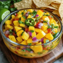 When choosing mangos, look for ripe ones. They should feel slightly soft when you press them gently. The skin color can vary, but it should have some yellow or red tones. A ripe mango smells sweet near the stem. These traits ensure your salsa tastes fresh and sweet. Here’s what else you need for a delicious mango salsa: - 2 ripe mangos, diced into small cubes - 1 small red onion, finely chopped for sweetness - 1 red bell pepper, diced for crunch - 1 jalapeño pepper, deseeded and minced for heat - 1/4 cup fresh cilantro, roughly chopped - Juice of 2 limes for brightness - 1 tablespoon honey for a touch of sweetness - Salt, to taste These ingredients blend well to create a vibrant dip that everyone will love. Want to add some creaminess? You can include: - 1 ripe avocado, diced Adding avocado makes the salsa rich and creamy. It pairs nicely with the other flavors. You can choose to leave it out if you prefer a lighter dip. Enjoy experimenting with your mango salsa! First, gather all your ingredients. You need ripe mangos, red onion, red bell pepper, and jalapeño. Dice the mangos into small cubes. Chop the onion finely to bring sweetness. Dice the red bell pepper for some crunch. Mince the jalapeño pepper and take out the seeds for less heat. Lastly, chop the cilantro and squeeze the limes to get the juice. Optional: dice the avocado for a creamy touch. In a medium bowl, combine the diced mangos, red onion, red bell pepper, and jalapeño. This mix will make your salsa colorful and fresh. Next, add the chopped cilantro. Pour in the lime juice and honey, mixing sweet with tangy. Using a spatula, gently toss everything together. Make sure the mangos and veggies are coated well. Season your salsa with salt to taste. Mix it well to boost the flavor. If you want creaminess, fold in the diced avocado. Be gentle to keep the pieces whole. Once done, cover the bowl with plastic wrap. Let it rest at room temperature for 15-30 minutes. This lets the flavors blend nicely. Serve your mango salsa with tortilla chips or on tacos. Enjoy the fresh taste! Check the Full Recipe for more details. To make the best mango salsa, pick ripe mangos. A ripe mango feels slightly soft when you press it. It should give a little but not be mushy. The skin may have a mix of green and yellow. You want it to smell sweet near the stem. If it’s too hard, let it sit on the counter for a day or two. This helps it ripen nicely. To boost flavors, add fresh lime juice. It brings brightness and balance. You can also experiment with herbs. Try mint or basil for a twist. If you like more heat, add a bit more jalapeño. Taste as you go to find your perfect mix. Honey adds a nice sweetness, but you can use agave syrup too. Adjust salt to make all the flavors pop. Mango salsa shines with tortilla chips. Serve it as a dip for parties. It also pairs well with grilled meats. Try it on chicken or fish for a fresh topping. You can add it to tacos or salads for extra zest. For a fun twist, use it in wraps or sandwiches. The options are endless. For the full recipe, check out the Mango Salsa Fiesta. {{image_4}} You can change your mango salsa to fit your taste. Add diced pineapple for sweetness. Chopped kiwi brings a fun tartness. Try some diced peaches for a juicy twist. Mixing in these fruits adds a tropical vibe. It makes your salsa even more fun and colorful! If you love spice, add more jalapeño or a pinch of cayenne. For a milder flavor, remove all seeds from the jalapeño. You can also swap jalapeños with sweet peppers. This way, you keep the taste without the heat. Your salsa can be as spicy or mild as you want! This mango salsa fits many diets. If you're vegan, skip the honey or use agave syrup. For gluten-free needs, it’s great with corn chips. If you want healthy fats, add diced avocado. Each choice adds unique flavors while fitting your diet. You can enjoy this salsa no matter your eating style! For the full recipe, check out the Full Recipe section. To keep your mango salsa fresh, store it in an airtight container. This helps lock in flavors and moisture. Place the salsa in the fridge right after making it. If you plan to serve it later, use a bowl with a tight lid. This prevents air exposure, which can cause spoilage. Mango salsa lasts about 3 to 5 days in the fridge. After that, the freshness fades, and the flavors change. Always check for any off smells or changes in texture before using. If the salsa looks watery or has brown spots, it's best to throw it away. You can freeze mango salsa if you want to keep it longer. However, the texture may change when thawed. To freeze, use a freezer-safe bag. Remove as much air as possible before sealing. It can last up to 3 months in the freezer. When ready to use, thaw it in the fridge overnight. Use a gentle stir to mix the ingredients back together before serving. For the best taste, try to use the salsa fresh. For more details, check the Full Recipe. You can enjoy mango salsa with many dishes. It pairs well with crispy tortilla chips. Use it as a dip for your next party. You can also add it to grilled chicken or fish. It brightens up tacos and burritos too. You can even top your salads with it for a fresh twist. The flavors of the salsa add a nice zing to any meal. To add more heat, use more jalapeño pepper. You can also try adding diced serrano peppers. These peppers pack a punch! If you want, mix in some crushed red pepper flakes. Another option is to add a dash of hot sauce. Start with a little and taste as you go. This way, you control the spice level. Yes, you can use frozen mango for this recipe. Just make sure to thaw it first. Drain any excess liquid before using. Frozen mango works well, but fresh mango offers the best taste. If you use frozen mango, your salsa might be a bit softer. Still, it will taste great! For the full recipe, check the [Full Recipe]. Mango salsa brings fresh flavors and joy to your meals. We explored how to select ripe mangoes and mix key ingredients. You learned tips for enhancing taste and serving ideas. Remember, you can adjust the recipe for heat and dietary needs. Proper storage helps keep your salsa fresh longer. With this knowledge, you can create a delightful treat. Enjoy your mango salsa with friends and family!