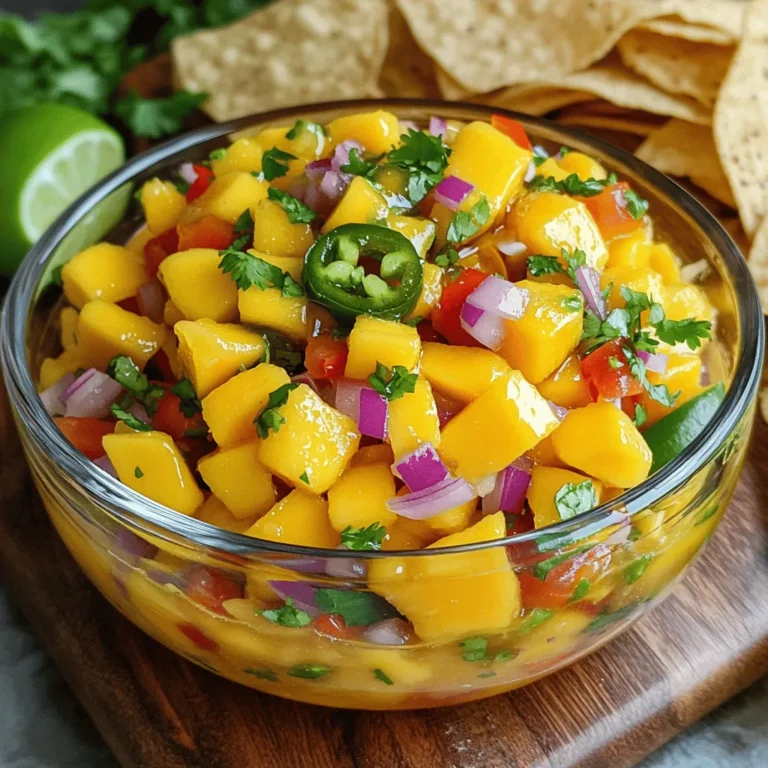 When choosing mangos, look for ripe ones. They should feel slightly soft when you press them gently. The skin color can vary, but it should have some yellow or red tones. A ripe mango smells sweet near the stem. These traits ensure your salsa tastes fresh and sweet. Here’s what else you need for a delicious mango salsa: - 2 ripe mangos, diced into small cubes - 1 small red onion, finely chopped for sweetness - 1 red bell pepper, diced for crunch - 1 jalapeño pepper, deseeded and minced for heat - 1/4 cup fresh cilantro, roughly chopped - Juice of 2 limes for brightness - 1 tablespoon honey for a touch of sweetness - Salt, to taste These ingredients blend well to create a vibrant dip that everyone will love. Want to add some creaminess? You can include: - 1 ripe avocado, diced Adding avocado makes the salsa rich and creamy. It pairs nicely with the other flavors. You can choose to leave it out if you prefer a lighter dip. Enjoy experimenting with your mango salsa! First, gather all your ingredients. You need ripe mangos, red onion, red bell pepper, and jalapeño. Dice the mangos into small cubes. Chop the onion finely to bring sweetness. Dice the red bell pepper for some crunch. Mince the jalapeño pepper and take out the seeds for less heat. Lastly, chop the cilantro and squeeze the limes to get the juice. Optional: dice the avocado for a creamy touch. In a medium bowl, combine the diced mangos, red onion, red bell pepper, and jalapeño. This mix will make your salsa colorful and fresh. Next, add the chopped cilantro. Pour in the lime juice and honey, mixing sweet with tangy. Using a spatula, gently toss everything together. Make sure the mangos and veggies are coated well. Season your salsa with salt to taste. Mix it well to boost the flavor. If you want creaminess, fold in the diced avocado. Be gentle to keep the pieces whole. Once done, cover the bowl with plastic wrap. Let it rest at room temperature for 15-30 minutes. This lets the flavors blend nicely. Serve your mango salsa with tortilla chips or on tacos. Enjoy the fresh taste! Check the Full Recipe for more details. To make the best mango salsa, pick ripe mangos. A ripe mango feels slightly soft when you press it. It should give a little but not be mushy. The skin may have a mix of green and yellow. You want it to smell sweet near the stem. If it’s too hard, let it sit on the counter for a day or two. This helps it ripen nicely. To boost flavors, add fresh lime juice. It brings brightness and balance. You can also experiment with herbs. Try mint or basil for a twist. If you like more heat, add a bit more jalapeño. Taste as you go to find your perfect mix. Honey adds a nice sweetness, but you can use agave syrup too. Adjust salt to make all the flavors pop. Mango salsa shines with tortilla chips. Serve it as a dip for parties. It also pairs well with grilled meats. Try it on chicken or fish for a fresh topping. You can add it to tacos or salads for extra zest. For a fun twist, use it in wraps or sandwiches. The options are endless. For the full recipe, check out the Mango Salsa Fiesta. {{image_4}} You can change your mango salsa to fit your taste. Add diced pineapple for sweetness. Chopped kiwi brings a fun tartness. Try some diced peaches for a juicy twist. Mixing in these fruits adds a tropical vibe. It makes your salsa even more fun and colorful! If you love spice, add more jalapeño or a pinch of cayenne. For a milder flavor, remove all seeds from the jalapeño. You can also swap jalapeños with sweet peppers. This way, you keep the taste without the heat. Your salsa can be as spicy or mild as you want! This mango salsa fits many diets. If you're vegan, skip the honey or use agave syrup. For gluten-free needs, it’s great with corn chips. If you want healthy fats, add diced avocado. Each choice adds unique flavors while fitting your diet. You can enjoy this salsa no matter your eating style! For the full recipe, check out the Full Recipe section. To keep your mango salsa fresh, store it in an airtight container. This helps lock in flavors and moisture. Place the salsa in the fridge right after making it. If you plan to serve it later, use a bowl with a tight lid. This prevents air exposure, which can cause spoilage. Mango salsa lasts about 3 to 5 days in the fridge. After that, the freshness fades, and the flavors change. Always check for any off smells or changes in texture before using. If the salsa looks watery or has brown spots, it's best to throw it away. You can freeze mango salsa if you want to keep it longer. However, the texture may change when thawed. To freeze, use a freezer-safe bag. Remove as much air as possible before sealing. It can last up to 3 months in the freezer. When ready to use, thaw it in the fridge overnight. Use a gentle stir to mix the ingredients back together before serving. For the best taste, try to use the salsa fresh. For more details, check the Full Recipe. You can enjoy mango salsa with many dishes. It pairs well with crispy tortilla chips. Use it as a dip for your next party. You can also add it to grilled chicken or fish. It brightens up tacos and burritos too. You can even top your salads with it for a fresh twist. The flavors of the salsa add a nice zing to any meal. To add more heat, use more jalapeño pepper. You can also try adding diced serrano peppers. These peppers pack a punch! If you want, mix in some crushed red pepper flakes. Another option is to add a dash of hot sauce. Start with a little and taste as you go. This way, you control the spice level. Yes, you can use frozen mango for this recipe. Just make sure to thaw it first. Drain any excess liquid before using. Frozen mango works well, but fresh mango offers the best taste. If you use frozen mango, your salsa might be a bit softer. Still, it will taste great! For the full recipe, check the [Full Recipe]. Mango salsa brings fresh flavors and joy to your meals. We explored how to select ripe mangoes and mix key ingredients. You learned tips for enhancing taste and serving ideas. Remember, you can adjust the recipe for heat and dietary needs. Proper storage helps keep your salsa fresh longer. With this knowledge, you can create a delightful treat. Enjoy your mango salsa with friends and family!