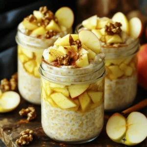 - 1 cup rolled oats - 1 cup almond milk (or preferred milk variety) - 1 medium sweet apple, grated - 1 tablespoon chia seeds - 1 teaspoon ground cinnamon - 1 tablespoon maple syrup (or honey) - 1/2 teaspoon pure vanilla extract - A pinch of salt - 1/4 cup chopped walnuts (optional) To make Apple Cinnamon Overnight Oats, gather your ingredients. The rolled oats form the base. They soak up the almond milk and create a creamy texture. Almond milk adds a nice flavor and keeps it dairy-free. If you prefer, use cow's milk or any milk you like. Grating the sweet apple gives a burst of fresh flavor. It blends well with the oats and spices. Chia seeds add a nice touch. They help thicken the oats and add fiber. Ground cinnamon brings warmth and spice. It makes the oats taste cozy and comforting. Maple syrup or honey sweetens the dish. You can adjust this to fit your taste. Pure vanilla extract adds a hint of sweetness. Finally, a little salt enhances all these flavors. If you want some crunch, toss in walnuts. They add great texture. - Fresh apple slices - Extra sprinkle of cinnamon For a beautiful finish, add fresh apple slices on top. They make the dish look nice and fresh. An extra sprinkle of cinnamon boosts the flavor. These garnishes are simple but elevate your oats. For the full recipe, check the [Full Recipe]. Enjoy your tasty and healthy breakfast! Start by getting a mixing bowl. In that bowl, add 1 cup of rolled oats. Next, pour in 1 cup of almond milk. After that, grate 1 medium sweet apple and add it to the oats. This mixture gives your oats a fruity taste. Then, sprinkle in 1 tablespoon of chia seeds, 1 teaspoon of ground cinnamon, and 1 tablespoon of maple syrup. Add 1/2 teaspoon of pure vanilla extract and a pinch of salt. These ingredients help create a sweet and warm flavor. Now, mix everything well. You want to make sure the oats soak up the almond milk. This helps blend the flavors together. Once mixed, divide the mixture into two jars. Seal the jars tightly and place them in the refrigerator. Let them chill overnight. If you are short on time, a soak of at least 4 hours works too. This soaking time is key. It softens the oats and makes them easy to eat. The next morning, take the jars from the fridge. Stir the oats well before serving. If the mixture seems too thick, add a splash of almond milk. This helps achieve your desired texture. For a tasty touch, top each jar with fresh apple slices and a sprinkle of chopped walnuts. A light dusting of cinnamon adds a nice finish. This not only makes your dish look great but also enhances the flavor. Enjoy your Apple Cinnamon Overnight Oats! To adjust the thickness of your oats, you can add more almond milk. If your oats are too thick, just splash in a bit more milk. This will help create your desired texture. For soaking time, aim for at least four hours. Overnight soaking is best. This allows the oats to soak up the liquid fully. They will soften and become creamy, giving you a perfect bite. To boost flavor, consider adding a dash of nutmeg or ginger. You can also drizzle in extra maple syrup if you like it sweeter. These spices can take your oats to a new level. When choosing apples, select sweet varieties like Fuji or Honeycrisp. Their natural sweetness will blend well with cinnamon. Grating the apple helps it mix evenly throughout the oats. For a fun presentation, layer your oats with apple slices and walnuts in clear jars. This creates a beautiful look and shows off the colors. Using glass jars also adds a nice touch and makes breakfast feel special. To make it even more appealing, you can top the jars with fresh apple slices and a sprinkle of cinnamon. This adds both flavor and a pop of color to your dish. {{image_4}} You can make your apple cinnamon overnight oats even better by adding dried fruits or nuts. Try raisins, cranberries, or apricots for a sweet twist. Nuts like pecans or almonds can add crunch. You can also use different spices. Nutmeg or cardamom can give it a new flavor. Just a pinch can change everything! If you want to change the milk, you have options. Oat milk is creamy and works great. Coconut milk adds a tropical vibe. You can also use regular dairy milk if you like. Each milk choice will change the taste slightly. Feel free to experiment to find your favorite! To keep it vegan, use maple syrup instead of honey. For gluten-free oats, make sure to check the label. Some oats are processed with gluten products. You can swap chia seeds with flaxseeds if you prefer. These swaps ensure that everyone can enjoy this dish. For the full recipe, check out the details provided above! Storing your Apple Cinnamon Overnight Oats is simple. Use airtight jars or containers. This keeps the oats fresh and prevents strong odors from other foods in your fridge. Always let the oats cool before sealing them. This will help avoid condensation inside the jar, which can make them soggy. Apple Cinnamon Overnight Oats stay fresh for about three to five days in the fridge. The oats will absorb more liquid over time, so they may become thicker. If they get too thick, just stir in a bit of almond milk to reach your desired texture. Yes, you can freeze overnight oats! To freeze, follow these steps: - Prepare the oats as usual, but skip adding fresh toppings like apples and walnuts. - Pour the mixture into freezer-safe containers, leaving space for expansion. - Seal tightly and label with the date. To thaw, move the oats to the fridge overnight. In the morning, stir well and add fresh toppings before enjoying. To make your Apple Cinnamon Overnight Oats more filling, add protein or healthy fats. You can try: - A scoop of Greek yogurt for creamy texture and protein. - A tablespoon of nut butter, like almond or peanut, for flavor and healthy fats. - A sprinkle of hemp seeds or sunflower seeds for extra crunch and nutrients. These ingredients not only add filling power but also boost the nutrition of your oats. Yes, you can prepare overnight oats in advance! I recommend making them up to three days ahead. Just store them in airtight jars in the fridge. This way, you save time on busy mornings. Each jar will stay fresh, and the flavors will blend nicely. Overnight oats are packed with benefits. Here are some highlights: - Fiber: Oats are high in fiber, which helps with digestion and keeps you full. - Vitamins: Apples add vitamins A and C, boosting your immune system. - Antioxidants: Cinnamon has antioxidants that may help reduce inflammation. - Energy: The combination of oats and apple provides steady energy throughout the day. Eating overnight oats can support a healthy lifestyle! You can use quick oats, but expect a different texture. Quick oats are thinner and will soak up liquid faster. This may lead to a mushier result. If you prefer a chewier bite, stick with rolled oats. They provide a heartier texture and better flavor. Absolutely! This recipe is great for meal prep. You can easily double or triple the ingredients to make a larger batch. Just portion them into individual jars. They stay fresh in the fridge for several days. This way, you can grab a jar on the go and enjoy a healthy breakfast anytime. For the full recipe, check out the detailed instructions above. Apple Cinnamon Overnight Oats are easy to make and delicious. You mix oats, almond milk, and sweet apple, add chia seeds, and more. Let the mixture chill overnight for a tasty breakfast. You can also tweak it with optional spices, different milk, or garnishes. Proper storage helps keep it fresh, and it's great for meal prep. Remember, there are many ways to enjoy this dish. Try different flavors and enjoy a healthy start to your day!