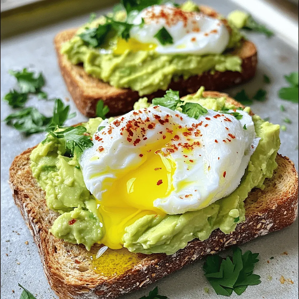 To make avocado toast with a poached egg, gather these simple ingredients: - Whole grain bread - Ripe avocado - Eggs - Fresh lemon juice - Garlic powder - Red chili flakes - Salt and pepper - Fresh herbs - Extra virgin olive oil These ingredients come together to create a meal that is both tasty and healthy. I love using whole grain bread for its nutty flavor and hearty texture. The ripe avocado is creamy and rich, making it the star of this dish. For the eggs, I prefer large ones because they poach beautifully. Fresh lemon juice adds a nice zing to the avocado, while garlic powder gives it depth. Red chili flakes bring heat, which I enjoy, but you can adjust this to your taste. Don't forget the salt and pepper! They enhance all the flavors. Fresh herbs like parsley or cilantro add a pop of color and freshness. Lastly, a drizzle of extra virgin olive oil ties everything together, adding richness to each bite. For the full recipe, check out [Full Recipe]. To start, choose whole grain bread for great flavor and health benefits. You can toast it in a toaster or on a skillet. If using a skillet, heat it over medium heat. Add a tiny amount of olive oil for extra crispiness. Toast until golden-brown. This step builds a strong base for your toppings. Next, grab a ripe avocado. Cut it in half, remove the pit, and scoop the flesh into a bowl. Use a fork to mash it. Aim for a creamy texture, but a few chunks add nice character. Mix in one tablespoon of lemon juice. This adds flavor and keeps the green color. Sprinkle in garlic powder, salt, and black pepper for a tasty boost. For the poached eggs, fill a saucepan with water. Heat it gently until it simmers. Optionally, add a splash of vinegar. This helps the eggs hold their shape. Crack each egg into a small dish. Then, slide them into the water carefully. Cook for 3-4 minutes. You want the whites set and the yolks runny. Now, it’s time to assemble your toast. Spread the mashed avocado generously over each slice of toast. Make sure to cover every edge. Then, place a poached egg on top of the avocado. As you cut into the egg, the yolk should flow out. For a finishing touch, sprinkle red chili flakes for heat. Drizzle some olive oil on top for richness. Garnish with chopped parsley or cilantro for color. This simple process results in a lovely plate of avocado toast with poached egg, made with care and flavor. For more details, check out the Full Recipe. To get a perfect poached egg, many run into common pitfalls. One mistake is cooking the eggs at too high a temperature. The water should simmer gently, not boil. If the water is too hot, the whites can break apart. Another issue is cracking the eggs directly into the pot. Instead, crack them into a small dish first. This gives you more control. Using vinegar can help too. A splash of vinegar in the water helps the egg whites stay together. It’s not necessary, but it can improve your results. Just don’t add too much; a tablespoon is enough. To make your avocado toast pop, think about creative seasoning ideas. Besides salt and pepper, try adding a pinch of smoked paprika or even a dash of cayenne pepper for heat. You can also mix in fresh herbs into the avocado, like cilantro or chives. If you want to switch things up, consider alternative toppings. Sliced radishes or cherry tomatoes add color and crunch. A sprinkle of feta cheese brings a salty bite that pairs well with the creamy avocado. Pair your avocado toast with a refreshing drink. A cold glass of freshly squeezed orange juice is a classic choice. If you prefer something warm, try a cup of herbal tea. Complementary sides can elevate your meal. Adding a small side salad with mixed greens brightens the plate. You could also serve it with fresh fruit, like slices of watermelon or berries. For a heartier option, consider a side of crispy bacon or smoked salmon. Feel free to explore the [Full Recipe] for a complete guide to this tasty meal! {{image_4}} You can add many toppings to your avocado toast. Here are a few fun ideas: - Other vegetables: Try sliced tomatoes, radishes, or cucumbers. They add crunch and flavor. - Different cheese options: Feta, goat cheese, or fresh mozzarella can elevate your toast. Each cheese brings its own unique taste. If you want to make this dish suit your diet, consider these options: - Vegan alternatives: Replace the poached eggs with sliced cherry tomatoes or marinated tofu. You still get great taste. - Gluten-free options: Use gluten-free bread instead of whole grain. This keeps the meal safe for gluten-free diets. You can also give your toast a regional flair: - Mediterranean style: Add olives, sun-dried tomatoes, and a drizzle of balsamic glaze. This twist adds rich Mediterranean flavors. - Asian-inspired toppings: Top with pickled ginger, sesame seeds, and sliced scallions. These ingredients add a fresh, zesty taste. These variations make avocado toast fun and exciting. Each twist lets you explore new flavors while enjoying the classic base. For a complete guide, check the Full Recipe. To store mashed avocado, place it in an airtight container. Add a thin layer of lemon juice on top. This helps keep it fresh and green. Seal the container tightly and store it in the fridge. Use it within one day for the best taste. For leftover toast, it’s best to eat it fresh. If you have extra slices, wrap them in foil. Store them at room temperature for a few hours. For longer storage, put the toast in the fridge. Reheat it in a toaster or an oven before serving. You can make parts of this dish ahead of time. Mash the avocado and store it as mentioned. You can also toast the bread in advance. Just keep it in a sealed bag at room temperature. When you are ready to eat, reheat the toast. Poach the eggs fresh for the best taste. This way, you can enjoy a quick meal on busy mornings. To make perfect poached eggs, you need to control heat and timing. - Use fresh eggs, as they hold their shape better. - Bring water to a gentle simmer, not a rolling boil. - Adding a splash of vinegar helps the egg whites stay together. Slide the eggs in gently and cook them for 3-4 minutes. Check the whites; they should be firm while the yolks stay soft. Yes, you can microwave eggs for a quick option. - Crack an egg into a microwave-safe bowl. - Add a splash of water and cover it with a microwave-safe plate. - Microwave for about 30 seconds or until cooked to your liking. This method is fast but can be less precise than poaching. Avocado toast offers a good mix of nutrients. - Whole grain bread provides fiber and B vitamins. - Avocado is rich in healthy fats, vitamins E and K. - Eggs add protein, vitamin D, and essential minerals. This meal is balanced and can keep you full longer. For more details, refer to the Full Recipe. In this post, we shared the essentials for making great avocado toast. We covered the ingredients, from whole grain bread to fresh herbs. You learned how to prepare and assemble each component for the best flavor and texture. We also explored tips for perfect poached eggs and unique topping ideas. Remember, avocado toast is versatile. It can be made in many ways to fit your taste. Have fun experimenting with flavors and toppings! Enjoy your delicious breakfast creation.