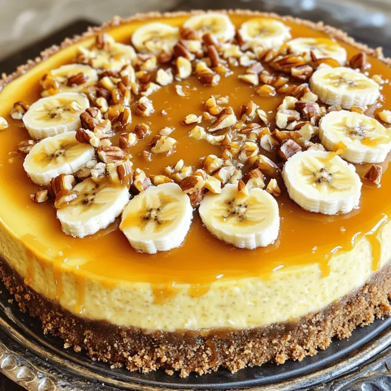 - 1 ½ cups graham cracker crumbs - ½ cup unsalted butter, melted - ¼ cup packed brown sugar - 1 teaspoon ground cinnamon - 16 oz cream cheese, softened to room temperature - 1 cup granulated sugar - 3 large eggs, at room temperature - 2 ripe bananas, mashed until smooth - 1 teaspoon pure vanilla extract - ½ cup sour cream - ¼ cup all-purpose flour - ½ teaspoon baking powder - 1 cup granulated sugar - 6 tablespoons unsalted butter, cut into pieces - ½ cup heavy cream, warmed - Pinch of fine sea salt - ½ cup chopped mixed nuts (could include walnuts, pecans, or almonds) - 1 ripe banana, sliced for garnish This Banana Caramel Nut Cheesecake uses simple ingredients for a rich flavor. The crust blends graham cracker crumbs with melted butter, brown sugar, and cinnamon for a sweet base. The filling combines cream cheese, sugar, eggs, and ripe bananas. This gives the cheesecake a creamy texture. The caramel sauce adds a golden touch. It starts with granulated sugar melted until amber. Next, you add butter and heavy cream for a smooth finish. Lastly, the topping of mixed nuts and banana slices adds crunch and flair. For the full recipe, check the detailed instructions. It’s a fun process that leads to a delicious dessert! Start by mixing the crust ingredients. In a medium bowl, combine the graham cracker crumbs, melted butter, brown sugar, and ground cinnamon. Stir until the mixture looks like wet sand. Press this mixture into the bottom of a 9-inch springform pan. Make sure it is even and compact. Bake the crust in a preheated oven at 350°F (175°C) for 10 minutes. Once done, take it out and let it cool completely while you prepare the filling. Next, make the cheesecake filling. In a large bowl, beat the softened cream cheese and granulated sugar together using an electric mixer. Mix until smooth and creamy. Add the mashed bananas and vanilla extract, and mix until combined. Now, add the eggs one at a time, mixing well after each. Finally, fold in the sour cream, flour, and baking powder. Be careful not to overmix, as this can affect the texture. Pour the cheesecake filling over the cooled crust. Spread it evenly using a spatula. Bake in the oven at 325°F (160°C) for about 50 to 60 minutes. The center should be set but still have a slight jiggle. After baking, turn off the oven but leave the door ajar. Let the cheesecake cool for about 1 hour. Once cooled, move it to the fridge to chill for at least 4 hours or overnight for best results. While the cheesecake chills, prepare the caramel sauce. In a medium saucepan, heat the sugar over medium heat. Stir it constantly until it melts and turns a golden amber color. Carefully add the butter pieces and stir until melted. Gradually whisk in the warmed heavy cream, mixing until smooth. Add a pinch of sea salt, stir, and remove from heat. Let the caramel sauce cool slightly before using. Once the cheesecake is fully chilled, it’s time to assemble. Pour a generous layer of the caramel sauce over the top. Make sure it reaches the edges. Next, sprinkle the chopped mixed nuts evenly over the caramel. This adds a nice crunch and flavor. For the final touch, decorate the cheesecake with banana slices arranged in a circle on top of the nuts. When it’s time to serve, slice the cheesecake. Drizzle any remaining caramel sauce over each slice for an extra treat. Serve each slice on a dessert plate for a lovely presentation. To make the best crust, start with the right texture for your crumbs. Use fresh graham cracker crumbs, crushed finely. You want them to feel like wet sand when mixed with butter. This helps the crust hold together well. Press the mixture firmly into your springform pan. An even layer is key for a great base. Bake it until lightly golden, then let it cool completely before adding the filling. Room temperature ingredients are crucial for a smooth filling. Take cream cheese and eggs out of the fridge ahead of time. Mix them until fluffy but avoid overmixing. This ensures a creamy texture without bubbles. Overmixing can cause cracks in your cheesecake, which we want to avoid. When making caramel, preventing crystallization is important. Stir the sugar constantly until it melts, but don’t stir too much once it starts to color. Use a clean brush dipped in water to wash down any sugar crystals on the pan's sides. For best flavor, serve the caramel warm, just a bit above room temperature. This enhances the taste and makes it easy to pour over your cheesecake. {{image_4}} You can easily change the flavor of your cheesecake. Try adding chocolate or peanut butter for a rich twist. Just mix in ½ cup of cocoa powder or ½ cup of creamy peanut butter into the filling. This adds depth and a fun flavor you will love. You can also swap nuts for different types. Instead of walnuts, try pecans or almonds. Each nut brings its own taste and texture. This choice lets you customize your cheesecake to match your taste. If you need a gluten-free crust, use almond flour or gluten-free graham crackers. Both options work well and keep the crust delicious. Just mix them with melted butter and follow the same steps. For dairy-free cheesecake, use vegan cream cheese and coconut cream. These alternatives make the cheesecake creamy without dairy. You can still enjoy the same great taste and texture. Pairing your cheesecake with ice cream or whipped cream makes it extra special. A scoop of vanilla ice cream complements the flavors perfectly. Or, top it with a dollop of whipped cream for a light touch. You can also get creative with toppings. Consider adding fresh berries, shaved chocolate, or a sprinkle of cinnamon. These additions not only look pretty but also enhance the flavor. To keep your banana caramel nut cheesecake fresh, use the right storage method. Place leftover cheesecake in an airtight container. If you don't have one, wrap it tightly in plastic wrap. This helps prevent it from drying out. Store it in the refrigerator for up to five days. If you want to keep it longer, freezing is a great option. Slice the cheesecake and wrap each piece in plastic wrap. Then, place them in a freezer-safe bag. This way, you can grab a slice any time you crave it. When frozen, the cheesecake can last for about three months. When you're ready to enjoy your cheesecake again, reheating properly is key. For best results, let it sit at room temperature for about 30 minutes. This helps to restore its creamy texture. If you prefer it warm, you can use the oven. Preheat it to 300°F. Place the cheesecake in a baking dish and add a little water to the bottom. Heat for about 10 to 15 minutes. This gentle method keeps the cheesecake soft. Serving after refrigeration or freezing is simple. Just add a drizzle of caramel sauce and some fresh banana slices on top. This way, it looks and tastes fresh. Enjoy your delicious cheesecake anytime! You can tell when the cheesecake is done by checking the center. It should be set but still slightly jiggly. This means it will firm up as it cools. I often use a toothpick to test the edges. If it comes out clean, your cheesecake is ready! Yes, you can make this cheesecake ahead of time. I recommend preparing it a day before you plan to serve it. This allows all the flavors to blend. Just store it in the fridge covered tightly with plastic wrap. If you need a substitute for cream cheese, you have options. You can use Greek yogurt for a lighter version. Silken tofu blends well and offers a creamy texture. Vegan cream cheese also works if you want a dairy-free choice. The cheesecake lasts about 5 to 7 days in the fridge. Be sure to cover it well to keep it fresh. If you want to keep it longer, consider freezing it. It can last up to 2 months in the freezer. You can find the full recipe for this banana caramel nut cheesecake at the end of the article. It includes all the detailed steps and ingredients needed to make this treat. Making a delicious cheesecake is easy with the right steps. We covered the key ingredients, from the crust to the topping. Each part plays an important role in flavor and texture. Follow the tips to perfect your cheesecake and even make variations to suit your taste. Don’t forget the best ways to store leftovers for future enjoyment. Now, it’s time to make your cheesecake masterpiece. You have all the tools needed to impress with this tasty treat. Enjoy every bite!