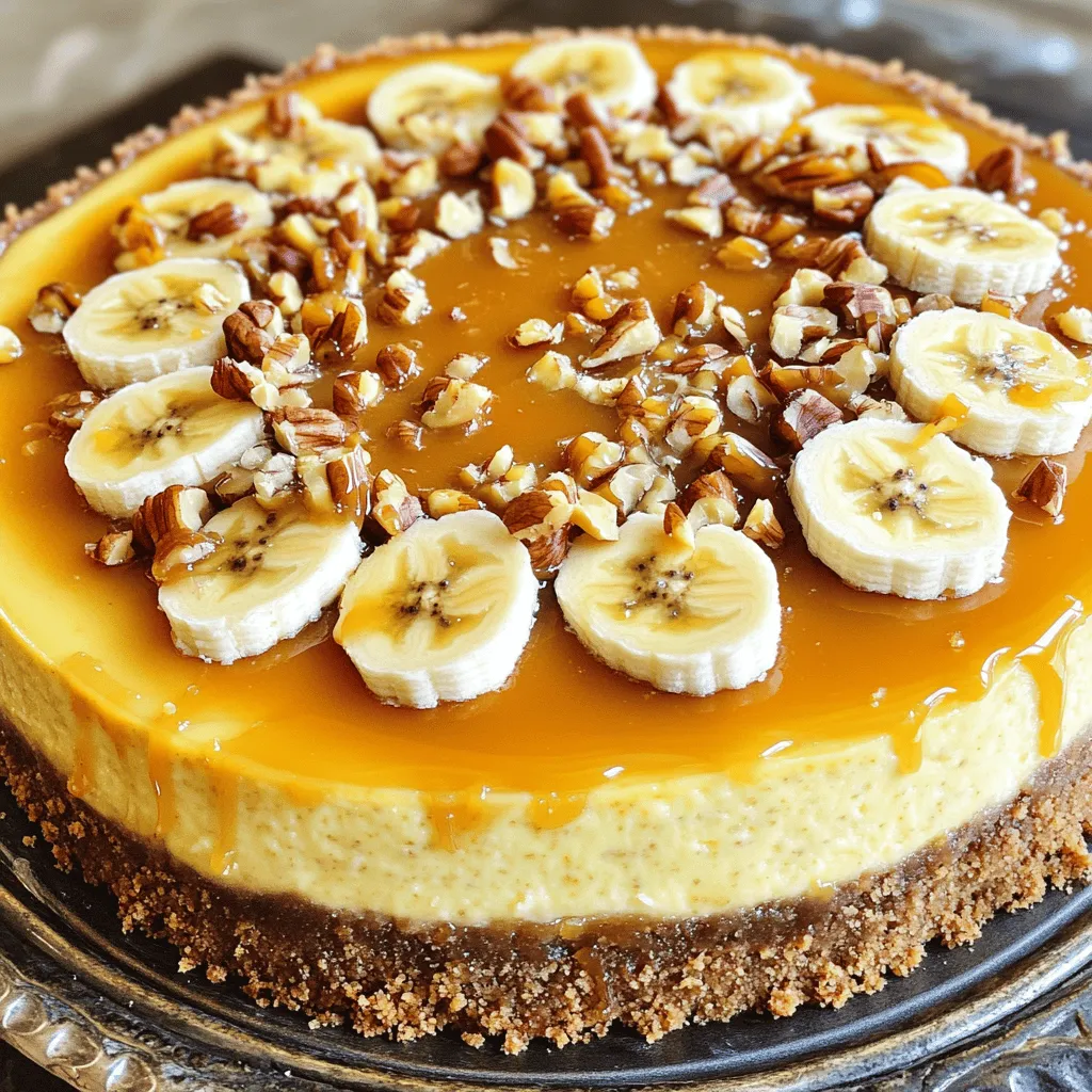 - 1 ½ cups graham cracker crumbs - ½ cup unsalted butter, melted - ¼ cup packed brown sugar - 1 teaspoon ground cinnamon - 16 oz cream cheese, softened to room temperature - 1 cup granulated sugar - 3 large eggs, at room temperature - 2 ripe bananas, mashed until smooth - 1 teaspoon pure vanilla extract - ½ cup sour cream - ¼ cup all-purpose flour - ½ teaspoon baking powder - 1 cup granulated sugar - 6 tablespoons unsalted butter, cut into pieces - ½ cup heavy cream, warmed - Pinch of fine sea salt - ½ cup chopped mixed nuts (could include walnuts, pecans, or almonds) - 1 ripe banana, sliced for garnish This Banana Caramel Nut Cheesecake uses simple ingredients for a rich flavor. The crust blends graham cracker crumbs with melted butter, brown sugar, and cinnamon for a sweet base. The filling combines cream cheese, sugar, eggs, and ripe bananas. This gives the cheesecake a creamy texture. The caramel sauce adds a golden touch. It starts with granulated sugar melted until amber. Next, you add butter and heavy cream for a smooth finish. Lastly, the topping of mixed nuts and banana slices adds crunch and flair. For the full recipe, check the detailed instructions. It’s a fun process that leads to a delicious dessert! Start by mixing the crust ingredients. In a medium bowl, combine the graham cracker crumbs, melted butter, brown sugar, and ground cinnamon. Stir until the mixture looks like wet sand. Press this mixture into the bottom of a 9-inch springform pan. Make sure it is even and compact. Bake the crust in a preheated oven at 350°F (175°C) for 10 minutes. Once done, take it out and let it cool completely while you prepare the filling. Next, make the cheesecake filling. In a large bowl, beat the softened cream cheese and granulated sugar together using an electric mixer. Mix until smooth and creamy. Add the mashed bananas and vanilla extract, and mix until combined. Now, add the eggs one at a time, mixing well after each. Finally, fold in the sour cream, flour, and baking powder. Be careful not to overmix, as this can affect the texture. Pour the cheesecake filling over the cooled crust. Spread it evenly using a spatula. Bake in the oven at 325°F (160°C) for about 50 to 60 minutes. The center should be set but still have a slight jiggle. After baking, turn off the oven but leave the door ajar. Let the cheesecake cool for about 1 hour. Once cooled, move it to the fridge to chill for at least 4 hours or overnight for best results. While the cheesecake chills, prepare the caramel sauce. In a medium saucepan, heat the sugar over medium heat. Stir it constantly until it melts and turns a golden amber color. Carefully add the butter pieces and stir until melted. Gradually whisk in the warmed heavy cream, mixing until smooth. Add a pinch of sea salt, stir, and remove from heat. Let the caramel sauce cool slightly before using. Once the cheesecake is fully chilled, it’s time to assemble. Pour a generous layer of the caramel sauce over the top. Make sure it reaches the edges. Next, sprinkle the chopped mixed nuts evenly over the caramel. This adds a nice crunch and flavor. For the final touch, decorate the cheesecake with banana slices arranged in a circle on top of the nuts. When it’s time to serve, slice the cheesecake. Drizzle any remaining caramel sauce over each slice for an extra treat. Serve each slice on a dessert plate for a lovely presentation. To make the best crust, start with the right texture for your crumbs. Use fresh graham cracker crumbs, crushed finely. You want them to feel like wet sand when mixed with butter. This helps the crust hold together well. Press the mixture firmly into your springform pan. An even layer is key for a great base. Bake it until lightly golden, then let it cool completely before adding the filling. Room temperature ingredients are crucial for a smooth filling. Take cream cheese and eggs out of the fridge ahead of time. Mix them until fluffy but avoid overmixing. This ensures a creamy texture without bubbles. Overmixing can cause cracks in your cheesecake, which we want to avoid. When making caramel, preventing crystallization is important. Stir the sugar constantly until it melts, but don’t stir too much once it starts to color. Use a clean brush dipped in water to wash down any sugar crystals on the pan's sides. For best flavor, serve the caramel warm, just a bit above room temperature. This enhances the taste and makes it easy to pour over your cheesecake. {{image_4}} You can easily change the flavor of your cheesecake. Try adding chocolate or peanut butter for a rich twist. Just mix in ½ cup of cocoa powder or ½ cup of creamy peanut butter into the filling. This adds depth and a fun flavor you will love. You can also swap nuts for different types. Instead of walnuts, try pecans or almonds. Each nut brings its own taste and texture. This choice lets you customize your cheesecake to match your taste. If you need a gluten-free crust, use almond flour or gluten-free graham crackers. Both options work well and keep the crust delicious. Just mix them with melted butter and follow the same steps. For dairy-free cheesecake, use vegan cream cheese and coconut cream. These alternatives make the cheesecake creamy without dairy. You can still enjoy the same great taste and texture. Pairing your cheesecake with ice cream or whipped cream makes it extra special. A scoop of vanilla ice cream complements the flavors perfectly. Or, top it with a dollop of whipped cream for a light touch. You can also get creative with toppings. Consider adding fresh berries, shaved chocolate, or a sprinkle of cinnamon. These additions not only look pretty but also enhance the flavor. To keep your banana caramel nut cheesecake fresh, use the right storage method. Place leftover cheesecake in an airtight container. If you don't have one, wrap it tightly in plastic wrap. This helps prevent it from drying out. Store it in the refrigerator for up to five days. If you want to keep it longer, freezing is a great option. Slice the cheesecake and wrap each piece in plastic wrap. Then, place them in a freezer-safe bag. This way, you can grab a slice any time you crave it. When frozen, the cheesecake can last for about three months. When you're ready to enjoy your cheesecake again, reheating properly is key. For best results, let it sit at room temperature for about 30 minutes. This helps to restore its creamy texture. If you prefer it warm, you can use the oven. Preheat it to 300°F. Place the cheesecake in a baking dish and add a little water to the bottom. Heat for about 10 to 15 minutes. This gentle method keeps the cheesecake soft. Serving after refrigeration or freezing is simple. Just add a drizzle of caramel sauce and some fresh banana slices on top. This way, it looks and tastes fresh. Enjoy your delicious cheesecake anytime! You can tell when the cheesecake is done by checking the center. It should be set but still slightly jiggly. This means it will firm up as it cools. I often use a toothpick to test the edges. If it comes out clean, your cheesecake is ready! Yes, you can make this cheesecake ahead of time. I recommend preparing it a day before you plan to serve it. This allows all the flavors to blend. Just store it in the fridge covered tightly with plastic wrap. If you need a substitute for cream cheese, you have options. You can use Greek yogurt for a lighter version. Silken tofu blends well and offers a creamy texture. Vegan cream cheese also works if you want a dairy-free choice. The cheesecake lasts about 5 to 7 days in the fridge. Be sure to cover it well to keep it fresh. If you want to keep it longer, consider freezing it. It can last up to 2 months in the freezer. You can find the full recipe for this banana caramel nut cheesecake at the end of the article. It includes all the detailed steps and ingredients needed to make this treat. Making a delicious cheesecake is easy with the right steps. We covered the key ingredients, from the crust to the topping. Each part plays an important role in flavor and texture. Follow the tips to perfect your cheesecake and even make variations to suit your taste. Don’t forget the best ways to store leftovers for future enjoyment. Now, it’s time to make your cheesecake masterpiece. You have all the tools needed to impress with this tasty treat. Enjoy every bite!