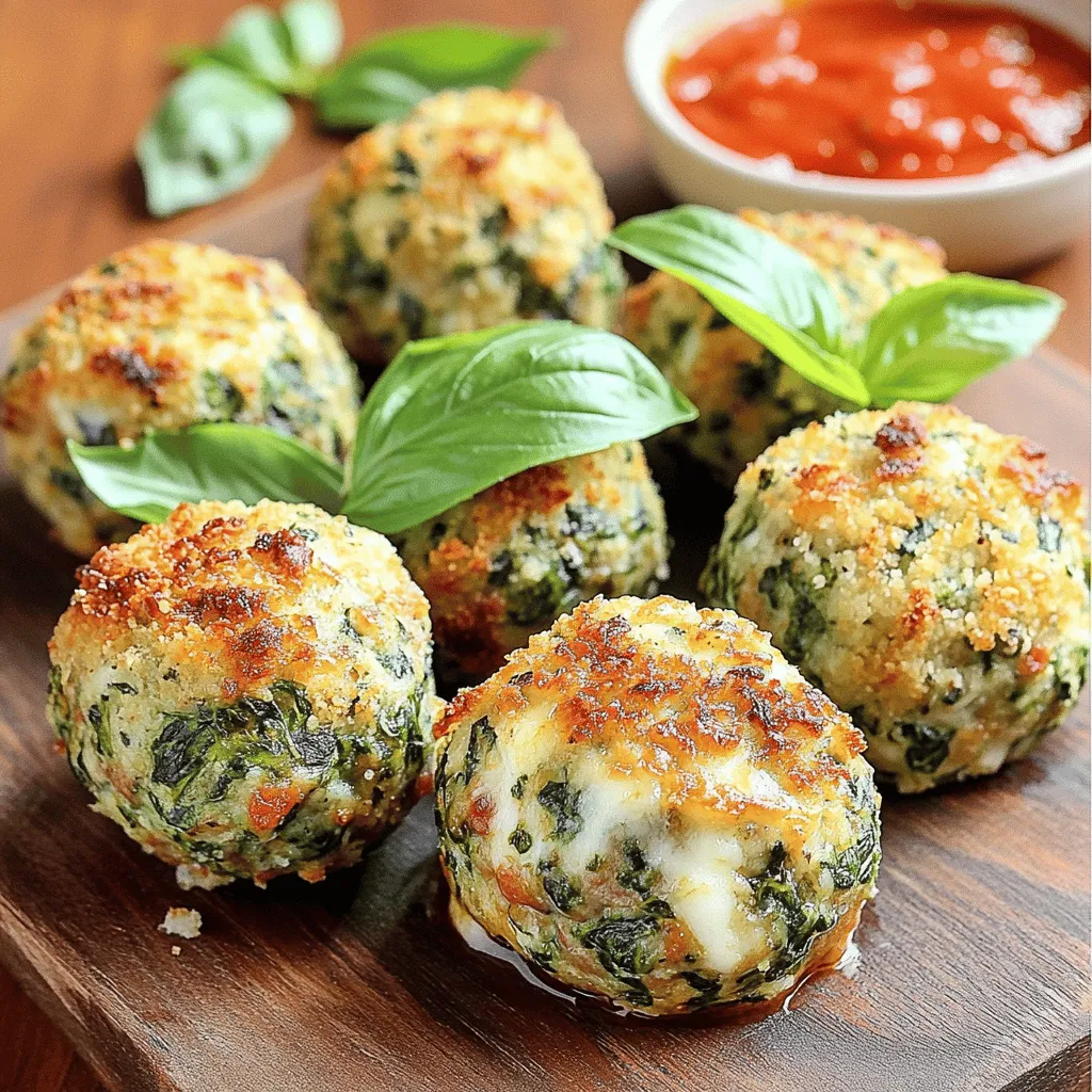 To make these savory spinach garlic meatballs, you need some simple yet essential ingredients: - 1 pound ground beef (or use ground turkey for a lighter option) - 1 cup fresh spinach, finely chopped - 3 cloves garlic, minced - 1/2 cup breadcrumbs (Italian-style adds great flavor) - 1/4 cup grated Parmesan cheese - 1 large egg - 1 teaspoon dried oregano - 1/2 teaspoon red pepper flakes (optional, adjust to taste) - Salt and freshly ground black pepper to taste - 1 cup shredded mozzarella cheese - Olive oil for frying - Fresh basil leaves, for garnish These ingredients create a delicious flavor profile. The combination of garlic and spinach makes the meatballs vibrant and healthy. If you need to swap some ingredients, here are some great alternatives: - Ground Beef: Try ground chicken or pork. Both provide nice flavors. - Breadcrumbs: Use crushed crackers or oats for a gluten-free option. - Parmesan Cheese: Grated Pecorino Romano works well too. - Egg: Substitute with a flax egg for a vegan option. These substitutions can help you adapt to your taste or dietary needs without losing flavor. For the best results, aim for 1-inch meatballs. This size cooks evenly and stays tender inside. If you prefer a larger meatball, increase cooking time slightly to ensure they cook through. You can also experiment with the shape. Try making them into patties for a fun twist. Each shape can change the cooking time and texture, so adjust as needed. For the full recipe, check the detailed instructions provided above. To start, gather your ingredients. In a large bowl, mix one pound of ground beef or ground turkey. Add one cup of finely chopped spinach and three cloves of minced garlic. Then, include half a cup of breadcrumbs, a quarter cup of grated Parmesan cheese, and one large egg. Sprinkle in one teaspoon of dried oregano and half a teaspoon of red pepper flakes, if you like a little heat. Season the mixture with salt and black pepper. Use your hands to combine everything gently. Don’t overmix; this keeps the meatballs tender. Next, heat a large skillet over medium heat. Add enough olive oil to coat the bottom. With damp hands, scoop out portions of the mixture and form them into one-inch meatballs. Place them in the hot skillet, leaving space between each one. Cook for about five to seven minutes, turning them to brown all sides. If your skillet is small, you may need to do this in batches. Browning adds flavor and texture, so take your time. Once the meatballs are nicely browned, reduce the heat to low. Generously sprinkle shredded mozzarella cheese over the meatballs. Cover the skillet with a lid and let them cook for another five to seven minutes. This allows the cheese to melt and bubble. For a crispy top, remove the lid and cook for one more minute. The cheese will get that lovely golden color. Finally, transfer the meatballs to a serving platter. Garnish with fresh basil leaves for a pop of color. Enjoy your savory spinach garlic meatballs with mozzarella delight! For the full recipe, check the details above. To keep meatballs from sticking, I have a few tricks. First, wet your hands before forming the meatballs. This simple step makes a big difference. You can also lightly coat the skillet with olive oil before adding the meatballs. If they still stick, try using a non-stick pan. This helps them cook evenly and come out easily. Juiciness is key for great meatballs. Use ground beef or turkey with some fat. This fat keeps the meatballs moist. Don't overmix the meat; mix until just combined. This keeps them tender. Lastly, cooking them on medium heat helps them stay juicy. If the heat is too high, they can dry out. These meatballs shine on their own or paired with sides. Serve them with marinara sauce for extra flavor. You can also add a fresh salad or garlic bread. For a fun twist, try them in a sub sandwich. They work well in wraps too. These options make for a delightful meal. For the full recipe, check out the complete guide. {{image_4}} To make these meatballs gluten-free, swap out the breadcrumbs. You can use crushed gluten-free crackers or ground oats instead. Both options give a nice texture. You can also use gluten-free flour. Make sure to check all labels to avoid hidden gluten. For a vegetarian twist, use lentils or chickpeas as a base. Cook them until soft, then mash them. Mix in chopped spinach, garlic, and cheese. You can also use plant-based meat substitutes. This keeps the dish tasty and maintains the essence of the original recipe. While mozzarella adds a great stretch, you can try other cheeses. Provolone gives a sharp flavor. Feta adds a salty kick, while goat cheese makes the meatballs creamy. Choose a cheese based on your taste or what you have on hand for a fun twist. For the full recipe, check the section above. After cooking your spinach garlic meatballs, let them cool down first. This helps keep them from getting soggy in the fridge. Place the meatballs on a plate or in a shallow dish. Once they are at room temperature, cover them tightly with plastic wrap or transfer them to an airtight container. This way, they stay fresh and tasty. Store them in the fridge for up to three days. To save any leftover meatballs, freezing is a great option. Start by allowing the meatballs to cool completely. Then, arrange them in a single layer on a baking sheet. Freeze them for about an hour until they are firm. Once frozen, transfer the meatballs to a freezer bag or an airtight container. Remove as much air as possible to prevent freezer burn. They can last up to three months in the freezer. When you're ready to enjoy your frozen meatballs, don't worry! Reheating is simple. For the best results, place them in a skillet over medium heat with a splash of water or sauce. Cover the skillet to help them heat evenly. You can also microwave them for quick reheating. Just place them on a plate with a damp paper towel on top. Heat in short bursts until warm. If you want them crispy, pop them in the oven for a few minutes! For the full recipe, check the details above. Yes, you can use frozen spinach. Just make sure to thaw and drain it well. Squeeze out excess water with a clean cloth. This step prevents soggy meatballs. Frozen spinach will work fine, but fresh spinach adds more flavor and color. These meatballs can last up to three days in the fridge. Place them in an airtight container. This keeps them fresh and safe to eat. Make sure to let them cool before storing. Reheat gently to enjoy their great taste again. You can serve these meatballs with pasta or a fresh salad. They also pair well with crusty bread or marinara sauce. For a fun touch, serve them on skewers for easy eating. Try adding a side of roasted veggies for color and flavor. For the full recipe, check out the details above! To sum up, this article covered all you need for tasty Spinach Garlic Meatballs. We talked about the key ingredients, methods to cook them, and tips to keep them juicy. You learned about fun variations and how to store extras. With these steps, you can make meatballs that impress your family and friends. Enjoy your cooking adventure, and remember, every meal is a chance to be creative!