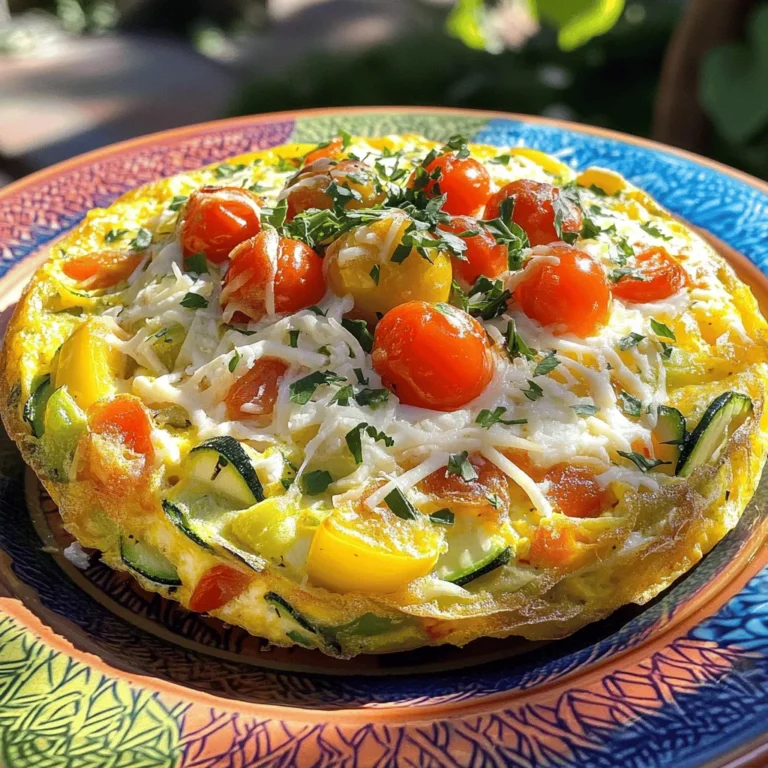- 6 large eggs - 1 cup whole milk - 1 cup bell peppers, diced - 1 small zucchini, grated - 1 cup fresh spinach, roughly chopped - 1/2 cup red onion, finely chopped - 1 cup cherry tomatoes, halved - 1 cup shredded cheese - 2 tablespoons olive oil - Salt and freshly ground black pepper - Fresh herbs for garnish When picking vegetables, choose bright colors and firm textures. Look for bell peppers that feel heavy and have no soft spots. For zucchini, select smaller ones for the best flavor. For cheese, I recommend cheddar or feta. Both melt nicely and add great taste. If you prefer something lighter, try goat cheese or mozzarella. Be mindful of allergens. This recipe contains dairy and eggs. If you're allergic, consider using egg substitutes and dairy-free cheese. Always check labels to avoid allergens. This dish is perfect for any meal. You can find the full recipe in the main text. - Preheat the Oven: Start by preheating your oven to 350°F (175°C). This helps cook the frittata evenly. - Prepare the Egg Mixture: In a large bowl, crack 6 eggs. Add 1 cup of whole milk. Whisk them well until smooth. Season with salt and black pepper to taste. - Sauté the Aromatics: Pour 2 tablespoons of olive oil into an oven-safe skillet. Heat it over medium. Add 1/2 cup of finely chopped red onion. Sauté for 2-3 minutes until it turns soft and fragrant. - Add the Vegetables: Mix in 1 cup of diced bell peppers and 1 small grated zucchini. Cook for about 5 minutes, stirring often. The veggies should soften and look bright. - Incorporate Greens and Tomatoes: Add 1 cup of chopped spinach and 1 cup of halved cherry tomatoes to the skillet. Cook for 2 more minutes. You want the spinach to wilt and the tomatoes to soften slightly. - Combine with Egg Mixture: Carefully pour the egg mixture over the veggies in the skillet. Tilt the skillet gently so eggs cover the veggies evenly. - Add the Cheese: Sprinkle 1 cup of your favorite shredded cheese on top of the egg and veggie mix. This adds a nice cheesy finish. - Cook on the Stovetop: Let the frittata cook on the stove for 3-4 minutes. You’ll see the edges start to set, which is a great sign! - Bake to Perfection: Move the skillet to the oven. Bake for 15-20 minutes. It’s done when the center feels firm and the top is lightly golden. - Slice and Serve: Once baked, take the skillet out of the oven. Allow it to cool slightly. Then, slice it into wedges and serve. You can find the Full Recipe for this savory delight, making it easy to follow along! - Use fresh herbs like basil and parsley to add vibrant flavor. - Cheese options include cheddar, feta, or goat cheese for different tastes. - Always taste your mixture before baking. Adjust salt and pepper for your liking. - Overcooking the frittata makes it dry. Cook just until set. - Use an oven-safe skillet for best results. Non-stick works great. - Preheat the oven to ensure even cooking. This step is key. - Garnish with fresh herbs for a pop of color. - Pair with a side salad or crusty bread for a complete meal. - Serve warm or at room temp. This dish stays tasty in both forms. For detailed cooking steps, check the Full Recipe. {{image_4}} You can change the vegetables in your frittata based on the season. For spring, use asparagus and peas. In summer, add zucchini and tomatoes. Fall is great for mushrooms and bell peppers. Winter brings root vegetables like carrots and sweet potatoes. You can also swap leafy greens like kale or arugula with spinach. This keeps your frittata fresh and exciting. Incorporating root vegetables adds sweetness and texture. Grated carrots or diced beets can work well. Just make sure to cook them a bit longer to soften. The mix of colors makes your dish colorful and fun to eat. If you need gluten-free options, rest easy. Frittatas are naturally gluten-free, as they use eggs and vegetables. For those avoiding dairy, try dairy-free cheese made from nuts or soy. These alternatives melt well and taste great. You can also make a vegan frittata by using chickpea flour. Blend chickpea flour with water to create a batter. This gives you a great base without eggs. Add your favorite veggies and bake as you would with the traditional recipe. To spice up your frittata, try adding spices like cumin or paprika. A touch of chili powder can bring heat and flavor. You could also add herbs like thyme or oregano for depth. Experiment with unique cheese flavors too. Goat cheese or smoked gouda can give a new twist. For a Mediterranean flair, add feta and olives. If you prefer Italian inspiration, go for mozzarella and basil. These small changes can take your frittata from simple to extraordinary. For the full recipe, check out the earlier section. To keep your frittata fresh, store it in the fridge. Place it in an airtight container. This helps to avoid any strong smells and keeps it tasty. Make sure to cover it well. You can also wrap slices in plastic wrap for easy access. The frittata will stay good for about 3-4 days. When you're ready to enjoy your leftovers, reheating them right is key. The oven works best for keeping the texture. Preheat the oven to 350°F (175°C) and place the frittata on a baking sheet. Heat for about 10-15 minutes. If you’re in a hurry, the microwave is an option too. Just heat it for 1-2 minutes, but the texture may change a bit. If you want to store the frittata for longer, freezing it is a great choice. First, let it cool completely. Then, slice the frittata into portions. Wrap each piece tightly in plastic wrap. Place the wrapped slices in a freezer-safe bag or container. When you're ready to eat, thaw it in the fridge overnight. Reheat in the oven or microwave as mentioned above. Enjoy your frittata anytime! You can store a frittata in the refrigerator for up to 3 to 4 days. Make sure to place it in an airtight container to keep it fresh. When you want to enjoy it, check for any off smells or changes in texture. Yes, you can make a frittata ahead of time. I often prepare it the night before for a quick breakfast. Just store it in the fridge after it cools. This way, you can enjoy a tasty meal without the fuss in the morning. The best way to reheat a frittata is in the oven. Place it in a preheated oven at 350°F (175°C) for about 10 minutes. This keeps the texture nice and fluffy. You can also use a microwave, but it may become a bit rubbery. You can easily customize your frittata! Swap out vegetables for what you love. Try adding cooked sausage, bacon, or different cheeses. You can also change the spices or herbs to suit your taste. This makes each frittata a unique dish. A frittata is not the same as an omelette. An omelette cooks quickly and is often folded. A frittata cooks slowly and is baked, giving it a thicker texture. Frittatas are great for serving more people, while omelettes are perfect for a single serving. For more ideas, check out the Full Recipe for Savory Vegetable Frittata! This blog post shared everything you need to make a tasty frittata. We covered ingredients, step-by-step instructions, and unique variations. Don't forget the tips to avoid common mistakes and enhance flavors. Frittatas offer endless possibilities, from fresh veggies to dietary swaps. With proper storage, you can enjoy this dish for days. Experiment and have fun with your frittata. Make it your own, and enjoy every bite!