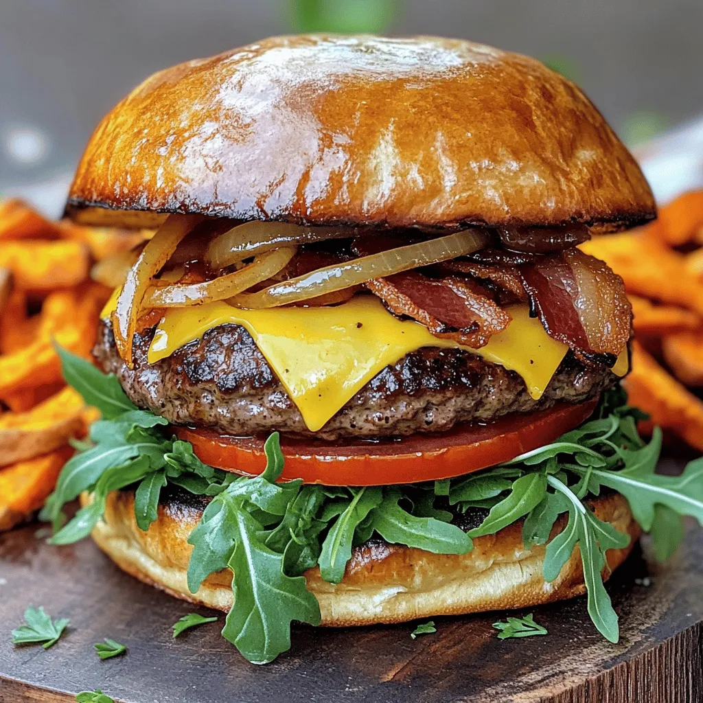 - 1 lb ground beef (80/20 blend) - 4 slices of Irish cheddar cheese - 4 brioche burger buns - Garlic powder, onion powder, smoked paprika - Black pepper, salt, creamy Irish mustard - Crispy cooked bacon - Arugula or butter lettuce, sliced large tomato, caramelized onions The heart of a great Irish Pub Burger lies in its ingredients. I always choose a good blend of ground beef. An 80/20 blend gives you the perfect mix of meat and fat. This keeps your burger juicy and full of flavor. Next, I love adding Irish cheddar cheese. It melts beautifully and adds a rich, creamy taste. You can’t go wrong with four slices; they make the burger irresistible. Brioche buns are my go-to choice for the perfect bite. They are soft, yet sturdy, and add a nice sweetness. Toasting them enhances their flavor and makes for a great texture. Now, let’s talk about flavor enhancers. Garlic powder and onion powder bring depth to the beef. Smoked paprika adds a hint of smokiness, while salt and black pepper balance everything out. I also like using creamy Irish mustard. It adds a tangy kick that complements the rich flavors. For toppings, I can’t resist crispy cooked bacon. It adds crunch and a salty bite. Fresh arugula or butter lettuce gives a nice contrast. A slice of large tomato adds freshness and color, while caramelized onions bring sweetness. With these ingredients, you can create a burger that is juicy and full of life. Check out the Full Recipe for more details! To make the beef mixture, start with a large bowl. Add 1 pound of ground beef. Use an 80/20 blend for the best flavor and juiciness. Then, add garlic powder, onion powder, smoked paprika, black pepper, and salt. Mix gently with your hands. Be careful not to overwork the meat. This keeps the burgers tender. Next, divide the mixture into four equal portions. Shape each portion into a patty. Press your thumb in the center of each patty. This helps the burger cook evenly. Now, it’s time to cook the burgers. Preheat your grill or a cast-iron skillet over medium-high heat. Once hot, place the patties on the grill. Cook for 4-5 minutes without flipping. This gives them a nice sear. After 4-5 minutes, flip the patties. Place a slice of Irish cheddar cheese on each one. Cook for another 3-4 minutes. This melts the cheese and finishes the burgers. Aim for medium doneness for the best taste. While the burgers cook, toast the buns. Add a small amount of butter to a skillet over medium heat. Toast the brioche buns cut-side down. Cook until golden brown. This adds a nice crunch and flavor. To assemble your burger, spread creamy Irish mustard on the bottom half of each toasted bun. Place the cheese-topped patty on the mustard. Layer fresh tomato, crispy bacon, caramelized onions, and arugula or butter lettuce. Finish with the top half of the bun. Your delicious Irish Pub Burger is ready to enjoy! For the full recipe, check out the delicious Irish Pub Burger section. To make a juicy burger, I recommend using an 80/20 meat blend. This mix has enough fat to keep the burger moist. If you use lean meat, your burger may dry out. It's also important to avoid overmixing the beef. When you mix too much, it can make the meat tough. Just mix until the spices blend in, then stop. You can cook your burger on a grill or in a skillet. Grilling gives a nice smoky flavor, while a skillet can help with even cooking. If you choose a grill, preheat it well. This helps create a good sear. If using a skillet, make sure it's hot too. Start cooking the burgers without moving them for a few minutes. This allows a crust to form, sealing in juices. For sides, serve your Irish Pub Burger with crispy sweet potato fries or hand-cut chips. They pair well together. When you plate the burger, use a rustic wooden board for a nice touch. For garnish, add fresh parsley or arugula. This gives the dish color and makes it look more appealing. Enjoy your meal with a refreshing drink like a cold lager or a stout. You’ll love the taste! Check out the Full Recipe for more awesome tips. {{image_4}} You can switch up the cheese for your Irish Pub Burger. Try using a sharp cheddar for a bolder taste. You can also use blue cheese if you want a strong flavor. Creamy brie works too, adding a nice texture. Pair your cheese with toppings like crispy bacon or sweet caramelized onions. The mix of flavors will make your burger even better. Not a meat lover? No problem! You can make a tasty veggie burger instead. Look for patties made from black beans or lentils. These add great texture and flavor. Another option is using portobello mushrooms. They grill nicely and have a hearty bite. Top them with the same delicious ingredients as the beef burger. You won't miss the meat at all! Different areas have their own burger styles. In some Irish pubs, you might find a burger topped with colcannon. This dish mixes mashed potatoes with cabbage or kale. It adds a comforting touch to your burger. You might also see toppings like pickled beets or spicy relish. These give your burger a unique twist. Don't be afraid to mix and match flavors from your local favorites! To keep your Irish Pub Burger fresh, refrigerate leftovers right away. Place the burger in an airtight container. This helps keep it juicy and tasty. You can store it for up to three days. If you want to keep it longer, freeze uncooked patties. Wrap each patty in plastic wrap, then place them in a freezer bag. This way, they stay fresh for up to three months. When you want to enjoy your leftover burger, reheat it gently. The oven works great for this. Preheat it to 350°F (175°C). Place the burger on a baking tray and heat for about 10 minutes. This method keeps the burger juicy. For the buns, you can toast them lightly on a skillet. Heat them for a minute on each side for a nice crunch. Meal prepping is fun and easy! You can make your burger patties ahead of time. Shape the patties and freeze them. When you're ready to cook, just pull out the patties. For a fresh taste, store toppings separately. Keep lettuce, tomatoes, and onions in small containers. This way, everything stays fresh until you're ready to eat. Enjoy your delicious Irish Pub Burger! For the full recipe, check out the earlier section. The best way to cook an Irish Pub Burger is to grill it. Grilling gives the burger a nice char and enhances the flavor. Preheat your grill to medium-high heat. Cook the patties for 4-5 minutes on one side. Flip them gently and add cheese. Cook for another 3-4 minutes until the cheese melts. Use a meat thermometer to check for doneness. Aim for 160°F for medium. This method keeps the burger juicy and flavorful. Yes, you can use ground turkey instead of beef. Turkey is leaner, making it a healthier choice. However, it can be drier than beef. To keep it moist, add more spices or use a blend with dark meat turkey. This will help maintain flavor. Keep in mind, the taste will change slightly. Ground beef has a rich flavor that turkey lacks. To make a burger less greasy, follow these tips: - Use leaner meat, like 90/10 ground beef. - Drain excess fat after cooking. - Avoid adding too much oil or butter. - Cook on a grill or broiler to let fat drip away. These steps can help you enjoy a tasty but lighter burger. Some great condiments for an Irish Pub Burger include: - Creamy Irish mustard - Ketchup - Spicy mayonnaise - BBQ sauce - Pickles - Relish Each adds a unique flavor and complements the burger well. Experiment with your favorites to find the perfect match! Now you know how to make a tasty Irish Pub burger. We covered the best ingredients, simple steps to cook, and tips to make it juicy. You can also try different cheeses or make vegetarian versions. Remember to store leftovers properly and reheat them right. This burger is not just delicious; it’s fun to customize. Enjoy sharing it with friends or at your next gathering. Cooking can bring joy, and this recipe is sure to impress. Dive in and make your own Irish Pub burger today!