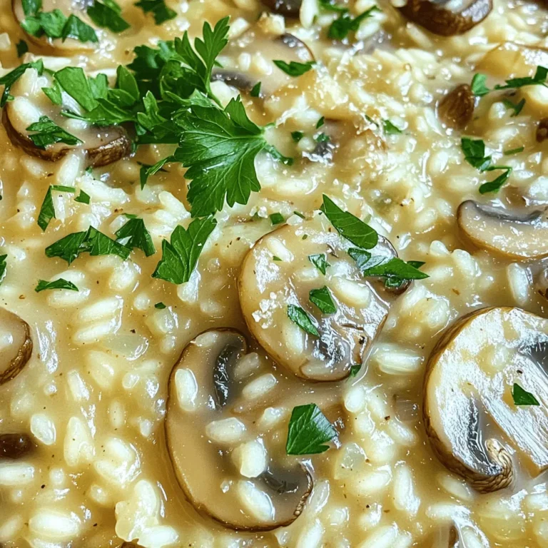 To create a perfect creamy mushroom risotto, you need the right ingredients. Here’s a complete list of what you will need: - 1 ½ cups Arborio rice - 5 cups vegetable broth - 1 cup heavy cream - 1 cup fresh mushrooms (such as cremini or shiitake), sliced - ½ cup onion, finely diced - 2 cloves garlic, minced - ½ cup grated Parmesan cheese - 2 tablespoons olive oil - 1 tablespoon fresh thyme leaves (or 1 teaspoon dried thyme) - Salt and pepper to taste - Fresh parsley, chopped (for garnish) These ingredients come together to create a dish that feels both simple and comforting. The Arborio rice is key because it absorbs flavors well and gives that creamy texture. Using fresh mushrooms adds depth and umami. Heavy cream brings richness, while Parmesan adds a savory kick. Don’t skip the fresh herbs! They brighten up the dish and enhance its flavor. Each ingredient plays a crucial role in making your risotto creamy and delicious. If you're ready to dive into this recipe, check out the Full Recipe for detailed instructions! Start by warming your vegetable broth in a saucepan over low heat. You want to keep it warm as you cook your risotto. This step is key because cold broth can slow down the cooking. It also helps the rice cook evenly. In a large skillet, pour in the olive oil. Set the heat to medium. Add your diced onion and sauté it for about 3 minutes. You should see the onion turn translucent and soft. This step releases great flavor into your dish. Next, stir in the minced garlic. Cook it for a minute. Be careful not to burn the garlic; you want it fragrant, not bitter. Now it’s time to add the sliced mushrooms to the skillet. Cook them for about 5 to 7 minutes. Stir occasionally until they turn golden brown. This browning is important as it enhances the flavor by releasing moisture from the mushrooms. Add the Arborio rice to the skillet. Stir well to coat the rice with the oil, onions, and mushrooms. Toast the rice for 1 to 2 minutes. This step is vital as it deepens the flavor and prepares the rice for cooking. Begin adding the warm broth to the rice mixture. Start with about ½ cup of broth at a time. Stir constantly until most of the liquid is absorbed. This process takes about 18 to 20 minutes. You want the rice to be cooked al dente, with a creamy texture. Once the risotto reaches the right texture, gently fold in the heavy cream and grated Parmesan cheese. Season with salt and pepper to taste. If you want a creamier risotto, add a bit more broth. Let the risotto rest for a minute off the heat. This helps thicken it a bit. To serve, ladle the risotto into bowls and sprinkle with chopped parsley for a fresh touch. For a fancy look, drizzle a bit of olive oil on top. For the full recipe, check the earlier section. Stirring is key to creamy risotto. Each stir helps release the rice's starch. This starch makes the dish rich and smooth. If the risotto gets too thick, add warm broth. Keep adding broth until you reach your desired creaminess. You can boost flavor with herbs like thyme or parsley. Fresh herbs add brightness and depth. You can also use grated cheese, like Parmesan, for richness. Want to pair something with your risotto? A crisp white wine, like Sauvignon Blanc, works well. Garnish your risotto with fresh parsley for color. It adds a nice pop and freshness. Drizzle a bit of olive oil over the top for elegance. This simple step makes your dish look restaurant-worthy. For more tips, check the Full Recipe for ideas. {{image_4}} You can make creamy mushroom risotto even better by using different types of mushrooms. Try using shiitake, portobello, or oyster mushrooms. Each type adds its own flavor and texture. For example, shiitake mushrooms give a rich, earthy taste, while oyster mushrooms add a delicate sweetness. Mixing mushrooms can create a more complex dish. Don’t hesitate to experiment with your favorites! You can turn this dish vegan by swapping some ingredients. Use plant-based cream instead of heavy cream. For cheese, try nutritional yeast or vegan Parmesan. These swaps keep the dish creamy and tasty. When cooking, use the same steps as the original recipe. The flavors will shine through with these plant-based options. You can add seasonal vegetables to your risotto for a fresh twist. In spring, try peas or asparagus. In autumn, add butternut squash or kale. These veggies enhance the dish and add color. You can also adjust the herbs to match the season. Fresh basil in summer or sage in fall can make a big difference. Enjoy experimenting with what’s in season! Store leftover risotto in the fridge. Use an airtight container to keep it fresh. Let the risotto cool before sealing the container. This helps prevent moisture build-up. Leftovers can last for up to three days. To reheat risotto, use a stovetop method. Warm it in a pan on low heat. Stir often to keep it creamy. If it seems dry, add a splash of broth or cream. This will help bring back the creaminess. You can also use a microwave. Heat in short bursts and stir in between. Freezing risotto is possible, but it may change the texture. Cool it completely before packing. Use freezer-safe containers or bags. Leave some space for expansion. When thawing, let it sit in the fridge overnight. Reheat it slowly, adding liquid as needed to restore creaminess. The best rice for risotto is Arborio rice. Arborio is a short-grain rice. It has high starch content, which helps create a creamy texture. When cooked, Arborio rice becomes tender on the outside yet firm inside. This unique property allows it to absorb flavors well. It also helps the risotto become rich and velvety. Choose Arborio rice for that perfect creamy mushroom risotto. Yes, you can make risotto ahead of time, but it’s best fresh. If you want to prepare it in advance, cook the rice until it's just firm. Cool it quickly and store it in the fridge. When you're ready to serve, reheat it slowly. Add a little broth to bring back the creaminess. Stir often to keep the texture nice. If your risotto is too thick, don't worry! Simply add warm broth, a little at a time. Stir well after each addition. This helps loosen the rice and restore creaminess. If you don’t have broth, use water. Keep stirring until you reach your desired texture. To make your risotto creamier, stir it often while cooking. This releases more starch from the rice. Adding heavy cream and Parmesan cheese also boosts creaminess. You can also finish with a pat of butter for extra richness. Always use warm broth, as cold broth can affect the texture. Mushroom risotto pairs well with many side dishes. Try a fresh salad with lemon vinaigrette. Grilled vegetables also complement it nicely. For a wine pairing, a crisp white wine like Sauvignon Blanc works well. This combination enhances the meal's flavors, making it a delightful experience. For more details, check the Full Recipe. Mushroom risotto is a delicious dish that brings comfort and flavor. We covered the ingredients, prep steps, and helpful tips for perfecting your risotto. Remember to keep your broth warm and stir often for that creamy texture. Feel free to experiment with different mushrooms and herbs to make this dish your own. Don't forget to store leftovers properly and reheat them gently. With these steps and tricks, you’ll create a delightful risotto that impresses every time. Enjoy cooking and savoring every bite!