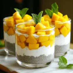 To make this creamy delight, you need just a few simple ingredients: - 1 cup coconut milk (either canned or freshly made) - 1/4 cup chia seeds - 2 tablespoons maple syrup (or honey for sweetness) - 1 ripe mango, diced into small cubes - 1 teaspoon pure vanilla extract - A pinch of salt These ingredients work together to create a rich and flavorful pudding. Coconut milk gives it a creamy base, while chia seeds add texture. The mango offers a sweet and fruity burst that beautifully complements the dish. You can enhance your pudding with a few garnishes: - Fresh mint leaves for a pop of color - Extra mango cubes for a delightful touch These add more flavor and make your dish look even more appealing. If you need to swap out any ingredients, consider these options: - Almond milk or oat milk can replace coconut milk. - Agave nectar is a great alternative to maple syrup. - Any ripe fruit can work instead of mango. Consider berries or peaches. These substitutions keep the pudding tasty while catering to your needs. Making mango coconut chia pudding is simple. First, gather all your ingredients. You will need coconut milk, chia seeds, maple syrup, mango, vanilla, and a pinch of salt. This recipe takes about 10 minutes to prepare. You must chill the pudding for at least 4 hours. Start by taking a medium mixing bowl. Pour in 1 cup of coconut milk. Add 2 tablespoons of maple syrup for sweetness. Then, add 1 teaspoon of pure vanilla extract. Sprinkle in a pinch of salt. Use a whisk to mix everything well. Keep whisking until it’s smooth. This step is key to a creamy texture. After mixing, sprinkle in 1/4 cup of chia seeds. Stir gently to spread the seeds evenly. Now, cover the bowl with plastic wrap or a lid. Place it in the fridge and let it chill for at least 4 hours. You can leave it overnight for best results. The chia seeds will absorb the liquid and thicken the mix. Once it’s set, take it out and stir to break up any clumps. Now, it’s time to serve! Layer the pudding in clear glasses with diced mango for a stunning look. You can find the full recipe above to guide you through the entire process. Enjoy each spoonful of this creamy delight! To get the perfect texture for your chia pudding, follow these steps. First, whisk the coconut milk well. This breaks up any clumps and makes it smooth. When you add the chia seeds, stir gently. This helps them spread evenly in the liquid. Let the pudding chill for at least 4 hours. If you can wait overnight, do it! The longer you chill, the thicker it becomes. For a fun presentation, use clear glasses or jars. This way, you can show off the pretty layers. Start with a layer of chia pudding, then add diced mango. Repeat this to create a beautiful pattern. Just before serving, top with more mango and a mint sprig. This adds color and a fresh taste. You can boost the flavor with some simple add-ins. Try adding a pinch of cinnamon for warmth. A splash of lime juice gives a nice zing. You can also mix in other fruits, like strawberries or pineapple. These will add new tastes and colors to your pudding. For a creamier texture, blend in some yogurt or nut butter. If you want to explore the full recipe, check out the [Full Recipe]. {{image_4}} You can switch up the fruit in your Mango Coconut Chia Pudding. Use berries, bananas, or peaches for a different taste. For a tropical twist, add pineapple or kiwi. Mix and match for fun flavors. Each fruit adds its own sweetness and texture. This keeps your pudding exciting and fresh. This recipe is already vegan if you use maple syrup. You can make it sugar-free too. Replace maple syrup with a sugar-free sweetener. This way, you can enjoy the creamy goodness without added sugar. You still get all the flavor without the guilt. Try flavored coconut milk for a twist. Use vanilla, chocolate, or even mango-flavored milk. These alternatives give a fun twist while keeping the creamy texture. You can also mix in some spice, like cinnamon or nutmeg, for added depth. Experiment to find your favorite flavor! For the complete recipe, check out the Full Recipe section. After enjoying your Mango Coconut Chia Pudding, store any leftovers in the fridge. Place the pudding in an airtight container. This keeps it fresh and prevents odors from mixing. Be sure to cover it well. I recommend using glass jars or plastic containers with tight lids. Glass jars work great because they show off the layers. They also do not absorb smells or stains. If you use plastic, make sure it is food-safe. Mango Coconut Chia Pudding lasts for about five days in the fridge. Look for changes in texture or smell. If it smells sour or feels slimy, it’s time to toss it. No one wants to eat spoiled pudding! Yes, you can use other milks. Almond, soy, or oat milk work well. Each milk will change the flavor. Coconut milk gives a rich, creamy taste. Choose a milk that you enjoy. Your pudding can stay fresh for up to five days. Store it in a sealed container. The chia seeds will keep absorbing liquid over time. If it seems too thick, add a splash of milk. Yes, chia pudding is very healthy! It's low in calories and high in fiber. It helps you feel full for longer. Plus, it has good fats and protein. This makes it a great snack or breakfast. Chia seeds are tiny powerhouses! They are rich in omega-3 fatty acids, fiber, and protein. They support heart health and digestion. Eating them can also help with weight management. They keep you feeling satisfied longer. Absolutely! Making it the night before works great. This gives the chia seeds time to soak up the liquid. You’ll wake up to a ready-made tasty treat. It’s perfect for busy mornings. After a few hours, check the texture. The pudding should be thick and creamy. If it feels too runny, let it sit longer. Stir it well to break any clumps. Enjoy your creamy delight from the Full Recipe! Mango Coconut Chia Pudding is easy to make and fun to enjoy. We covered the main ingredients, preparation steps, and how to customize this dish. Don’t forget the tips for texture and flavor. You can try new fruit combinations and choose healthier options. Store it well to keep it fresh. This pudding is tasty and full of nutrition. Enjoy making it your own!