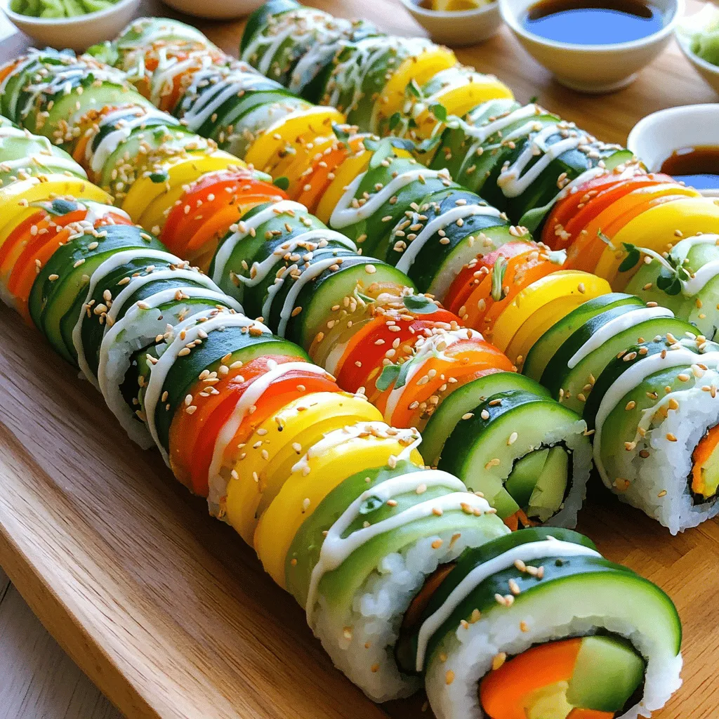 To make your rainbow veggie sushi rolls, gather these key ingredients: - 2 cups sushi rice - 2 1/2 cups water - 1/4 cup rice vinegar - 1 tablespoon sugar - 1 teaspoon salt - 4 sheets nori (seaweed) - 1/2 cucumber, julienned - 1 large carrot, julienned - 1/2 red bell pepper, thinly sliced - 1/2 yellow bell pepper, thinly sliced - 1 avocado, sliced - 1/2 cup sprouts (e.g., radish or alfalfa) - Soy sauce (for dipping) - Wasabi and pickled ginger (optional) You can also add some fun flavors with these optional ingredients: - Cream cheese for a creamy texture - Sesame seeds for a nutty crunch - Fresh herbs like cilantro or mint for added freshness When picking your veggies, look for bright colors and firm textures. Here are some tips: - Choose cucumbers that are crisp and smooth. - Pick bell peppers with shiny skin and no blemishes. - Select carrots that are firm and have a vibrant color. - For avocados, choose ones that yield slightly when pressed, showing ripeness. Buying local and seasonal vegetables can boost flavor and freshness. Always wash your veggies before using them to remove any dirt or pesticides. To start, rinse the sushi rice. Use cold water to wash away the excess starch. Keep rinsing until the water runs clear. This step is key to fluffy rice. Next, add the rinsed rice to a medium pot with 2 1/2 cups of water. Bring it to a boil over medium heat. Once boiling, lower the heat, cover the pot, and let it simmer for about 20 minutes. Check for tenderness when done. While the rice cooks, make the sushi vinegar. In a small bowl, mix rice vinegar, sugar, and salt. You can microwave it for 30 seconds to help dissolve the sugar and salt faster. Once mixed, set it aside. When the rice is ready, transfer it to a large bowl. Gently fold in the vinegar mixture with a wooden spatula. Allow it to cool to room temperature. Now, grab your bamboo sushi mat. Place a sheet of nori on the mat with the shiny side down. Lightly wet your hands to stop the rice from sticking. Take about 3/4 cup of sushi rice and spread it evenly across the nori. Leave about an inch at the top edge uncovered. Next, it’s time for the fun part—adding the veggies! Lay down julienned cucumber, carrot, and thinly sliced bell peppers in a neat line. Don’t forget the avocado and a handful of sprouts. They add color and crunch! Using the bamboo mat, start to roll the sushi away from you. Begin with the edge closest to you. Press gently but firmly as you roll. Keep going until you reach the uncovered edge. Dampen this edge with a little water to seal the roll. Once rolled, use a sharp knife to cut the sushi into 6 to 8 pieces. Remember to wipe the knife with a damp cloth after each cut. This keeps the edges clean and pretty. Repeat this rolling process with the rest of your ingredients. For presentation, arrange the sushi rolls on a platter. Serve with small bowls of soy sauce for dipping. If you like, add wasabi and pickled ginger for extra flavor. Sprinkling sesame seeds on top adds a nice touch. Enjoy your vibrant rainbow veggie sushi rolls! For the full recipe, check the earlier section. To roll sushi well, start with a clean bamboo mat. Lay the nori shiny side down. Spread the rice evenly, leaving an inch at the top. Place your veggies in a neat line. When rolling, keep it tight but not too tight. Press gently as you roll it up. This helps keep everything inside. Wet your hands before handling rice. This keeps the rice from sticking to your fingers. If the nori feels sticky, you can dampen it lightly with water. Use a sharp knife to cut the rolls. Wipe the knife with a damp cloth after each cut. This ensures clean slices. One common mistake is not using enough rice. Too little rice makes it hard to roll. Another error is rolling too loosely. If the roll is loose, it may fall apart. Avoid overstuffing the roll with veggies. Too many fillings can make it hard to close. Finally, don’t skip rinsing the rice. Dirty rice can ruin the texture and taste. For a complete guide, refer to the Full Recipe. {{image_4}} Vegan sushi is easy and fun! Use the same ingredients but skip fish. You can add tofu or tempeh for protein. These options give a hearty touch while keeping it plant-based. If you need gluten-free sushi, choose gluten-free soy sauce. You can also use rice paper instead of nori for a different texture. Both options ensure everyone can enjoy this dish. Get creative with your sushi! Add mango or pineapple for sweetness. You might also try pickled vegetables for a tangy kick. Top your rolls with sesame seeds or spicy mayo for extra flavor. Make it your own! For the full recipe, check out the details above. To keep your leftover sushi rolls fresh, wrap them tightly in plastic wrap. This keeps air out and prevents drying. Store the wrapped rolls in the fridge. They stay good for up to 24 hours. After that, the rice can become dry and hard. If you have slices left, place them in an airtight container. This helps maintain moisture. For the best taste, eat your sushi rolls soon after making them. If you have to store them, keep them cool. Don't let them sit at room temperature for too long. If you notice the nori getting soft, that means it’s losing its crunch. To avoid this, store the rolls in a dry place. Using a paper towel can help absorb extra moisture. Sushi is best fresh, but you can repurpose it. If you want to heat it, use a microwave. Just warm it for 10-15 seconds. This can help the rice soften. I like to chop up leftover sushi and use it in a salad. Mix it with greens and your favorite dressing for a quick meal. You can find the full recipe for making these tasty rolls above. The best rice for sushi is short-grain sushi rice. This rice is sticky when cooked. This stickiness helps the rolls hold together. You should rinse the rice before cooking. Rinsing removes excess starch. This keeps the rice from getting too gummy. For a great sushi experience, always use high-quality sushi rice. Yes, you can use different vegetables in your sushi rolls. Feel free to mix and match. Some tasty options are bell peppers, carrots, and zucchini. You can also use cooked veggies like sweet potato or asparagus. Just make sure they are cut thin. This helps them fit nicely in the roll. You can make sushi without a bamboo mat by using a clean towel. Lay a kitchen towel flat on your workspace. Place the nori on the towel and spread the rice on top. Then, add your veggies and start rolling. Use the towel to help shape the roll. This method works well, too! Keep sushi fresh by storing it in the fridge. Wrap each roll in plastic wrap. This keeps it from drying out. Eat the sushi within a day for the best taste. If you have leftover rice, store it in an airtight container. Use it within two days for safety. You can serve sushi with various tasty sides. Popular choices include soy sauce, wasabi, and pickled ginger. You can also offer sesame seeds or spicy mayo. These add extra flavor and fun to your meal. Make the presentation colorful for a beautiful plate! Yes, you can make sushi ahead of time. Just keep it wrapped well in the fridge. Sushi tastes best when fresh, but it can last a day. If you plan to serve it later, prepare the rice and veggies ahead. Roll them when you're ready to eat. The best way to slice sushi is with a sharp knife. Wet the knife with water to prevent sticking. Cut the roll into even pieces. Aim for 6 to 8 pieces per roll. This makes for a nice presentation and easy eating! Yes, you can use flavored rice for your sushi. Just remember to keep the flavor mild. Too strong a flavor can overpower the veggies. You can mix in herbs or spices for a twist. Experiment and find what you like best! Sushi can be very nutritious. It often includes fresh veggies and healthy fats from avocado. The rice provides carbohydrates for energy. If you add fish, you get protein and omega-3 fatty acids. Overall, sushi can be a balanced meal choice. To keep sushi from falling apart, make sure to roll tightly. Use enough rice to hold the filling. Don't overfill the roll, as this can lead to spills. Practice makes perfect, so keep trying! It gets easier with time. In this blog post, we explored how to make sushi at home. We covered essential and optional ingredients and offered tips for choosing fresh vegetables. I shared step-by-step instructions on preparing sushi rice and rolling sushi, plus serving ideas. We discussed best practices, common mistakes, and fun variations like vegan rolls. I also explained how to store leftovers and answered common questions. You now have the tools to create delicious sushi. Enjoy the process and share your creations with friends!