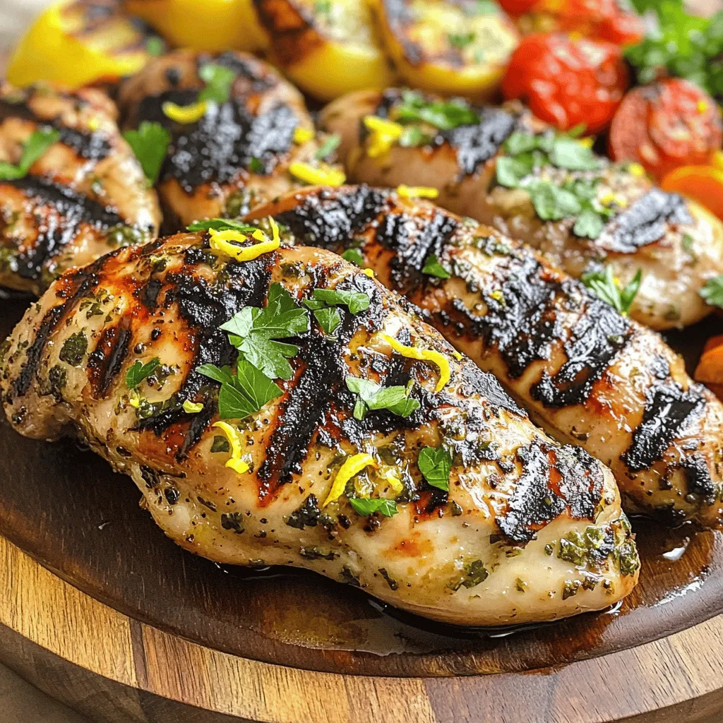 To make this dish, you need: - 4 boneless, skinless chicken breasts - 1/4 cup extra virgin olive oil - Zest and juice of 2 fresh lemons - 4 cloves of garlic, minced - 2 tablespoons fresh rosemary, finely chopped - 2 tablespoons fresh thyme, finely chopped - 1 teaspoon sea salt - 1/2 teaspoon freshly cracked black pepper You can add a touch of sweetness with: - 1 teaspoon honey Fresh parsley is great for garnish. It adds color and flavor. The marinade is the star here. It includes: - Olive oil for richness - Lemon zest and juice for tang - Garlic for depth - Rosemary and thyme for herbal notes - Sea salt and black pepper for seasoning Mix these ingredients well to form a fragrant marinade. This is key to getting that juicy and flavorful grilled chicken. You can find the full recipe in the article for step-by-step guidance. To start, gather all your ingredients. In a large bowl, mix together the olive oil, lemon zest, and lemon juice. Add the minced garlic, chopped rosemary, and thyme. Then, sprinkle in the sea salt and black pepper. If you like a hint of sweetness, add honey. Whisk it all together. This will be your marinade—a bright and flavorful blend. Now, take your chicken breasts and place them in a zip-top bag or a shallow dish. Pour the marinade over the chicken. Make sure each piece is well-coated. Seal the bag or cover the dish with plastic wrap. Refrigerate for at least 30 minutes. For the best flavor, let it marinate for up to 4 hours. Preheat your grill to medium-high heat, around 375°F to 450°F. Remove the chicken from the marinade and let the excess drip off. Arrange the chicken on the grill, but don’t overcrowd it. Grill one side for 6-7 minutes without moving it. Flip the chicken and grill the other side for another 6-7 minutes. Check the internal temperature; it should reach 165°F to be safe. Once done, take the chicken off the grill. Let it rest for about 5 minutes on a cutting board. This helps keep it juicy. Before serving, sprinkle fresh parsley on top for color and flavor. Pair the grilled chicken with roasted vegetables or a fresh garden salad for a delightful meal. For the full recipe, check out the complete instructions above. For the best flavor, always start with fresh herbs. Fresh herbs make a big difference. I recommend using rosemary and thyme for this dish. Mix your marinade well. Ensure all the flavors blend. Let the chicken marinate for at least 30 minutes. For stronger flavor, go for 4 hours. The longer, the better! Keep the chicken in the fridge while it marinates. This keeps it safe and helps the flavors soak in. Grilling at the right temperature is key. Preheat your grill to medium-high heat, around 375°F to 450°F. This gives you nice grill marks. Cook the chicken for 6-7 minutes on each side. Do not flip too soon; let it sear. Check the internal temperature with a meat thermometer. It should reach 165°F for safety. To keep your chicken juicy, let it rest after grilling. Let it sit for about 5 minutes. This helps the juices redistribute. Avoid cutting it right away. Also, don’t overcrowd the grill. Space the chicken well for even cooking. If you follow these tips, your chicken will turn out flavorful and juicy every time. For the full recipe, check out the [Full Recipe]. {{image_4}} You can change the flavor by using different herbs. Fresh basil adds a sweet touch. Oregano gives a robust taste. Chives add a mild onion flavor. Mix and match to find your favorite blend. Each herb brings its unique flavor, so experiment! If you want a change from chicken, try other proteins. Turkey works great with this marinade. Fish like salmon or tilapia also absorbs the zesty flavors well. For a vegetarian option, use firm tofu. Marinate it just like the chicken for tasty results. This recipe is gluten-free by nature. Use gluten-free soy sauce if you want a salty kick. Avoid sauces with wheat. Always check labels to ensure all ingredients are safe. Enjoy a delicious meal without worry! For the full recipe, visit the link above. After enjoying your Lemon Herb Grilled Chicken, store any leftovers right away. Place the chicken in an airtight container. This keeps it fresh and safe. You can store it in the fridge for up to four days. If you have a lot, divide it into smaller portions for easy meals later. To reheat your chicken, preheat your oven to 350°F (175°C). Place the chicken on a baking sheet. Cover it with foil to keep it moist. Heat for about 15-20 minutes or until warm. You can also microwave it. Just place the chicken on a plate and cover it with a damp paper towel. Heat for 1-2 minutes, checking to avoid overcooking. If you want to save the chicken for later, freezing is great. First, let it cool completely. Wrap each piece in plastic wrap, then place it in a freezer bag. Label the bag with the date. Frozen chicken will stay good for up to three months. To thaw, move it to the fridge overnight before reheating. For best results, use the chicken within three months. You can find all these tips and more in the Full Recipe. You should marinate the chicken for at least 30 minutes. For a stronger flavor, try marinating for up to 4 hours. This time allows the chicken to soak up the lemon and herb flavors. If you’re tight on time, don’t worry. Even a short marinade will still taste great. Yes, you can bake the chicken if grilling isn't an option. Preheat your oven to 400°F (200°C). Place the marinated chicken on a baking sheet. Bake for 20-25 minutes or until it reaches 165°F (75°C) inside. Baking gives you juicy chicken, but grilling adds those lovely char marks and smoky flavor. You can serve it with many sides. Roasted seasonal vegetables add color and nutrition. A fresh garden salad pairs well too, enhancing the zesty flavors. You might also consider serving it with quinoa or rice for a hearty meal. The best way to check is by using a meat thermometer. Insert it into the thickest part of the chicken. It should read 165°F (75°C) for safe eating. If you don’t have a thermometer, look for clear juices and no pink meat. For the full recipe, check out the details above. Enjoy your cooking! Lemon herb grilled chicken is a flavorful dish you can make easily. We explored key ingredients like marinade and grilling tips. I shared ideas for variations and ways to store leftovers. Remember, the right marinade and grilling time make all the difference. Enjoy experimenting with different herbs and proteins for tasty twists. Cook smart, store well, and you’ll always have a winning meal.