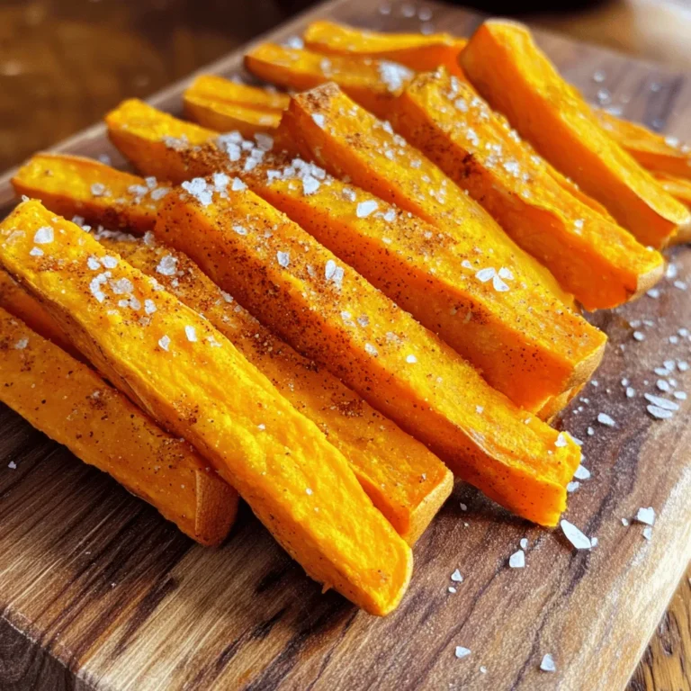- Sweet potatoes - Olive oil - Spices and seasonings - Cornstarch Uniform slices make a big difference. Cut sweet potatoes evenly for even cooking. If your fries are too thick, they will take longer to bake. If they are too thin, they may burn. Adjust the amount of olive oil based on the number of sweet potatoes. A little oil helps the spices stick and adds flavor. You can also change the spices to fit your taste. Want more heat? Add more cayenne pepper. Prefer a milder flavor? Skip it! Using cornstarch is key for crispiness. It helps the fries turn golden and crunchy. Measure it out carefully to avoid soggy fries. You want just enough to coat each fry evenly. For the full recipe, check out the detailed instructions. Enjoy your cooking! First, peel the sweet potatoes with a vegetable peeler. Make sure to remove all the skin. Next, slice the sweet potatoes into uniform fries. Aim for about 1/4 inch thick for even cooking. This helps them bake evenly. Now, preheat your oven to 425°F (220°C). A hot oven is key for getting crispy fries. In a large mixing bowl, add the sliced sweet potatoes. Drizzle 2 tablespoons of olive oil over them. Next, add 1 teaspoon each of paprika, garlic powder, onion powder, and cayenne pepper if you want some heat. Don't forget salt and pepper! Mix everything well. Make sure each fry gets a good coat of the seasoning. This step makes a big difference in flavor. Now, sprinkle 2 tablespoons of cornstarch over the fries. Toss them again to coat evenly. The cornstarch is what makes these fries super crispy when baked. Arrange the fries on a baking sheet lined with parchment paper. Lay them out in a single layer. Give them space so they don’t crowd each other. If they are too close, they will steam instead of crisp up. Put the baking sheet in the preheated oven. Bake for 25-30 minutes. Halfway through, flip the fries. This helps them cook evenly and get that golden color. Watch them closely as they bake. When they are crispy and golden, they are ready to come out. Enjoy them warm for the best crunch! To make sweet potato fries super crispy, use cornstarch. It helps absorb moisture and creates a great crunch. After tossing the fries in oil and spices, sprinkle cornstarch on them. Mix well to coat each fry evenly. The oven settings matter too. Set your oven to 425°F (220°C). This high heat helps the fries crisp up nicely. Place your baking sheet in the center of the oven. This position allows hot air to circulate. One big mistake is overcrowding the baking sheet. If the fries touch, they steam instead of crisping. Always leave space between each fry. Baking in batches is a smart choice if needed. Another mistake is skipping preheating. It’s crucial to heat the oven before baking. Preheating ensures the fries start cooking at the right temperature. Sweet potato fries taste great with dips. Try pairing them with ketchup, ranch, or a spicy aioli. These flavors blend well with the sweet and savory taste of the fries. You can also serve them with burgers or grilled chicken. They make a perfect side dish for any meal. The crunch of the fries adds a fun touch to your plate. For more ideas, check out the Full Recipe. {{image_4}} You can spice up your sweet potato fries with various herbs and spices. Try adding: - 1 teaspoon cumin for a warm, earthy flavor - 1 teaspoon chili powder for heat - Fresh rosemary or thyme for a fragrant twist If you want to explore alternatives to sweet potatoes, Yukon Gold potatoes work well. They offer a creamy texture and a slightly different taste, yet still crisp nicely in the oven. These fries can easily fit into different diets. To make them gluten-free, just check your cornstarch label. For vegan options, all the ingredients are plant-based! If you like your fries mild, skip the cayenne pepper. You can also add a pinch of black pepper for a light kick without overpowering the taste. You can achieve crispy fries in various ways. An air fryer is a great option. It cooks fries quickly while keeping them crispy. Just toss the seasoned fries in the air fryer basket and cook them at 400°F (200°C) for about 15-20 minutes. Grilling is another fun method. Slice your sweet potatoes into thicker wedges. Brush them with olive oil, season, and grill them over medium heat. This method adds a smoky flavor that’s truly delightful. For the full recipe, check out the detailed instructions above! To keep your sweet potato fries fresh, store them in an airtight container in the fridge. Make sure they cool down first. This helps keep them crispy. Use them within three to four days for the best taste. If you want to freeze sweet potato fries, follow these steps: - Allow them to cool completely. - Spread them out on a baking sheet in a single layer. - Freeze for a couple of hours until firm. - Transfer to a freezer-safe bag or container. - They can last up to three months in the freezer. When it’s time to reheat, you want fries that are still crispy. The best way to do this is in the oven. Preheat your oven to 400°F (200°C). Place the fries on a baking sheet in a single layer. Bake for about 10 minutes. Keep an eye on them to avoid burning. Avoid using a microwave if you want crispy fries. Microwaving can make them soggy. If you have to use the microwave, heat them in short bursts. But remember, the oven is best for crispiness. For the full recipe, check the recipe section. Enjoy your sweet potato fries! To make sweet potato fries crispy, start by cutting them into even pieces. This helps them cook at the same rate. Toss the fries in olive oil and spices for flavor. Adding cornstarch increases crispiness. Spread them in a single layer on a baking sheet. Make sure not to crowd them. Flip halfway through baking for even crispness. You can use frozen sweet potatoes, but fresh ones give better texture. Frozen fries may not crisp up as well. If you use frozen, skip the cornstarch step. Bake them straight from the freezer without thawing. Keep an eye on the cooking time; they may take longer. Sweet potato fries taste great with many sauces. Here are some popular choices: - Ketchup - Ranch dressing - Garlic aioli - Spicy mayo - Honey mustard Experiment with these to find your favorite dip! - How long do sweet potato fries last in the fridge? Sweet potato fries can last up to three days in the fridge. Store them in an airtight container. For best taste, eat them fresh. - Can I make sweet potato fries without cornstarch? Yes, you can make sweet potato fries without cornstarch. However, they might not be as crispy. You can still achieve some crunch by using the right oil and cooking method. Sweet potato fries are tasty and easy to make. We covered the best ingredients and tips for a crisp finish. You learned how to prepare, bake, and season them perfectly. Remember, use uniform slices and avoid overcrowding for the best results. If you try different spices or cooking methods, the possibilities are endless. Don’t forget to store leftovers properly for future enjoyment. With these steps, delicious sweet potato fries are simple to create.