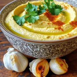 For my roasted garlic hummus, I use these tasty items: - 1 cup canned chickpeas, thoroughly drained and rinsed - 4 tablespoons tahini - 4 tablespoons freshly squeezed lemon juice - 3 tablespoons extra-virgin olive oil - 1 whole head of garlic - 1 teaspoon ground cumin - Sea salt, to taste - 2-3 tablespoons water (as needed for consistency) - Fresh parsley, chopped (for garnish) - Paprika (for garnish) You can swap ingredients to suit your taste. For tahini, try sunflower seed butter. If you want a tangy kick, use lime juice instead of lemon juice. Olive oil can be replaced with avocado oil for a different flavor. If you don’t have cumin, try smoked paprika for a smoky touch. Each ingredient in my hummus has benefits. Chickpeas are high in protein and fiber. They help you feel full and support digestion. Tahini is rich in healthy fats and vitamins. It boosts heart health. Fresh lemon juice adds vitamin C, which helps your immune system. Olive oil has good fats that can lower bad cholesterol levels. Garlic is known for its anti-inflammatory and immune-boosting properties. It adds a wonderful flavor to the dip, too! For the full recipe, check out Roasted Garlic Bliss Hummus . Start with your oven. Preheat it to 400°F (200°C). Next, take a whole head of garlic. Cut off the top, about 1/4 inch down. This exposes the cloves. Drizzle a teaspoon of olive oil over the cloves. Then wrap the garlic in aluminum foil. Place it in the oven once it’s hot. Roast for 30-35 minutes until soft and fragrant. After roasting, let it cool for a few minutes. Squeeze the soft cloves out into a bowl. Now, grab your food processor. Add the roasted garlic cloves to the bowl. Next, include 1 cup of drained chickpeas. Then, add 4 tablespoons of tahini and 4 tablespoons of lemon juice. Pour in 3 tablespoons of olive oil and a teaspoon of ground cumin. Sprinkle in some sea salt to taste. Blend this mix on high speed until it is smooth. If it’s too thick, add 2-3 tablespoons of water. Blend again until you get a creamy texture. Taste your hummus and adjust the salt or lemon juice if needed. Once satisfied, transfer it to a serving bowl. For a nice look, drizzle some olive oil on top. Sprinkle paprika and fresh parsley for garnish. Enjoy your roasted garlic hummus with veggies or pita chips. This recipe is a true delight for your taste buds! For the full recipe, check the main article. To get the right texture for your hummus, start with good-quality chickpeas. Use canned chickpeas that are drained and rinsed well. This helps remove excess salt and improves flavor. When blending, add water slowly. Start with one tablespoon at a time. If your hummus is too thick, it may not blend well. Keep blending until it turns creamy and smooth. Roasted garlic gives a deep, rich flavor. But you can add more! Try a dash of smoked paprika for a subtle kick. A pinch of cayenne pepper adds heat without overpowering the dish. Fresh herbs like cilantro or dill can brighten the flavor. For a nutty twist, add a spoonful of toasted sesame oil. These simple changes can take your hummus to the next level. One big mistake is undercooking the garlic. Roast it until soft and caramelized. This makes the flavor sweet and mellow. Another error is not adjusting the seasoning. Always taste your hummus before serving. You might need more salt or lemon juice. Lastly, don’t skip the olive oil drizzle on top! It makes your hummus look nice and adds extra flavor. For the full recipe, check the section above. {{image_4}} To make spicy roasted garlic hummus, add some heat! Blend in 1-2 teaspoons of cayenne pepper or a splash of hot sauce. You can also use roasted jalapeños for a smoky kick. This adds a fiery twist to the creamy base. If you love fresh herbs, try adding basil, cilantro, or dill. Chop about 1/4 cup of your chosen herb and mix it in right before serving. This will give your hummus a bright, fresh taste. You can also use dried herbs like oregano for a different vibe. For a unique flavor, swap tahini with nut butter. Almond or cashew butter works wonders. This adds a rich, nutty taste to your hummus. You can also toss in a handful of toasted nuts, like pine nuts, to enhance the texture and flavor. Check out the Full Recipe for more details on crafting these variations! Store your roasted garlic hummus in an airtight container. This keeps it fresh longer. Be sure to let it cool before sealing to avoid condensation. You can also layer plastic wrap over the hummus before sealing. This adds extra protection against air. Homemade roasted garlic hummus lasts about five to seven days in the fridge. Make sure to check for any signs of spoilage first. If it looks or smells off, toss it out. You can also freeze hummus for about four months. This helps you enjoy it later. To freshen up your cold hummus, stir in a bit of olive oil or lemon juice. This adds flavor and moisture. If it’s frozen, thaw it in the fridge overnight. Avoid using a microwave, as it can change the texture. For the best taste, serve it at room temperature. Enjoy your roasted garlic hummus with fresh veggies or pita chips! For the full recipe, refer back to the instructions above. You can serve roasted garlic hummus in many fun ways. It works great as a dip with fresh veggies, like carrots and cucumbers. You can also pair it with pita chips or bread. For a tasty twist, spread it on sandwiches or wraps. You might even try using it as a base for pizza! Adding a drizzle of olive oil and a sprinkle of paprika makes it pop visually. Yes, you can freeze roasted garlic hummus. Just place it in an airtight container. Be sure to leave some space at the top. Hummus can expand as it freezes. When you're ready to use it, let it thaw in the fridge overnight. You might need to stir in a bit of water to restore its creamy texture. Homemade hummus stays fresh in the fridge for about one week. Keep it in a sealed container to maintain quality. If you see any signs of spoilage, like mold, it’s best to toss it. Always check the smell and taste before serving. Enjoy the fresh, rich flavor of your roasted garlic hummus straight from your kitchen! For the complete recipe, check the [Full Recipe]. You learned about the key ingredients for roasted garlic hummus, including substitutes and health gains. I showed you how to prepare it, blend it, and add the perfect finishing touches. I shared tips for great texture and flavor, while avoiding common mistakes. You discovered fun variations and proper storage tips to keep it fresh. Roasted garlic hummus is tasty and easy to make. Try it today; you won’t regret it!
