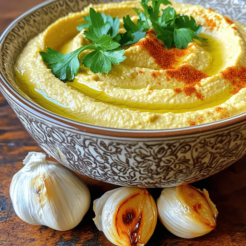 For my roasted garlic hummus, I use these tasty items: - 1 cup canned chickpeas, thoroughly drained and rinsed - 4 tablespoons tahini - 4 tablespoons freshly squeezed lemon juice - 3 tablespoons extra-virgin olive oil - 1 whole head of garlic - 1 teaspoon ground cumin - Sea salt, to taste - 2-3 tablespoons water (as needed for consistency) - Fresh parsley, chopped (for garnish) - Paprika (for garnish) You can swap ingredients to suit your taste. For tahini, try sunflower seed butter. If you want a tangy kick, use lime juice instead of lemon juice. Olive oil can be replaced with avocado oil for a different flavor. If you don’t have cumin, try smoked paprika for a smoky touch. Each ingredient in my hummus has benefits. Chickpeas are high in protein and fiber. They help you feel full and support digestion. Tahini is rich in healthy fats and vitamins. It boosts heart health. Fresh lemon juice adds vitamin C, which helps your immune system. Olive oil has good fats that can lower bad cholesterol levels. Garlic is known for its anti-inflammatory and immune-boosting properties. It adds a wonderful flavor to the dip, too! For the full recipe, check out Roasted Garlic Bliss Hummus . Start with your oven. Preheat it to 400°F (200°C). Next, take a whole head of garlic. Cut off the top, about 1/4 inch down. This exposes the cloves. Drizzle a teaspoon of olive oil over the cloves. Then wrap the garlic in aluminum foil. Place it in the oven once it’s hot. Roast for 30-35 minutes until soft and fragrant. After roasting, let it cool for a few minutes. Squeeze the soft cloves out into a bowl. Now, grab your food processor. Add the roasted garlic cloves to the bowl. Next, include 1 cup of drained chickpeas. Then, add 4 tablespoons of tahini and 4 tablespoons of lemon juice. Pour in 3 tablespoons of olive oil and a teaspoon of ground cumin. Sprinkle in some sea salt to taste. Blend this mix on high speed until it is smooth. If it’s too thick, add 2-3 tablespoons of water. Blend again until you get a creamy texture. Taste your hummus and adjust the salt or lemon juice if needed. Once satisfied, transfer it to a serving bowl. For a nice look, drizzle some olive oil on top. Sprinkle paprika and fresh parsley for garnish. Enjoy your roasted garlic hummus with veggies or pita chips. This recipe is a true delight for your taste buds! For the full recipe, check the main article. To get the right texture for your hummus, start with good-quality chickpeas. Use canned chickpeas that are drained and rinsed well. This helps remove excess salt and improves flavor. When blending, add water slowly. Start with one tablespoon at a time. If your hummus is too thick, it may not blend well. Keep blending until it turns creamy and smooth. Roasted garlic gives a deep, rich flavor. But you can add more! Try a dash of smoked paprika for a subtle kick. A pinch of cayenne pepper adds heat without overpowering the dish. Fresh herbs like cilantro or dill can brighten the flavor. For a nutty twist, add a spoonful of toasted sesame oil. These simple changes can take your hummus to the next level. One big mistake is undercooking the garlic. Roast it until soft and caramelized. This makes the flavor sweet and mellow. Another error is not adjusting the seasoning. Always taste your hummus before serving. You might need more salt or lemon juice. Lastly, don’t skip the olive oil drizzle on top! It makes your hummus look nice and adds extra flavor. For the full recipe, check the section above. {{image_4}} To make spicy roasted garlic hummus, add some heat! Blend in 1-2 teaspoons of cayenne pepper or a splash of hot sauce. You can also use roasted jalapeños for a smoky kick. This adds a fiery twist to the creamy base. If you love fresh herbs, try adding basil, cilantro, or dill. Chop about 1/4 cup of your chosen herb and mix it in right before serving. This will give your hummus a bright, fresh taste. You can also use dried herbs like oregano for a different vibe. For a unique flavor, swap tahini with nut butter. Almond or cashew butter works wonders. This adds a rich, nutty taste to your hummus. You can also toss in a handful of toasted nuts, like pine nuts, to enhance the texture and flavor. Check out the Full Recipe for more details on crafting these variations! Store your roasted garlic hummus in an airtight container. This keeps it fresh longer. Be sure to let it cool before sealing to avoid condensation. You can also layer plastic wrap over the hummus before sealing. This adds extra protection against air. Homemade roasted garlic hummus lasts about five to seven days in the fridge. Make sure to check for any signs of spoilage first. If it looks or smells off, toss it out. You can also freeze hummus for about four months. This helps you enjoy it later. To freshen up your cold hummus, stir in a bit of olive oil or lemon juice. This adds flavor and moisture. If it’s frozen, thaw it in the fridge overnight. Avoid using a microwave, as it can change the texture. For the best taste, serve it at room temperature. Enjoy your roasted garlic hummus with fresh veggies or pita chips! For the full recipe, refer back to the instructions above. You can serve roasted garlic hummus in many fun ways. It works great as a dip with fresh veggies, like carrots and cucumbers. You can also pair it with pita chips or bread. For a tasty twist, spread it on sandwiches or wraps. You might even try using it as a base for pizza! Adding a drizzle of olive oil and a sprinkle of paprika makes it pop visually. Yes, you can freeze roasted garlic hummus. Just place it in an airtight container. Be sure to leave some space at the top. Hummus can expand as it freezes. When you're ready to use it, let it thaw in the fridge overnight. You might need to stir in a bit of water to restore its creamy texture. Homemade hummus stays fresh in the fridge for about one week. Keep it in a sealed container to maintain quality. If you see any signs of spoilage, like mold, it’s best to toss it. Always check the smell and taste before serving. Enjoy the fresh, rich flavor of your roasted garlic hummus straight from your kitchen! For the complete recipe, check the [Full Recipe]. You learned about the key ingredients for roasted garlic hummus, including substitutes and health gains. I showed you how to prepare it, blend it, and add the perfect finishing touches. I shared tips for great texture and flavor, while avoiding common mistakes. You discovered fun variations and proper storage tips to keep it fresh. Roasted garlic hummus is tasty and easy to make. Try it today; you won’t regret it!