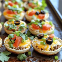 - 1 lb ground beef or plant-based alternative - 1 packet taco seasoning - 1 cup cream cheese, softened - 1 cup ranch dressing - 1 cup shredded cheddar cheese - 1/2 cup diced ripe tomatoes, seeds removed - 1/4 cup sliced green onions - 1/2 cup black olives, pitted and sliced - Mini flour tortillas or tortilla chips To create the best Taco Ranch Bites, you must choose the right ingredients. I love using ground beef for its rich taste, but you can use a plant-based option if you prefer. Taco seasoning adds that classic flavor. Cream cheese gives a creamy texture, while ranch dressing adds a tangy kick. Toppings like cheddar cheese, tomatoes, green onions, and olives make each bite pop with flavor. You have a choice between mini flour tortillas and tortilla chips. Tortillas give a soft bite, while chips add a crunch. If you like, fresh cilantro can be a nice touch for garnish. It adds freshness and color to your bites. Each serving of Taco Ranch Bites has about 250-300 calories. The macronutrient breakdown includes roughly 15-20g of protein, 15-20g of fat, and 20-25g of carbs. This makes them a hearty snack for game day. You can enjoy them while still keeping an eye on your nutrition. For the full recipe, check out the [Full Recipe]. To start, heat a large skillet over medium heat. Add 1 pound of ground beef or a plant-based alternative. Cook this for about 6-8 minutes. Break it apart with a spatula. You want it to brown evenly. Once browned, drain any excess grease. This step helps keep the bites from becoming oily. Next, sprinkle 1 packet of taco seasoning over the meat. Pour in 1/4 cup of water and mix well. Stir until all the meat is coated with the seasoning. Cook for another 5-7 minutes until the mixture thickens and smells great. Remove it from heat and set aside. Now, grab a medium bowl. Add 1 cup of softened cream cheese and 1 cup of ranch dressing to the bowl. Using a spatula or a hand mixer, blend these two until smooth and creamy. Make sure there are no lumps left. This mixture adds a rich texture to each bite. Lay out mini flour tortillas on a clean surface. Take a generous dollop of the cream cheese mixture, about 1 tablespoon, and place it in the center of each tortilla. Next, add about 1 tablespoon of the seasoned meat on top of the cream cheese. Now for the toppings! Sprinkle shredded cheddar cheese over the meat. Add diced ripe tomatoes, sliced green onions, and black olives for color and flavor. These extra toppings make each bite pop. Carefully fold each tortilla over the fillings to close them up. If you prefer, use tortilla chips instead. Just layer the toppings directly onto the chips for a crunchy twist. Preheat your oven to 350°F (175°C). Arrange the assembled Taco Ranch Bites on a baking sheet in a single layer. Bake in the oven for about 10 minutes. You want the cheese to melt and the edges to turn golden and crispy. Once done, let the bites cool for a few minutes. If you like, garnish with fresh cilantro for a burst of flavor. These Taco Ranch Bites are now ready to be enjoyed! For the full recipe, check out the details above. To avoid soggy tortillas, use fresh mini tortillas. Don't add too many fillings. If your tortillas feel damp, warm them briefly in the oven. This makes them pliable and less likely to get soggy. For cheese that melts just right, shred it yourself. Pre-shredded cheese often has anti-caking agents that can prevent smooth melting. Mix the cheese with the meat while it's hot. This helps it melt evenly and blend in perfectly. For creative plating, use a large platter. Arrange the bites in a circle for a fun look. You can also stack them in small piles. It adds height and interest. For gatherings, serve with dips nearby. Salsa or extra ranch dressing adds color and flavor. You can even use small cups for individual servings. It makes it easy for guests to grab and enjoy. To prepare Taco Ranch Bites in advance, cook the meat and mix the cream cheese. Store them separately in the fridge. You can assemble the bites just before baking. This saves time and keeps them fresh. If you want to bake them later, assemble the bites, then cover and freeze before baking. Just remember to add a few extra minutes to the baking time if you bake them from frozen. This will ensure they cook evenly. For the full recipe, check out the complete guide! {{image_4}} You can add a kick to your Taco Ranch Bites. Try adding chopped jalapeños for spice. If you like heat, consider using hot sauce in the cream cheese mix. You can also swap out the cheese. Pepper jack cheese adds a nice kick, while cotija cheese gives a creamy, salty taste. These bites can fit many diets! For a vegetarian option, use lentils or black beans instead of meat. You can also use a plant-based cream cheese and ranch dressing to make it vegan. For gluten-free options, use corn tortillas or gluten-free chips. You can turn Taco Ranch Bites into a dip! Instead of folding tortillas, layer the cream cheese mix, meat, and toppings in a bowl. Serve with tortilla chips for scooping. This makes it easy for guests to enjoy and is great for sharing at parties. To keep your Taco Ranch Bites fresh, store them in an airtight container in the fridge. Make sure they cool down to room temperature before sealing. This helps avoid moisture buildup, which can make them soggy. They can last up to three days in the fridge. If you want to enjoy them longer, consider freezing. Reheating Taco Ranch Bites can be tricky if you want to keep them crispy. The best way is to use an oven. Preheat your oven to 350°F (175°C). Place the bites on a baking sheet and bake for about 10 minutes. This method helps to revive the crispiness. You can also use an air fryer, which works well too. Set it to 350°F and heat for about 5 minutes. You can freeze both unbaked and baked Taco Ranch Bites. For unbaked bites, assemble them, but don’t bake. Place them on a baking sheet, freeze until solid, then transfer to a freezer bag. They can last up to three months. When ready to bake, cook them straight from frozen. For baked bites, let them cool completely before freezing. Store them in an airtight container and reheat when you want to eat. Taco Ranch Bites can be stored in the fridge for about 3 days. Keep them in an airtight container. This helps keep them fresh and tasty. If you want to extend their life, consider freezing them. They can last in the freezer for up to a month. Just remember to thaw them in the fridge before reheating. Yes, you can easily make Taco Ranch Bites without meat. Use plant-based meat or beans instead of ground beef. Black beans or lentils work great. Just season them like you would the meat. This way, you get all the flavors without the meat. It’s a fun and tasty option for vegetarians. Taco Ranch Bites pair well with many dips and sides. Serve them with salsa for a fresh kick. Guacamole adds a creamy texture. You can also offer extra ranch dressing for dipping. For a complete meal, serve with a side salad or corn salsa. These add color and flavor to your spread. Absolutely! To add some heat, mix diced jalapeños into the meat. You can also use spicy taco seasoning instead of regular. Adding hot sauce to the cream cheese mixture is another great option. If you like it fiery, top the bites with sliced fresh chilies. These ideas bring the heat and excitement! Yes, you can use homemade ranch dressing. In fact, it often tastes better than store-bought. Making it fresh lets you control the flavors. Use fresh herbs and spices for a vibrant taste. However, store-bought ranch dressing is still convenient and works well. Choose what fits your time and taste! For the Full Recipe, check the earlier section. Enjoy making your Taco Ranch Bites! In this blog post, we explored the tasty world of Taco Ranch Bites. We covered key ingredients like ground beef and cream cheese, plus tips for perfect cooking and serving. You can customize these bites with variations for diet needs or flavor preferences. With handy storage info, you can keep them fresh for later. Enjoy this fun dish at your next gathering! Get creative and make it your own. These bites will surely please everyone.