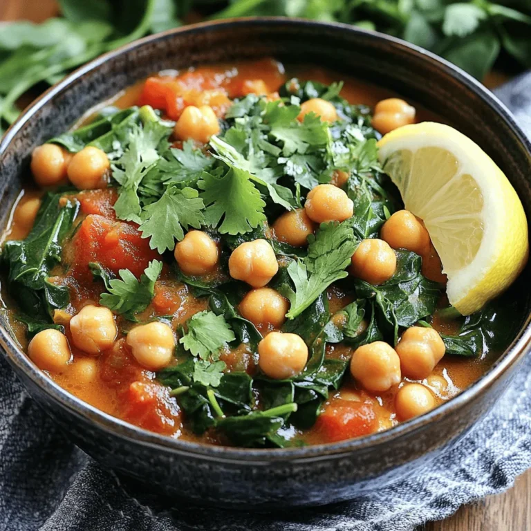 - 2 cans (15 oz each) chickpeas, thoroughly drained and rinsed - 4 cups fresh spinach, roughly chopped - 1 medium onion, finely diced - 3 cloves garlic, minced Chickpeas are the star of this dish. They add protein and fiber. Fresh spinach brings color and nutrients. Onions and garlic add a savory base that makes the stew flavorful. - 1 teaspoon ground cumin - 1 teaspoon smoked paprika - 1/2 teaspoon turmeric Spices make this stew special. Ground cumin adds earthiness. Smoked paprika gives a nice depth and warmth. Turmeric not only adds color but also health benefits. - 3 cups vegetable broth - Fresh cilantro leaves for garnish - Fresh lemon juice (from 1 lemon) You can use vegetable broth for more flavor. Fresh cilantro adds a pop of color and taste. A squeeze of lemon juice brightens the stew and enhances the flavors. For the full experience, check out the Full Recipe to see how everything comes together. Sautéing Onion and Garlic Start by heating the olive oil in a large pot over medium heat. Once the oil shimmers, add the diced onion. Sauté the onion for about 5 minutes. You want it soft and translucent. Next, add the minced garlic and stir. This adds a burst of flavor. Adding Spices Now, sprinkle in the ground cumin, smoked paprika, and turmeric. Stir these spices in for about one minute. This step wakes up the spices and fills your kitchen with amazing smells. Incorporating Tomatoes Pour in the diced tomatoes with their juices. Stir everything together. Let this mix simmer for 3 to 4 minutes. This brings the flavors together. Adding Chickpeas and Broth Next, add the drained chickpeas and the vegetable broth. Stir well to combine. Increase the heat until it boils. Once it boils, reduce to low and let it simmer for about 15 minutes. This helps the stew thicken and the flavors deepen. Folding in Spinach Now, fold in the chopped spinach. Let it wilt for about 2 to 3 minutes. This makes the stew vibrant and adds nutrition. Seasoning the Stew Taste your stew and season with salt, pepper, and a squeeze of fresh lemon juice. Adjust these to your liking. This final touch brightens the dish. For the full recipe, refer to the section above. Enjoy every spoonful! Using fresh ingredients makes a big difference. Fresh spinach and ripe tomatoes add depth. The taste is brighter and more vibrant. Adjusting seasoning levels is key too. Start with less salt and pepper. You can always add more later. A squeeze of lemon juice boosts the stew's flavor. It brings out the natural sweetness of the chickpeas. Use a heavy pot for cooking your stew. A Dutch oven works best. It holds heat well and cooks evenly. Stir the stew gently as it cooks. This helps all the flavors mix together. Make sure to scrape the bottom of the pot. This prevents sticking and burning. A wooden spoon is perfect for this task. Serve your stew in deep bowls. This keeps it warm and inviting. Sprinkle fresh cilantro on top for color. It also adds a fresh taste. A wedge of lemon on the side is great too. It gives a nice zing when squeezed over the stew. For a complete meal, serve with crusty bread. It’s perfect for dipping. You can find the full recipe linked above for more tips on making this dish! {{image_4}} You can add chicken or tofu to this stew for extra protein. If you choose chicken, cook it in the pot before adding other ingredients. Cut it into small pieces for even cooking. For tofu, use firm tofu. Cut it into cubes and sauté it until golden. Then add it to the stew. You can also use other legumes. Black beans or lentils work great in this stew. Just remember to adjust the cooking time if you use lentils. They cook faster than chickpeas. To make this stew vegan, simply skip any chicken or dairy. The recipe is already gluten-free. Use gluten-free broth if needed. Check your spices for hidden gluten. You can adjust ingredients for different flavors. Try adding coconut milk for creaminess. It gives a nice twist to the taste. You can also use lime juice instead of lemon juice for a different zing. Incorporate other vegetables based on the season. Carrots, zucchini, or bell peppers can add color and taste. Just chop them into small pieces and add them to the pot early on. You can also adapt the spices to match the season. In winter, add warming spices like cinnamon or nutmeg. In summer, try fresh herbs like basil or parsley. These changes make the stew fun and exciting throughout the year. For the full recipe, check out the recipe section above. For leftover chickpea and spinach stew, place it in an airtight container. This helps keep it fresh. Store the stew in the fridge for up to four days. If you want to reheat it, pour the stew into a pot. Heat it over medium heat until it’s hot. Stir it often to warm it evenly. You can freeze the stew for longer storage. First, let it cool completely. Then, transfer it to a freezer-safe container. Leave some space at the top because the stew will expand when frozen. It can stay in the freezer for up to three months. To thaw, place the container in the fridge overnight. If you’re in a hurry, you can use the microwave. Just make sure to stir it halfway through. The shelf life of this stew is quite good. In the fridge, it lasts for about four days. If you freeze it, you can enjoy it for up to three months. Always check for any off smells or changes in texture before eating. Proper storage keeps your chickpea and spinach stew tasty and safe! Yes, you can use dried chickpeas. They add great flavor and texture. However, you need to cook them first. Soak them overnight in water. Then, boil them until they are soft. This can take about 1 to 2 hours. Adjust the cooking time in the stew recipe. To add spice, try using red pepper flakes. You can also add diced jalapeños. Start with a small amount, then taste. If you want more heat, add more. Another option is to use spicy paprika instead of smoked paprika. This gives a nice kick. This stew goes well with crusty bread. You can also serve it over rice or quinoa. A light salad works well too. Try a simple cucumber and tomato salad. It adds freshness to your meal. The total cooking time is about 30 minutes. You need 10 minutes for prep and 20 minutes for cooking. This is quick for a hearty meal. You can easily fit it into a busy day. This blog post covered key ingredients, instructions, tips, and variations for Chickpea and Spinach Stew. You learned how fresh ingredients and spices make the dish shine. Simple steps help you create a warm, tasty meal every time. Plus, we explored ways to customize the stew to suit your taste. Remember to store leftovers properly and try different sides for serving. Enjoy making this dish as a comforting staple in your kitchen. Your journey with cooking can be fun and rewarding!