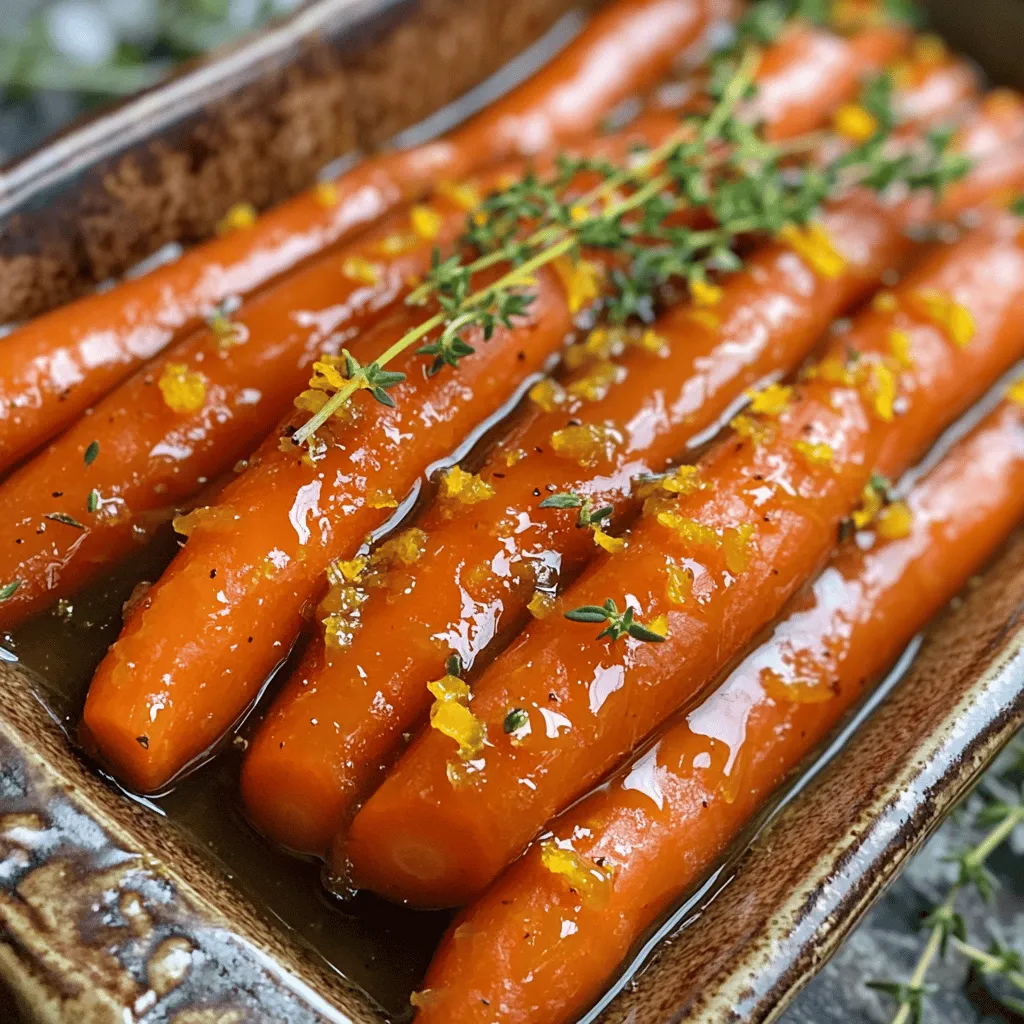 - 1 pound baby carrots (or 3-4 regular carrots) - 2 tablespoons honey - 1 tablespoon freshly squeezed orange juice - 1 tablespoon freshly squeezed lemon juice - 2 tablespoons unsalted butter - Salt and freshly ground black pepper, to taste - 1 teaspoon fresh thyme leaves (or ½ teaspoon dried thyme) - Zest of 1 orange - Calories per serving: Approximately 120 calories - Key vitamins and minerals: Rich in vitamin A, vitamin C, and potassium Carrots are not just good for your eyes; they also pack a nutritious punch! The blend of honey, citrus, and butter makes them taste sweet and bright. This dish shines with both flavor and color, making it a perfect side for any meal. Using baby carrots is easy and fun. They look lovely whole, and they cook fast. If you use regular carrots, cut them into sticks for even cooking. This will help them become tender without losing their crunch. With this recipe, you get a good dose of vitamins and minerals. Vitamin A helps with vision, while vitamin C supports your immune system. Potassium is great for heart health. You not only eat well, but you also feel good. You can find the full recipe above. Enjoy making this delightful dish that everyone will love! Start by getting your carrots ready. If you choose regular carrots, peel them first. Cut them into 3-4 inch sticks. This size helps them cook evenly. Baby carrots can be used whole for a pretty look. Uniform cuts make sure each piece cooks just right. Now, it's time to boil the carrots. Fill a medium pot with water and add a pinch of salt. Bring the water to a rolling boil. Carefully add your carrots. Boil them for 5-7 minutes until they are fork-tender, but still crunchy. Check doneness by poking a carrot with a fork. If it goes in easily, they are ready. Drain the cooked carrots and set them aside. Next, let’s create the glaze. In a large non-stick skillet, melt the unsalted butter over medium heat. Watch closely as it melts. When the butter shimmers, pour in the honey, orange juice, and lemon juice. Add the thyme too. Stir this mix until it bubbles gently. This should take about 2-3 minutes. The aroma will be heavenly! Now, add the drained carrots to your glaze in the skillet. Use tongs or a spatula to toss them gently. Coat each carrot well in the glaze. Cook them in the skillet for 3-4 minutes. Stir occasionally so the glaze thickens and flavors soak in. You’ll know it’s ready when the carrots look shiny and delicious. Remove the skillet from heat. Sprinkle the glazed carrots with fresh orange zest. Season with salt and freshly ground black pepper. Toss everything together so each carrot gets flavor. Fresh thyme adds a nice touch too. For the full steps and precise measurements, check the Full Recipe. Sautéing and roasting are both great ways to cook carrots. Sautéing cooks them quickly in a pan over medium heat. This method keeps them crisp and bright. Roasting, on the other hand, uses dry heat in the oven. It gives carrots a nice caramelized look and a deeper flavor. For a caramelized effect, roast at a high temperature. This helps bring out the natural sugars in the carrots. To get that sweet, brown crust, coat them well in the glaze. Let them cook without stirring for a few minutes. This allows the glaze to thicken and stick. Then, toss and turn them for even coating and flavor. When serving honey citrus glazed carrots, presentation is key. Use a shallow bowl to show off their vibrant color. A sprinkle of fresh orange zest or a sprig of thyme adds a nice touch. For special occasions, place them on a large platter for a family-style feast. These carrots pair well with many main dishes. They complement roasted chicken, grilled fish, or even a hearty beef stew. The sweet and tangy flavors work beautifully with savory meals. One common mistake is overcooking the carrots. If you cook them too long, they become mushy. Aim for a fork-tender texture, still with a bit of crunch. Improper glazing is another issue. If you rush this step, the glaze may not stick. Make sure to toss the carrots well in the glaze. Ensure they cook long enough to absorb all that sweet flavor. It is all about balance and patience for that perfect finish. For the full recipe, check out the steps outlined above! {{image_4}} You can switch up the flavor of honey citrus glazed carrots easily. One tasty option is to use maple syrup instead of honey. Maple adds a rich sweetness that pairs well with the citrus. You can also add a sprinkle of ginger or cinnamon. This addition brings warmth and depth to the dish. Feel free to play with the ingredients in this recipe. You can substitute different types of citrus. Grapefruit adds a tangy twist that surprises the taste buds. You can also include other vegetables. Try adding parsnips or sweet potatoes for added texture and flavor. Mixing veggies can make your dish even more colorful and fun. If you want to make the recipe vegan, simply replace the butter with oil. Olive oil or coconut oil works great. You can also swap out honey for agave nectar or maple syrup. This keeps the sweet flavor while making it suitable for a vegan diet. For gluten-free options, this recipe is already free from gluten. Just ensure that any added ingredients, like sauces, also meet gluten-free standards. You can enjoy this dish worry-free while sticking to your dietary needs. After you enjoy your honey citrus glazed carrots, store any leftovers in an airtight container. This keeps them fresh and tasty. Place the container in the fridge. They can last up to three days. If you notice any strange smells or colors, it's best to toss them. When reheating, keep the texture in mind. The best way is to use a skillet. Heat the skillet over medium heat and add a splash of water. This helps steam the carrots, keeping them soft. Stir occasionally to warm them evenly. You can also use a microwave. Place the carrots in a bowl, cover with a damp paper towel, and heat for about one minute. You can freeze glazed carrots, but they may lose some texture. To freeze, let them cool completely first. Then, place them in a freezer-safe bag. Try to remove as much air as possible before sealing. They can stay fresh in the freezer for up to three months. When you're ready to eat them, thaw in the fridge overnight before reheating. To enhance the natural sweetness of carrots, you can try a few tricks. First, choose fresh and young carrots; they tend to be sweeter. Roasting or glazing brings out their flavor. Cooking them in honey or maple syrup can boost their sweetness too. Adding a pinch of salt also helps. Salt makes sweet flavors pop, balancing the taste. Yes, you can prepare honey citrus glazed carrots ahead of time. Cook them fully and cool them down. Store them in an airtight container in the fridge for up to three days. When ready to serve, simply reheat in a skillet for a few minutes. This keeps the glaze vibrant and the carrots tasty. These glazed carrots pair well with many dishes. Try serving them with roasted chicken or grilled fish. They also go nicely with rice or quinoa. For a hearty meal, serve them alongside beef or lamb. Their sweet and zesty flavor complements rich dishes well. This recipe can be made vegan with a few swaps. Use maple syrup instead of honey for sweetness. Replace butter with vegan butter or olive oil. This keeps the dish flavorful while being plant-based. You can still enjoy the bright taste of citrus in your dish. To scale the recipe for more servings, simply increase the ingredient amounts. For example, if you want to serve eight, double the carrots, honey, and butter. Keep the same ratios for the other ingredients. Adjust cooking times as needed, ensuring the carrots cook evenly and soak up the glaze. For the full recipe, check out the detailed instructions above. This blog post detailed how to make honey citrus glazed carrots from start to finish. We covered the necessary ingredients, step-by-step cooking methods, and clever tips to avoid common mistakes. You learned about flavor variations and storing leftovers for later use. Enjoy trying this recipe with different twists. Whether for a special dinner or a weeknight meal, these glazed carrots will impress. With practice, you'll master the skills to make this dish shine on your table. Cooking can be fun and rewarding, so keep experimenting!