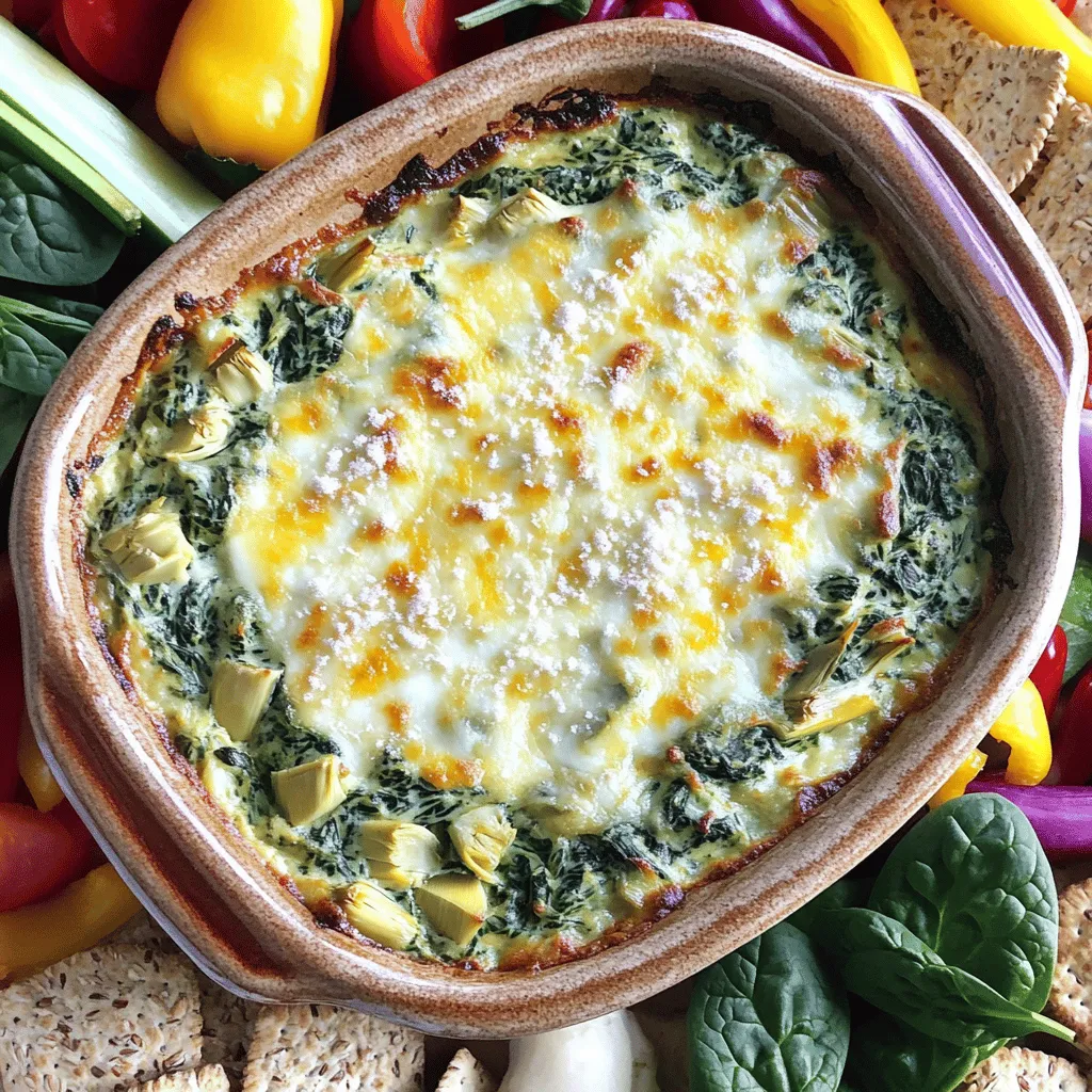 - 2 cups fresh spinach, finely chopped - 1 can (14 oz) artichoke hearts, thoroughly drained and roughly chopped - 1 cup plain Greek yogurt - 1/2 cup cream cheese, softened to room temperature - 1/2 cup shredded mozzarella cheese - 1/4 cup grated Parmesan cheese - 2 cloves garlic, finely minced - 1 tablespoon fresh lemon juice - 1 teaspoon onion powder - Salt and freshly ground black pepper, to taste - An assortment of fresh vegetables (like carrots, bell peppers, and cucumber) and whole grain crackers for serving Fresh spinach is rich in vitamins A, C, and K. It also has iron and fiber. Artichokes are high in antioxidants. They support heart health and digestion. Greek yogurt provides protein and probiotics. These help your gut health. Cream cheese adds creaminess but keep it light. Mozzarella cheese offers calcium and is lower in fat. Parmesan adds flavor with fewer calories. Garlic boosts your immune system. Lemon juice gives vitamin C and brightens the taste. Onion powder adds flavor without extra calories. Salt and pepper enhance all the flavors without adding calories. You can swap Greek yogurt for low-fat sour cream if you prefer. Use low-fat cream cheese to cut down on fat. For a dairy-free option, try cashew cream or coconut yogurt. Nutritional yeast can replace Parmesan cheese for a cheesy flavor without dairy. If you want a lower-carb option, serve with sliced bell peppers instead of crackers. You can also add more veggies to bulk it up, like zucchini or broccoli. These changes keep your dip tasty and healthy. You can find the full recipe for a delightful twist on this classic dish. First, preheat your oven to 350°F (175°C). This step is key to making sure your dip cooks evenly. Next, gather all your ingredients. You need fresh spinach, artichoke hearts, Greek yogurt, cream cheese, mozzarella, Parmesan, garlic, lemon juice, onion powder, salt, and pepper. Having everything ready makes cooking easier and more fun. In a large bowl, add the Greek yogurt, softened cream cheese, shredded mozzarella, and grated Parmesan cheese. Use a spatula or mixer to blend these ingredients together. Aim for a smooth and creamy texture. Once mixed, add the finely chopped spinach, chopped artichoke hearts, minced garlic, lemon juice, onion powder, and a pinch of salt and pepper. Gently fold everything together. Make sure every ingredient is well mixed and coated. Now, transfer the creamy mixture into a baking dish. Spread it out evenly with a spatula. Place the dish in your preheated oven and bake for 20-25 minutes. Watch for bubbling edges, which means it’s done. After baking, let the dip cool for a few minutes. Serve it warm with fresh veggies and whole grain crackers for dipping. This dip is perfect for sharing or enjoying alone! For the full recipe, check the earlier section. When you mix your dip, start with the cream cheese. This helps it blend well. Make sure it is softened first. Then, add the Greek yogurt. These two create a creamy base. Use a spatula or mixer to combine them until smooth. Once smooth, fold in the spinach and artichokes gently. This keeps the spinach from breaking down too much. The right dip consistency is key. You want it creamy, but not too runny. If it feels thick, add a splash of lemon juice or a bit more yogurt. This keeps it light and fresh. After baking, the dip will thicken a bit. Check it after serving. If it is too thick, serve with extra veggies or crackers. To impress your guests, focus on presentation. Use a colorful platter for the dip. Sprinkle extra Parmesan cheese on top for a great look. Add a few whole spinach leaves for color. Surround the dip with fresh veggies like carrots and bell peppers. This makes it not just tasty but also beautiful. Your guests will love the vibrant display. Check out the Full Recipe for more tips! {{image_4}} You can easily make a vegan version of this dip. Replace the cream cheese and yogurt with cashew cream or coconut yogurt. Both options give a nice creaminess. Use nutritional yeast instead of Parmesan for that cheesy flavor. This swap adds a boost of B vitamins too. To kick up the flavor, add some spices. A pinch of cayenne pepper or red pepper flakes can bring heat. For a smoky twist, try smoked paprika. Fresh herbs like basil or cilantro also add a bright taste. Experimenting with these flavor boosters can make your dip unique. You can make this dip a full meal by pairing it with whole grain bread or pita. Serve it alongside a salad for a balanced dish. Add protein by including grilled chicken or chickpeas. These pairings turn a snack into a satisfying meal. For the complete guide to making this dip, check out the Full Recipe. After you enjoy your healthy spinach artichoke dip, allow it to cool first. Then, place the dip in an airtight container. It will keep well in the fridge for up to four days. Make sure to label the container with the date. This way, you’ll know when to use it by. To reheat your dip, scoop out the amount you want. Place it in a microwave-safe bowl. Heat it in short bursts of 30 seconds, stirring in between. This prevents hot spots and keeps it creamy. You can also reheat it in the oven at 350°F (175°C) for about 15 minutes. Cover it with foil to avoid burning the top. If you want to store the dip for a longer time, freezing is a great option. Place the cooled dip in a freezer-safe container. It can last for up to three months in the freezer. When you’re ready to eat it, thaw it overnight in the fridge. Reheat as mentioned above, and you’ll have a tasty snack ready to go! For the full recipe, check back and enjoy this guilt-free treat anytime. Yes, you can use frozen spinach. Just make sure to thaw and drain it well. Frozen spinach loses water during freezing, so drain it to avoid a watery dip. This swap is easy and saves time. I love serving this dip warm with fresh veggies. Great options include: - Carrots - Bell peppers - Cucumber Whole grain crackers also pair well. You can even use pita chips for a tasty twist. Arrange everything on a colorful platter for a fun look! To cut more calories, you can do a few things: - Use low-fat cream cheese instead of regular - Swap out mozzarella for a lighter cheese option - Increase the amount of veggies for bulk without adding many calories These changes keep the dip creamy and tasty while making it lighter. You can find the full recipe above for all details! This blog post covered key ingredients for a tasty dip. We explored the unique benefits of each ingredient and offered healthier swaps. You learned step-by-step how to prepare, bake, and serve the dip perfectly. Remember, small changes can make a big impact. Explore variations to suit your taste or dietary needs. Lastly, don't forget about storage tips to keep leftovers fresh. With these strategies, you can enjoy this dip anytime. Keep experimenting and have fun!