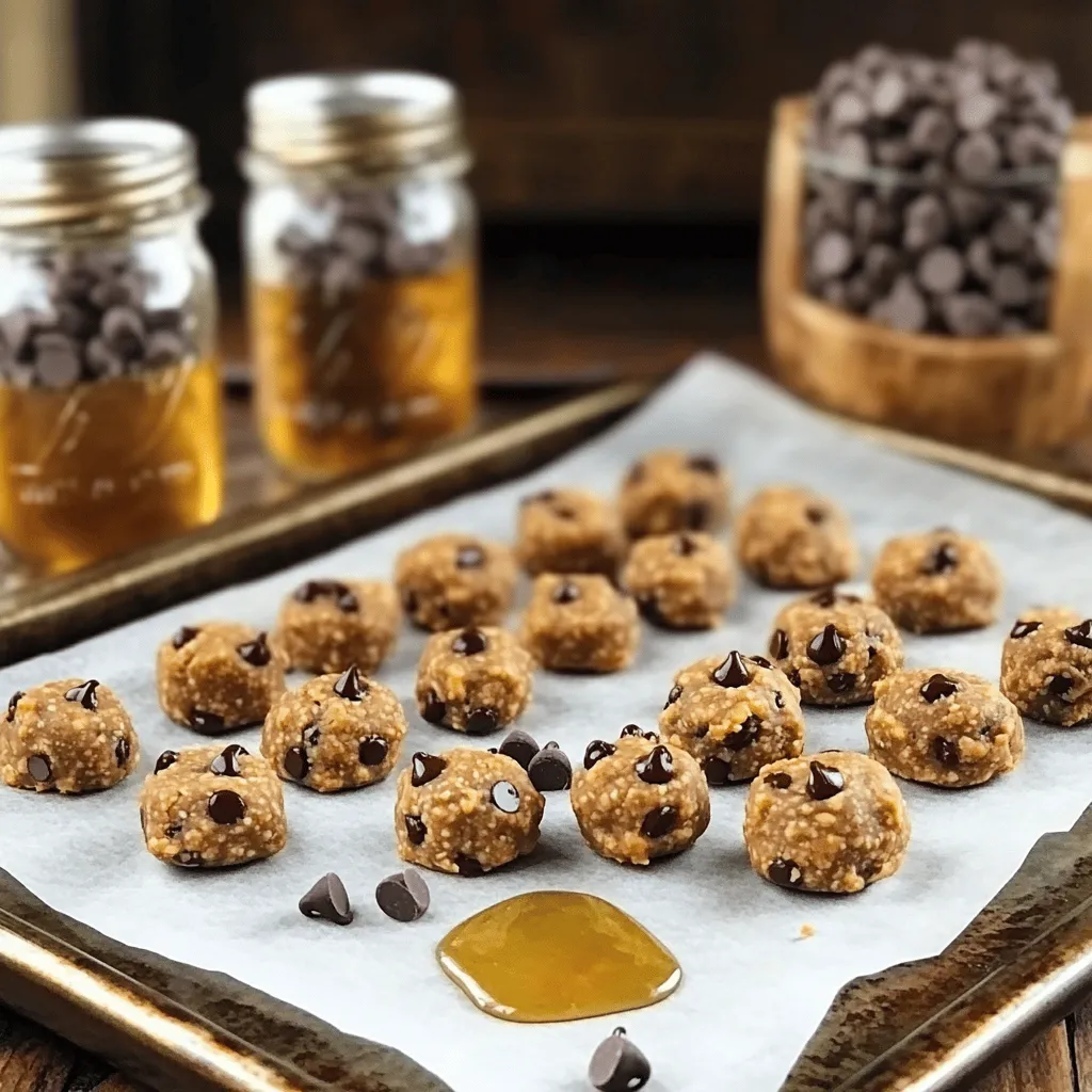 To make peanut butter chocolate chip energy bites, gather these simple ingredients: - 1 cup rolled oats - 1/2 cup natural peanut butter - 1/4 cup honey or maple syrup - 1/2 cup mini chocolate chips - 1/4 cup ground flaxseed - 1/2 teaspoon pure vanilla extract - A pinch of salt These items are easy to find and can be mixed quickly. The rolled oats give a hearty base, while peanut butter adds creaminess. Honey or maple syrup provides sweetness, and mini chocolate chips make every bite a treat. Ground flaxseed boosts nutrition, and vanilla extract enhances flavor. A pinch of salt brings out the best in every ingredient. This recipe is flexible. You can switch ingredients based on your taste or what you have at home. For example, use almond butter instead of peanut butter for a nut-free option. You can also try different sweeteners like agave syrup. Just ensure you get the right balance for the best flavor. For the full recipe, check the instructions to create this delicious snack. Enjoy making your energy bites! - Mixing Rolled Oats and Flaxseed Start by gathering a large bowl. Add 1 cup of rolled oats and 1/4 cup of ground flaxseed. These two ingredients give your energy bites a great base. Stir them together well with a spoon. This helps to mix the oats and flaxseed evenly. - Adding Salt for Flavor Enhancement Next, add a pinch of salt to the dry mix. Salt enhances the flavor of sweet treats. It brings out the taste of the peanut butter and chocolate. Mix it well to ensure all the dry ingredients are ready for the next step. - Combining Peanut Butter, Honey, and Vanilla Extract In a separate bowl, measure 1/2 cup of natural peanut butter. Add 1/4 cup of honey or maple syrup if you prefer. Then, pour in 1/2 teaspoon of pure vanilla extract. Whisk these together until the mixture is smooth. This wet mix will give the energy bites their rich flavor. - Combining Dry and Wet Mixtures Now, pour the wet mixture into the bowl with the dry ingredients. Use a spatula or your hands to mix it all together. Make sure there are no dry spots left. The mixture should feel sticky and hold together well. - Incorporating Chocolate Chips Next, gently fold in 1/2 cup of mini chocolate chips. This adds a sweet touch to your bites. Make sure to distribute them evenly without breaking them. - Rolling into Bite-Sized Balls Once fully mixed, scoop out small portions. Roll them into balls about 1 inch in size. This size makes them easy to grab as a snack. Place the rolled bites on a parchment-lined baking sheet. After forming the bites, refrigerate them for at least 30 minutes. This helps them firm up and hold their shape. Then, enjoy your Peanut Butter Chocolate Chip Energy Bites! For the complete recipe, refer to the Full Recipe section. The right texture for your energy bites matters. You want them sticky but not too wet. If the mixture feels too dry, add a splash of peanut butter or honey. This helps bind the ingredients better. If it’s too sticky, add a bit more oats or flaxseed. This balances out the mix. You can save time by prepping your ingredients first. Measure out oats, flaxseed, and chocolate chips in advance. This makes mixing quick and easy. Also, using a cookie scoop helps shape your bites. It ensures they are all the same size. This way, they cook evenly and look great. Think of fun ways to serve your energy bites. You can place them in mason jars for a cute look. Or, arrange them on a colorful platter. Adding a small bowl of extra chocolate chips or fresh fruit can make the snack more inviting. These simple touches can turn a tasty treat into a delightful display. {{image_4}} You can change up the flavor of your energy bites easily. Try using different nut butters. Almond butter or cashew butter can work well. Each nut butter adds its unique taste. You can also add dried fruits or nuts. Chopped dates, raisins, or walnuts mix in nicely. These additions boost flavor and add texture. Making these bites fit your diet is simple. For a vegan option, just use maple syrup instead of honey. This keeps the treats sweet without animal products. If you need gluten-free energy bites, make sure to use certified gluten-free oats. This way, everyone can enjoy them. Adjusting sweetness is easy too. You can use less sweetener if you prefer. Start with half the amount and taste the mixture. If you want more sweetness, you can add more. You can also try alternative sweetening agents like agave syrup or coconut sugar. These options give you flexibility to meet your taste. For the full recipe, check out the detailed steps above. To keep your peanut butter chocolate chip energy bites fresh, use airtight containers. Store them in the refrigerator to maintain flavor and texture. If you want longer shelf life, freezing is a great option. Just place them in a freezer-safe bag or container to prevent freezer burn. In the fridge, these energy bites last about a week. If you freeze them, they can stay fresh for up to three months. Check for signs of spoilage, like a change in smell or texture. If they feel too hard or crumbly, it’s best to toss them. These energy bites are perfect for various occasions. Serve them as a quick snack before workouts or as a sweet treat after school. They pair well with yogurt or fresh fruit for a balanced snack. Enjoy them anytime you need a boost! You can find the Full Recipe to make these bites in no time. Peanut butter chocolate chip energy bites last about one week in the fridge. If you freeze them, they can stay fresh for up to three months. Just store them in an airtight container. This keeps them tasty for a long time. Yes, you can make these energy bites ahead of time. They are great for meal prep. Just prepare a batch and store them in the fridge or freezer. This way, you always have a quick snack ready when you need it. If you need a peanut butter substitute, try almond butter or sunflower seed butter. Both options work well. They give a similar taste and texture. This is perfect for those with nut allergies. Yes, energy bites are a healthy snack option. They are packed with oats, peanut butter, and flaxseed. These ingredients provide protein, healthy fats, and fiber. They can give you a good boost of energy for your day. Absolutely! Kids can help with mixing and rolling the energy bites. It’s a fun and easy activity for them. Plus, they can enjoy a tasty treat made by their own hands. This can make snack time even more special. Each energy bite has about 100 calories. They contain 4 grams of protein and 6 grams of fat. The bites also have 1.5 grams of fiber. Check the full recipe for more detailed nutrition facts. In this blog post, we explored making delicious peanut butter chocolate chip energy bites. We covered the simple ingredients, step-by-step instructions, and helpful tips to ensure great texture. You learned about delicious variations and smart storage methods. These energy bites are easy to make and fun to customize. They offer a healthy, tasty snack option you can prepare with kids. Enjoy making and sharing these bites as a nutritious treat!