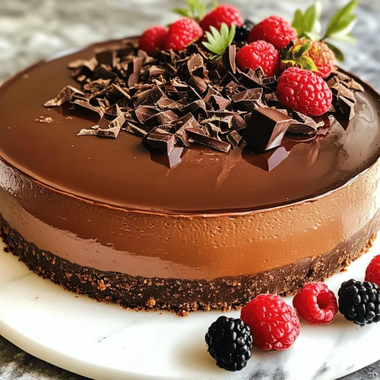 To create this easy dessert delight, gather these main ingredients: - 1 ½ cups chocolate wafer cookie crumbs - ½ cup unsalted butter, melted - 2 cups cream cheese, softened to room temperature - 1 cup powdered sugar - 1 teaspoon vanilla extract - 1 cup heavy cream, cold - 8 oz dark chocolate, melted and slightly cooled - ½ cup sour cream, at room temperature - ½ teaspoon instant coffee granules (optional for a flavor boost) - Pinch of sea salt These ingredients work together to create a rich, creamy cheesecake that melts in your mouth. The chocolate wafer cookie crumbs give the crust a deep chocolate flavor. Using room temperature cream cheese ensures a smooth filling. Cold heavy cream whips up better too, making your cheesecake light and fluffy. Dark chocolate adds a rich depth, while sour cream gives a nice tang. The optional coffee granules amplify the chocolate taste, making each bite even more delightful. To make this cheesecake, you will need a few tools: - Mixing bowls - Electric mixer - Spatula - 9-inch springform pan These tools simplify the process. The mixing bowls help you combine ingredients easily. An electric mixer speeds up beating and whipping. A spatula is great for folding and smoothing the filling. Finally, the springform pan allows for easy release of your cheesecake once it sets. You can find all these tools in most kitchens, making this dessert even more accessible. Check out the Full Recipe for detailed steps! 1. Combine 1 ½ cups of chocolate wafer cookie crumbs and ½ cup of melted butter in a medium bowl. 2. Use a spatula to mix until all crumbs are coated in butter. 3. Press the mixture firmly into the bottom of a 9-inch springform pan. 4. Chill the crust in the refrigerator for at least 15 minutes to set. 1. In a large bowl, beat 2 cups of softened cream cheese until smooth. 2. Add 1 cup of powdered sugar and 1 teaspoon of vanilla extract. Mix until fluffy. 3. In a separate bowl, whip 1 cup of cold heavy cream until stiff peaks form. 4. Gently fold the whipped cream into the cream cheese mixture with a spatula. 1. Pour in 8 oz of melted dark chocolate. Mix until well blended. 2. Fold in ½ cup of sour cream and a pinch of sea salt. 3. Pour the filling over the chilled crust and smooth the top with a spatula. 1. Cover the pan with plastic wrap. 2. Refrigerate for at least 4 hours, or overnight for the best results. This no-bake chocolate cheesecake will impress anyone. For the full recipe, check out the details. Using room temperature ingredients is key. When cream cheese is warm, it blends better. This helps avoid lumps in your cheesecake. Take the cream cheese out of the fridge an hour before you start. Your heavy cream should also be cold. This ensures it whips up to stiff peaks easily. When folding whipped cream, be gentle. Use a spatula and scoop from the bottom. This keeps the air in the whipped cream. If you stir too hard, the mixture will lose its lightness. The goal is a fluffy, smooth filling. Garnishing makes your cheesecake look special. Try adding chocolate shavings on top for a rich touch. Fresh berries can add color and a fresh taste. Place them around the edges for a beautiful look. You can also drizzle some chocolate ganache on top for extra flair. Serve slices with a fork and a small plate. This dessert tastes best cold, so keep it chilled until ready to serve. One common mistake is overmixing the filling. This can make your cheesecake dense and heavy. Mix just until everything is combined. Another mistake is not chilling long enough. The cheesecake needs at least four hours to set. For the best texture, I recommend chilling it overnight. This helps it firm up and makes slicing easier. {{image_4}} You can easily change up the flavor of your no-bake chocolate cheesecake. Start by using different types of chocolate. Milk chocolate gives a sweet taste, while dark chocolate adds depth. You can even use white chocolate for a creamy twist. Adding extracts can boost the taste even more. A drop of mint extract makes it fresh and cool. Almond extract gives a nutty flavor, and orange extract adds a bright, zesty note. Experiment with these to find your favorite blend! The crust can also change based on your taste. Instead of chocolate wafer crumbs, try graham cracker or digestive biscuit crumbs. These give a classic taste and pair well with the cheesecake. If you need gluten-free options, use gluten-free cookies. There are many tasty brands available. Simply crush them and mix with melted butter for a great base. Toppings can make your cheesecake even more special. Whipped cream is a classic choice. You can also add fresh fruit like strawberries or raspberries for a pop of color and flavor. A drizzle of caramel sauce adds sweetness and elegance. For added texture, consider nuts or shredded coconut. Chopped nuts like pecans or walnuts give a nice crunch. Shredded coconut adds a tropical feel to your dessert. Mix and match these toppings to create your perfect cheesecake! For the full recipe, check out the Luscious No-Bake Chocolate Cheesecake. To keep your no-bake chocolate cheesecake fresh, store it in the fridge. Always cover it tightly with plastic wrap or place it in an airtight container. This helps prevent it from absorbing other odors. If you want to keep it longer, you can freeze the cheesecake. First, slice it into portions. Wrap each slice in plastic wrap, then place them in a freezer-safe container. This will make it easy to enjoy later. When stored in the fridge, your cheesecake will last about 5 to 7 days. Keep an eye on it, as the texture may change over time. If you notice any off smells, mold, or a slime-like texture, it’s best to toss it. Always trust your senses; if it doesn’t look or smell right, don’t eat it. Enjoy your delicious dessert while it’s fresh! Making No-Bake Chocolate Cheesecake takes about 30 minutes of prep time. Then, you need to chill it for at least 4 hours. For the best results, chill it overnight. This gives the cheesecake time to set and flavors to blend. Yes, you can substitute some ingredients. If you need a lighter option, use low-fat cream cheese. You can also swap heavy cream with coconut cream for a dairy-free choice. For chocolate, semi-sweet or milk chocolate works well, but dark chocolate gives a richer taste. Absolutely! For a vegan cheesecake, use vegan cream cheese and coconut cream instead of heavy cream. Replace the dark chocolate with dairy-free chocolate. You can also use maple syrup instead of powdered sugar for sweetness. You can serve your cheesecake with fresh fruit, like raspberries or strawberries, for a lovely contrast. A drizzle of chocolate sauce or a dollop of whipped cream adds extra flair. You can also sprinkle some crushed nuts for a nice crunch. To check if the cheesecake is set, gently shake the pan. If the center jiggles a little, it’s ready. You can also press the edge lightly. If it feels firm, it’s a good sign. Let it chill more if it feels soft in the center. You now have a clear path to making a delicious no-bake chocolate cheesecake. We covered the key ingredients, tools, and step-by-step instructions. Remember to chill your cheesecake well for the best taste. Use the tips for texture and ideas for fun flavors. Don't forget about storage options to keep your dessert fresh. With this guide, you can create a treat that delights everyone. Enjoy your creamy, chocolatey masterpiece!