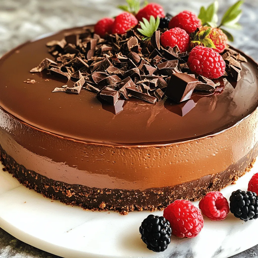 To create this easy dessert delight, gather these main ingredients: - 1 ½ cups chocolate wafer cookie crumbs - ½ cup unsalted butter, melted - 2 cups cream cheese, softened to room temperature - 1 cup powdered sugar - 1 teaspoon vanilla extract - 1 cup heavy cream, cold - 8 oz dark chocolate, melted and slightly cooled - ½ cup sour cream, at room temperature - ½ teaspoon instant coffee granules (optional for a flavor boost) - Pinch of sea salt These ingredients work together to create a rich, creamy cheesecake that melts in your mouth. The chocolate wafer cookie crumbs give the crust a deep chocolate flavor. Using room temperature cream cheese ensures a smooth filling. Cold heavy cream whips up better too, making your cheesecake light and fluffy. Dark chocolate adds a rich depth, while sour cream gives a nice tang. The optional coffee granules amplify the chocolate taste, making each bite even more delightful. To make this cheesecake, you will need a few tools: - Mixing bowls - Electric mixer - Spatula - 9-inch springform pan These tools simplify the process. The mixing bowls help you combine ingredients easily. An electric mixer speeds up beating and whipping. A spatula is great for folding and smoothing the filling. Finally, the springform pan allows for easy release of your cheesecake once it sets. You can find all these tools in most kitchens, making this dessert even more accessible. Check out the Full Recipe for detailed steps! 1. Combine 1 ½ cups of chocolate wafer cookie crumbs and ½ cup of melted butter in a medium bowl. 2. Use a spatula to mix until all crumbs are coated in butter. 3. Press the mixture firmly into the bottom of a 9-inch springform pan. 4. Chill the crust in the refrigerator for at least 15 minutes to set. 1. In a large bowl, beat 2 cups of softened cream cheese until smooth. 2. Add 1 cup of powdered sugar and 1 teaspoon of vanilla extract. Mix until fluffy. 3. In a separate bowl, whip 1 cup of cold heavy cream until stiff peaks form. 4. Gently fold the whipped cream into the cream cheese mixture with a spatula. 1. Pour in 8 oz of melted dark chocolate. Mix until well blended. 2. Fold in ½ cup of sour cream and a pinch of sea salt. 3. Pour the filling over the chilled crust and smooth the top with a spatula. 1. Cover the pan with plastic wrap. 2. Refrigerate for at least 4 hours, or overnight for the best results. This no-bake chocolate cheesecake will impress anyone. For the full recipe, check out the details. Using room temperature ingredients is key. When cream cheese is warm, it blends better. This helps avoid lumps in your cheesecake. Take the cream cheese out of the fridge an hour before you start. Your heavy cream should also be cold. This ensures it whips up to stiff peaks easily. When folding whipped cream, be gentle. Use a spatula and scoop from the bottom. This keeps the air in the whipped cream. If you stir too hard, the mixture will lose its lightness. The goal is a fluffy, smooth filling. Garnishing makes your cheesecake look special. Try adding chocolate shavings on top for a rich touch. Fresh berries can add color and a fresh taste. Place them around the edges for a beautiful look. You can also drizzle some chocolate ganache on top for extra flair. Serve slices with a fork and a small plate. This dessert tastes best cold, so keep it chilled until ready to serve. One common mistake is overmixing the filling. This can make your cheesecake dense and heavy. Mix just until everything is combined. Another mistake is not chilling long enough. The cheesecake needs at least four hours to set. For the best texture, I recommend chilling it overnight. This helps it firm up and makes slicing easier. {{image_4}} You can easily change up the flavor of your no-bake chocolate cheesecake. Start by using different types of chocolate. Milk chocolate gives a sweet taste, while dark chocolate adds depth. You can even use white chocolate for a creamy twist. Adding extracts can boost the taste even more. A drop of mint extract makes it fresh and cool. Almond extract gives a nutty flavor, and orange extract adds a bright, zesty note. Experiment with these to find your favorite blend! The crust can also change based on your taste. Instead of chocolate wafer crumbs, try graham cracker or digestive biscuit crumbs. These give a classic taste and pair well with the cheesecake. If you need gluten-free options, use gluten-free cookies. There are many tasty brands available. Simply crush them and mix with melted butter for a great base. Toppings can make your cheesecake even more special. Whipped cream is a classic choice. You can also add fresh fruit like strawberries or raspberries for a pop of color and flavor. A drizzle of caramel sauce adds sweetness and elegance. For added texture, consider nuts or shredded coconut. Chopped nuts like pecans or walnuts give a nice crunch. Shredded coconut adds a tropical feel to your dessert. Mix and match these toppings to create your perfect cheesecake! For the full recipe, check out the Luscious No-Bake Chocolate Cheesecake. To keep your no-bake chocolate cheesecake fresh, store it in the fridge. Always cover it tightly with plastic wrap or place it in an airtight container. This helps prevent it from absorbing other odors. If you want to keep it longer, you can freeze the cheesecake. First, slice it into portions. Wrap each slice in plastic wrap, then place them in a freezer-safe container. This will make it easy to enjoy later. When stored in the fridge, your cheesecake will last about 5 to 7 days. Keep an eye on it, as the texture may change over time. If you notice any off smells, mold, or a slime-like texture, it’s best to toss it. Always trust your senses; if it doesn’t look or smell right, don’t eat it. Enjoy your delicious dessert while it’s fresh! Making No-Bake Chocolate Cheesecake takes about 30 minutes of prep time. Then, you need to chill it for at least 4 hours. For the best results, chill it overnight. This gives the cheesecake time to set and flavors to blend. Yes, you can substitute some ingredients. If you need a lighter option, use low-fat cream cheese. You can also swap heavy cream with coconut cream for a dairy-free choice. For chocolate, semi-sweet or milk chocolate works well, but dark chocolate gives a richer taste. Absolutely! For a vegan cheesecake, use vegan cream cheese and coconut cream instead of heavy cream. Replace the dark chocolate with dairy-free chocolate. You can also use maple syrup instead of powdered sugar for sweetness. You can serve your cheesecake with fresh fruit, like raspberries or strawberries, for a lovely contrast. A drizzle of chocolate sauce or a dollop of whipped cream adds extra flair. You can also sprinkle some crushed nuts for a nice crunch. To check if the cheesecake is set, gently shake the pan. If the center jiggles a little, it’s ready. You can also press the edge lightly. If it feels firm, it’s a good sign. Let it chill more if it feels soft in the center. You now have a clear path to making a delicious no-bake chocolate cheesecake. We covered the key ingredients, tools, and step-by-step instructions. Remember to chill your cheesecake well for the best taste. Use the tips for texture and ideas for fun flavors. Don't forget about storage options to keep your dessert fresh. With this guide, you can create a treat that delights everyone. Enjoy your creamy, chocolatey masterpiece!