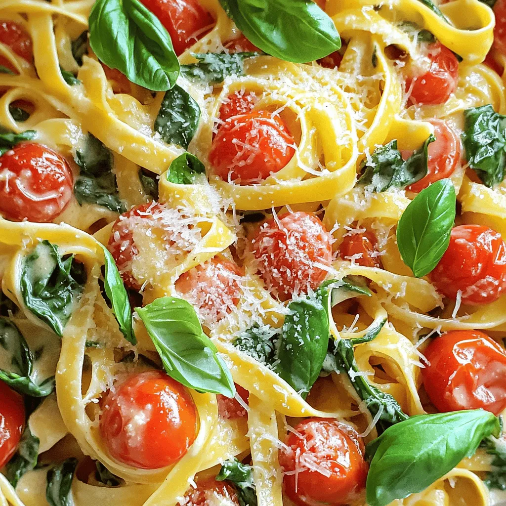 When making creamy tomato spinach pasta, gather these key ingredients. They will help you create a tasty dish with great flavors. - Pasta type options: - 8 oz (225g) of penne or fettuccine - Fresh produce selection: - 2 cups of fresh spinach, washed and chopped - 1 cup of cherry tomatoes, halved - 2 cloves of garlic, minced - Dairy and seasonings needed: - 1 cup of heavy cream - 1 tablespoon of extra virgin olive oil - 1 teaspoon of Italian seasoning - ½ teaspoon of red pepper flakes (optional) - Salt and black pepper to taste - Freshly grated Parmesan cheese for serving - Fresh basil leaves for garnish These ingredients are simple yet pack a punch. Don't forget to check out the Full Recipe for more details on how to bring it all together! Start by boiling water in a large pot. Make sure to add salt to the water; it should taste like the sea. Once the water boils, add 8 oz of pasta. Cook according to the package directions until it is al dente. This usually takes around 8 to 10 minutes. After cooking, drain the pasta, but save ½ cup of the starchy water. This water helps thicken the sauce later. In a large skillet, heat 1 tablespoon of extra virgin olive oil over medium heat. Once the oil is hot, add 2 cloves of minced garlic. Sauté the garlic for about 30 seconds. You want it to smell great and turn golden, but don't burn it. Next, add 1 cup of halved cherry tomatoes to the skillet. Sauté these for 3 to 5 minutes until they soften and release their juices. Stir them occasionally to cook evenly. Now it's time to add the cream. Lower the heat and pour in 1 cup of heavy cream slowly. Stir well to mix everything. Add 1 teaspoon of Italian seasoning and ½ teaspoon of red pepper flakes if you like some heat. Let the sauce simmer for 2 to 3 minutes. This helps it thicken slightly. If it becomes too thick, you can adjust it with some reserved pasta water. Next, gently fold 2 cups of chopped spinach into the sauce. Cook for about 2 minutes until the spinach wilts and turns bright green. Then, add the drained pasta to the skillet. Toss everything together, making sure each piece of pasta is coated in sauce. If the sauce is still too thick, stir in a bit more of the reserved pasta water until you reach your desired thickness. To boost the taste of your creamy tomato spinach pasta, try these ideas: - Spices: Add a pinch of garlic powder or onion powder for depth. A bit of oregano can also brighten the dish. - Cheese: Use a mix of Parmesan and mozzarella for a creamy, rich flavor. Feta can add a nice tang too. - Freshness: Toss in some fresh lemon juice or zest. This brightens the dish and adds a lovely aroma. Getting the sauce just right is key for this dish. Here are some tips: - Sauce Consistency: When you mix in the cream, watch it closely. If it thickens too much, add a splash of reserved pasta water. This keeps the sauce silky and smooth. - Preventing Overcooked Pasta: Cook the pasta until it’s al dente. This means it should still have a bit of bite. Drain it right away to stop the cooking. Toss it with the sauce quickly to keep it from getting mushy. These simple tricks help create a dish full of flavor and perfect texture. Enjoy your cooking! {{image_4}} You can change the pasta type for this creamy tomato spinach pasta. Here are some ideas: - Gluten-Free Pasta: Try using gluten-free penne or fettuccine. They taste great and work well in the sauce. - Whole Wheat Pasta: Whole wheat options add fiber and a nutty flavor. They are perfect for a healthier dish. - Alternative Shapes: Consider using rotini or farfalle. Their shapes hold the sauce nicely, making every bite tasty. Adding protein makes this dish more filling. Here are a few great choices: - Chicken: Cook sliced chicken breast in the skillet before adding garlic. This adds a nice flavor and makes the meal heartier. - Shrimp: Sauté shrimp with garlic for a quick protein boost. They cook fast and pair well with the sauce. - Vegetarian Options: For a meatless meal, try chickpeas or tofu. They add protein and texture while keeping it plant-based. These variations let you customize your creamy tomato spinach pasta. You can make it fit your taste and needs perfectly! For the full recipe, check out the detailed instructions. To keep your creamy tomato spinach pasta fresh, store it in an airtight container. This method keeps the flavors locked in. Place it in the fridge within two hours of cooking. It will stay fresh for about three to four days. If you want to keep it longer, consider freezing it. When you're ready to enjoy leftovers, reheat the pasta gently. The stovetop is the best method, as it warms the dish evenly. Heat it in a skillet over low heat. Add a splash of water or cream to keep it from drying out. Stir often to ensure even heating. If you choose the microwave, use a microwave-safe dish. Cover it with a lid or a damp paper towel. Heat in short bursts, stirring in between. This method helps maintain moisture. Remember, no one likes dry pasta! Can I use frozen spinach instead of fresh? Yes, you can use frozen spinach. Make sure to thaw it first. Squeeze out excess water. This will help keep the dish from being watery. How to adjust the recipe for larger servings? To serve more people, simply double the ingredients. This means using 16 oz of pasta and 4 cups of spinach. Adjust the sauce and seasonings too. Taste as you go for the best flavor. Can I make this dish ahead of time? Yes, you can prepare the dish ahead. Cook the pasta and sauce separately. Store them in the fridge. Combine them just before serving to keep the pasta fresh. What to do if the sauce is too thick? If your sauce is thick, add the reserved pasta water. Stir in a little at a time until you reach your desired consistency. This will help make it creamy and smooth. How to fix if the pasta is too mushy? If your pasta is mushy, it's best to start over with fresh pasta. You can try to drain it and toss it in cold water. This may help firm it up a bit, but it won't be perfect. Always watch your cooking time to avoid mushy pasta. This blog post shared how to make a flavorful pasta dish. We covered key ingredients like pasta, fresh produce, and dairy. You learned the steps for cooking pasta, sautéing garlic and tomatoes, and creating a creamy sauce. We also explored tips for flavor boosts, cooking techniques, and variations. Lastly, I shared storage and reheating methods, plus answers to common questions. With these tips, you can create a delicious dish that suits your taste and needs. Dive into the kitchen and enjoy every bite!