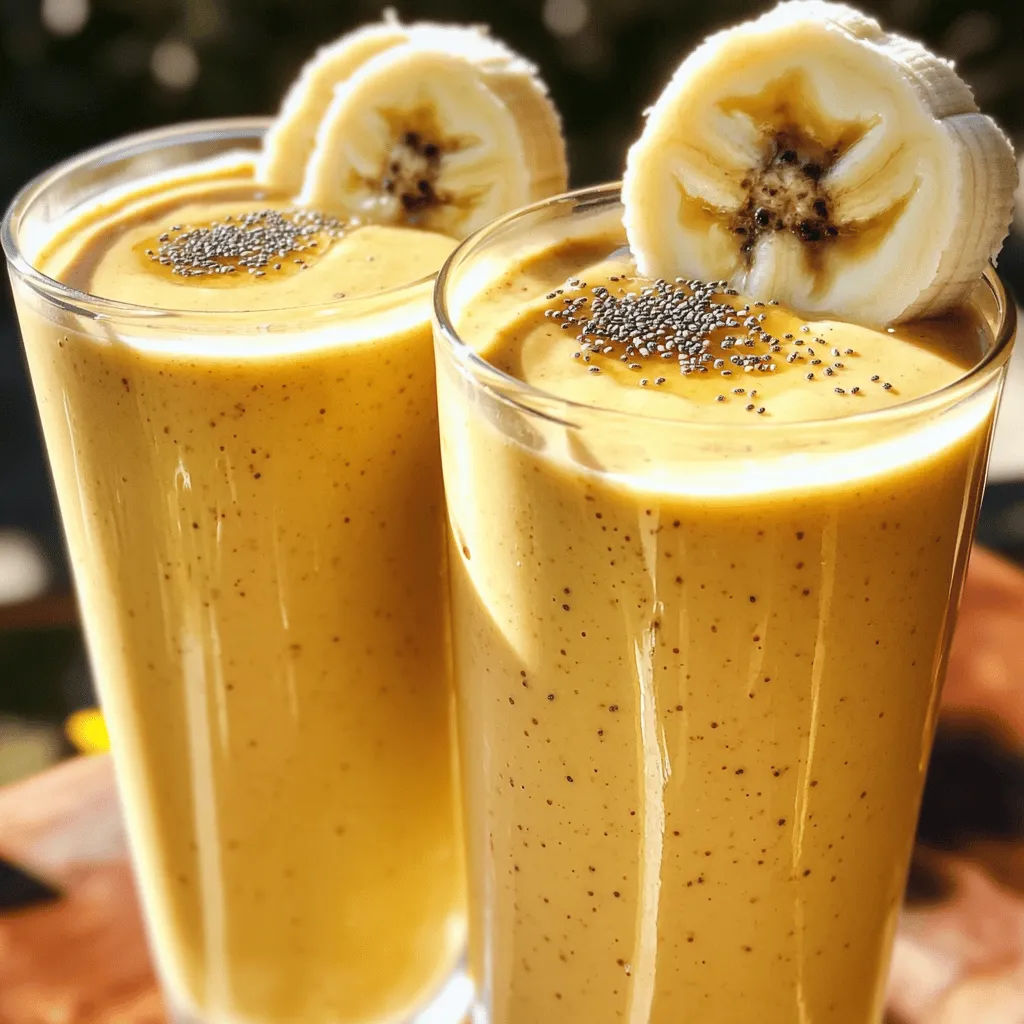 - 2 ripe bananas, frozen and sliced - 2 tablespoons creamy peanut butter - 1 cup almond milk (or your choice of milk) - 1 tablespoon honey (optional, adjust based on desired sweetness) - 1 teaspoon pure vanilla extract - 1 tablespoon chia seeds (for added nutrition and texture) - Ice cubes (optional, for a colder smoothie) The Peanut Butter Banana Smoothie is all about simple, wholesome ingredients. Each one plays a key role. The ripe bananas give natural sweetness and creaminess. Frozen bananas work best, as they chill the drink without needing extra ice. Creamy peanut butter adds a rich, nutty flavor. I prefer the smooth texture, but chunky can work too if you like bits of nuts. Almond milk is my go-to for a lighter taste, but feel free to use any milk you enjoy. Honey is optional. If you like your smoothies sweeter, add it! Vanilla extract gives a warm, inviting flavor. Chia seeds are tiny powerhouses. They give nutrition and a slight crunch. Ice cubes are great if you want a colder, thicker drink. - Calories per serving: About 300 - Breakdown of macronutrients: - Carbohydrates: 40g - Fats: 10g - Proteins: 8g This smoothie is not just tasty; it's also healthy. You get a good mix of carbs, fats, and proteins. Bananas and chia seeds bring fiber, which helps digestion. You also get vitamins like potassium from bananas and omega-3 fatty acids from chia seeds. Enjoy this delicious drink as a snack or breakfast. It fills you up and keeps you energized. For the full recipe, check out Creamy Banana Peanut Butter Bliss. - Begin by placing the frozen banana slices into your blender. - Add the creamy peanut butter. Using frozen bananas makes the smoothie thick and creamy. The peanut butter adds a rich flavor that pairs perfectly with the banana. - Pour in the almond milk and include optional honey and vanilla extract. - Sprinkle in chia seeds. Almond milk gives the smoothie a nice texture. Honey adds sweetness if you like it. Vanilla extract enhances the overall flavor. Chia seeds add nutrition and a fun crunch. - Secure the lid and blend until smooth. - Optionally add ice cubes and re-blend. - Taste and adjust sweetness if necessary. - Pour into tall glasses for serving. Make sure the lid is on tight before blending. This keeps everything inside. If you want it colder, add ice and blend again. Taste your smoothie to see if you need more honey. Once it’s perfect, pour it into tall glasses. You can find the full recipe above to guide you through this fun process! To make your Peanut Butter Banana Smoothie even tastier, consider these add-ins. You can toss in a handful of fresh spinach. It blends well and adds nutrients without changing the taste. Another option is protein powder. It gives you a boost and keeps you full longer. If you want to switch up the sweetness, try maple syrup or agave nectar. These natural sweeteners can add a unique flavor twist. The right liquid makes a huge difference in your smoothie’s creaminess. If you want it thicker, reduce the almond milk. For a thinner mix, add more milk. You can also blend in yogurt for extra creaminess. If you prefer a thicker drink, try adding frozen fruit instead of ice. This keeps your smoothie chilled and creamy without diluting the flavor. To make your smoothie look great, garnish it well. A sprinkle of chia seeds on top adds texture and a pop of color. You can also add a slice of banana on the rim of the glass. This simple touch makes it more inviting. Use tall glasses to showcase the layers and colors in your smoothie. It makes every sip feel special. For an extra touch, consider using clear glassware to show off your delicious creation. {{image_4}} You can make fun twists on the peanut butter banana smoothie. Try a chocolate peanut butter banana smoothie. Just add 1-2 tablespoons of cocoa powder or chocolate syrup to your mix. This adds rich chocolate flavor and makes it even more indulgent. Another great option is a green peanut butter banana smoothie with spinach. Spinach blends well and adds nutrients without changing the taste. Just toss in a handful of fresh spinach before blending. You still get the creamy banana and peanut butter goodness, plus a boost of vitamins. Switching up your nut butter is an easy way to change the taste. You can use almond or cashew butter instead of peanut butter. This will give your smoothie a different flavor profile while keeping it creamy and delicious. If you need a dairy-free drink, try coconut or oat milk. Both options add a unique flavor and keep the smoothie smooth. Coconut milk brings a tropical twist, while oat milk is mild and creamy. You can also add seasonal fruits to your smoothie. In summer, mix in some fresh berries or mango for a fruity burst. Just chop them up and blend them in with the other ingredients. This will make your smoothie even more refreshing. During the holidays, spice things up with cinnamon or nutmeg. Just a pinch of these spices can add warmth and depth. It’s a lovely way to celebrate the season while enjoying your smoothie. For the full recipe, check out Creamy Banana Peanut Butter Bliss. Store any leftover smoothie in an airtight container. Place it in the fridge right away. It will keep for about one day. The smoothie may separate after sitting. Just give it a good shake or stir before drinking. For the best taste, enjoy it within 24 hours. You can freeze the smoothie if you want to save it for later. Pour it into freezer-safe containers, leaving some space at the top. The smoothie will expand as it freezes. You can also use ice cube trays for smaller portions. To enjoy, thaw it in the fridge overnight. Blend it again for a smooth texture. In the fridge, your smoothie lasts about one day. In the freezer, it can stay fresh for up to three months. Look for changes in color or smell to check for spoilage. If it smells off or looks strange, it’s best to toss it. Enjoy your Peanut Butter Banana Smoothie fresh to maximize its flavor! You can add spinach for more vitamins. It blends well and won’t change the taste. Another great option is to use Greek yogurt. It adds creaminess and protein. You can also swap honey for maple syrup or skip it entirely for less sugar. Try adding seeds like flax or pumpkin for extra nutrition. These small changes keep the flavor while boosting health. Yes, you can! If you have nut allergies, use sun butter instead of peanut butter. For dairy-free needs, any nut milk works great, like soy or coconut. If you want it sweeter, use agave syrup instead of honey. You can even use fresh bananas instead of frozen ones, but the smoothie may be less creamy. Be sure to adjust the milk amount for your consistency. Absolutely! Kids love the sweet taste and creamy texture. You can make it more fun by adding toppings like granola or chocolate chips. For little ones, use less peanut butter to start. You can also blend in a small amount of oatmeal for extra fiber. This way, kids get a tasty drink and some healthy fuel for the day. To make this smoothie vegan, just replace honey with maple syrup or skip sweeteners. Make sure to use plant-based milk, like almond or oat milk. The peanut butter is already vegan, so it fits perfectly. For added creaminess, try using silken tofu instead of yogurt. This keeps the smooth texture while making it fully vegan. You can add protein powder, like whey or plant-based options. This helps make the smoothie more filling. Greek yogurt is another great choice if you’re not vegan. You can also toss in nuts or seeds like chia or hemp. They add protein and healthy fats without changing the taste much. For kids, try adding a scoop of nut butter for extra protein. This article provides a simple guide to making a tasty Peanut Butter Banana Smoothie. We looked at essential ingredients, how to blend them, and added tips for perfecting the taste. You can explore different flavors and storage methods too. Remember, you can adjust ingredients to suit your taste or dietary needs. With a few swaps, your smoothie can be even healthier. Enjoy making this delicious drink, knowing it can fit any season or preference. Keep experimenting and have fun in the kitchen!