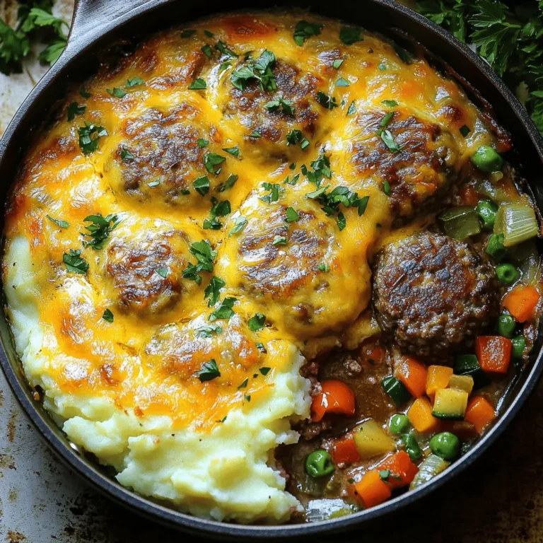 - 1 ½ pounds ground beef - 1 small onion, finely chopped - 2 cloves garlic, minced - 1 cup breadcrumbs (preferably seasoned) - 1 large egg - 2 tablespoons Worcestershire sauce - 1 teaspoon dried thyme - Salt and black pepper, to taste - 1 cup beef broth (low sodium preferred) - 1 cup canned diced tomatoes (with juice) - 1 cup frozen mixed vegetables (such as peas, corn, and carrots) - 2 cups mashed potatoes (prepared, warm, and seasoned to taste) - 1 cup shredded sharp cheddar cheese To make this dish, ground beef is key. It gives the bake a hearty base. Onions and garlic add layers of flavor. Seasonings and binders, like Worcestershire sauce, really boost the taste. - Fresh herbs like parsley for garnish - Additional spices like paprika or cayenne for heat - Different types of cheese, such as mozzarella or pepper jack If you want to enhance the flavor, add fresh herbs. You can also use different spices to match your taste. For those with dietary preferences, try ground turkey or meat substitutes. - Oven-safe skillet or baking dish - Mixing bowls and utensils You’ll need an oven-safe skillet or a baking dish to bake the meal. Mixing bowls help combine ingredients easily. Use simple utensils for mixing and shaping your patties. This makes the cooking process smooth and fun. Enjoy creating this comforting dish! Prepping the meat mixture Start by gathering all your ingredients. In a large bowl, mix the ground beef, finely chopped onion, minced garlic, breadcrumbs, egg, Worcestershire sauce, dried thyme, salt, and black pepper. Use your hands to blend the mix well. Make sure each ingredient is evenly spread. This will help the flavors come together. Shaping patties Next, divide the meat mixture into four equal parts. Shape each part into a patty, about ¾ inch thick. It helps to keep the patties uniform. This ensures they cook evenly. Set them aside on a plate as you prepare the baking dish. Layering the dish In a large oven-safe skillet or a 9x13-inch baking dish, pour in the beef broth. Then, add the canned diced tomatoes with their juice. Stir this mixture well. It creates a flavorful base. Next, sprinkle the frozen mixed vegetables evenly over the broth and tomatoes. This adds color and nutrition. Baking times and temperatures Carefully place the hamburger patties on top of the vegetable layer. Ensure they sit snugly in the mixture. Using a spoon, spread the prepared mashed potatoes over the patties. Cover them fully to keep them moist. Lastly, sprinkle the shredded cheddar cheese over the mashed potatoes. This adds a delicious crust. Preheat your oven to 375°F (190°C) and bake the dish for 30-35 minutes. The patties should reach an internal temperature of 160°F (71°C) when done. The cheese should bubble and turn golden. Cooling and serving tips After baking, remove the dish from the oven. Let it cool for about 5 minutes before serving. This helps the layers settle. It makes serving easier. Presentation suggestions For a lovely presentation, serve the dish directly from the skillet. You can garnish it with freshly chopped parsley for a pop of color. Drizzling a bit of extra beef broth on top adds more flavor and moisture. Enjoy your warm and hearty meal! To make juicy hamburger patties, start with fresh ground beef. Choose beef with some fat. A blend of 80/20 works best. Keep the patties thick and handle them gently. Do not overwork the meat when mixing. This keeps the patties tender. For even baking, use an oven-safe skillet. It helps the dish cook evenly. Preheat your oven properly to 375°F (190°C). This ensures the dish cooks through without burning. Check the internal temperature of the patties. They should reach 160°F (71°C) for safe eating. Adding spices can boost the taste of your dish. Try garlic powder, onion powder, or smoked paprika. These spices add depth to the flavor. Fresh herbs like parsley or thyme also enhance the dish's freshness. Using homegrown ingredients adds a nice touch. Fresh vegetables can make a big difference. If you have a garden, use your homegrown tomatoes or herbs. They bring a unique flavor to the meal. Amish Hamburger Steak Bake pairs well with simple side dishes. Mashed potatoes or a fresh salad are great choices. You can also serve it with crusty bread to soak up the sauce. For drinks, try pairing it with iced tea or lemonade. A light red wine, like Pinot Noir, also complements the flavors. These drinks balance the hearty nature of the dish. {{image_4}} You can switch up the meat in this dish. Using ground turkey or chicken is a great option. These meats provide a lighter flavor and can be just as tasty. You can also mix different meats. Try combining beef with pork for a richer taste. Each variation offers a unique flavor profile. If you want a meatless bake, there are easy substitutes. Use lentils or black beans for protein. You can also use a meat substitute like tempeh or tofu. Here’s a simple ingredients list for a vegetarian option: - 1 ½ cups cooked lentils or black beans - 1 small onion, finely chopped - 2 cloves garlic, minced - 1 cup breadcrumbs (preferably seasoned) - 1 large egg or flax egg (1 tablespoon flaxseed meal + 3 tablespoons water) - 2 tablespoons soy sauce or tamari - 1 teaspoon dried thyme - Salt and black pepper, to taste - 1 cup vegetable broth - 1 cup canned diced tomatoes (with juice) - 1 cup frozen mixed vegetables (like peas, corn, and carrots) - 2 cups mashed potatoes (prepared, warm, and seasoned) - 1 cup shredded cheese or dairy-free cheese This vegetarian version is hearty and full of flavor. For gluten-free adaptations, use gluten-free breadcrumbs. You can also replace wheat-based broth with vegetable broth. If you want a low-carb option, skip the potatoes. Use cauliflower mash instead. This keeps the dish comforting while lowering the carbs. Each variation allows for a tasty meal tailored to your needs. To store leftovers of Amish Hamburger Steak Bake, let it cool first. After cooling, place the dish in an airtight container. You can also use a glass or plastic food storage container. This keeps the meal fresh and tasty. If you want to freeze the dish, scoop portions into freezer-safe containers. Make sure to leave some space at the top for expansion. Wrap each container tightly with plastic wrap for extra protection. When you are ready to eat, thaw the dish in the fridge overnight. Reheat in the oven or microwave until hot. In the fridge, the dish lasts about three to four days. If you notice any off smells, strange colors, or mold, it’s time to toss it out. Always trust your senses when checking for spoilage. For the full recipe, check out the section above. What can I substitute for breadcrumbs? You can use crushed crackers or oats. Both work well in this recipe. You can also try cornmeal for a gluten-free option. Each substitute adds its own texture and flavor. Can I make this recipe ahead of time? Yes, you can prepare this dish the day before. Just store it in the fridge before baking. When ready to cook, let it sit at room temperature for about 30 minutes. Then bake as per the recipe instructions. How do I know when the patties are done? Check the internal temperature with a meat thermometer. It should read 160°F (71°C) for safe eating. The patties should look brown and firm. Can I use fresh vegetables instead of frozen? Absolutely! Fresh veggies can enhance the flavor. Just chop them into small pieces, and add them in the same layer as frozen ones. You might need to adjust the cooking time for fresh veggies. What sides go well with Amish Hamburger Steak Bake? Mashed potatoes fit perfectly, but you can also serve it with bread or a salad. Green beans or corn are great side dishes too. They add color and balance the meal. Can this dish be made in a slow cooker? Yes, you can make this in a slow cooker! Just layer the ingredients as you would in the oven. Cook on low for 6-8 hours or high for 3-4 hours. This method makes the meat very tender. This article covered how to make a delicious Amish Hamburger Steak Bake. You learned about key ingredients, step-by-step instructions, and handy tips for great results. Variations offer choices for different diets, while storage tips ensure freshness. Remember, cooking can be fun and flexible. Use these ideas to customize your dish. Whether you choose beef, turkey, or plant-based options, you can create a satisfying meal. Enjoy the process and the dish you make!