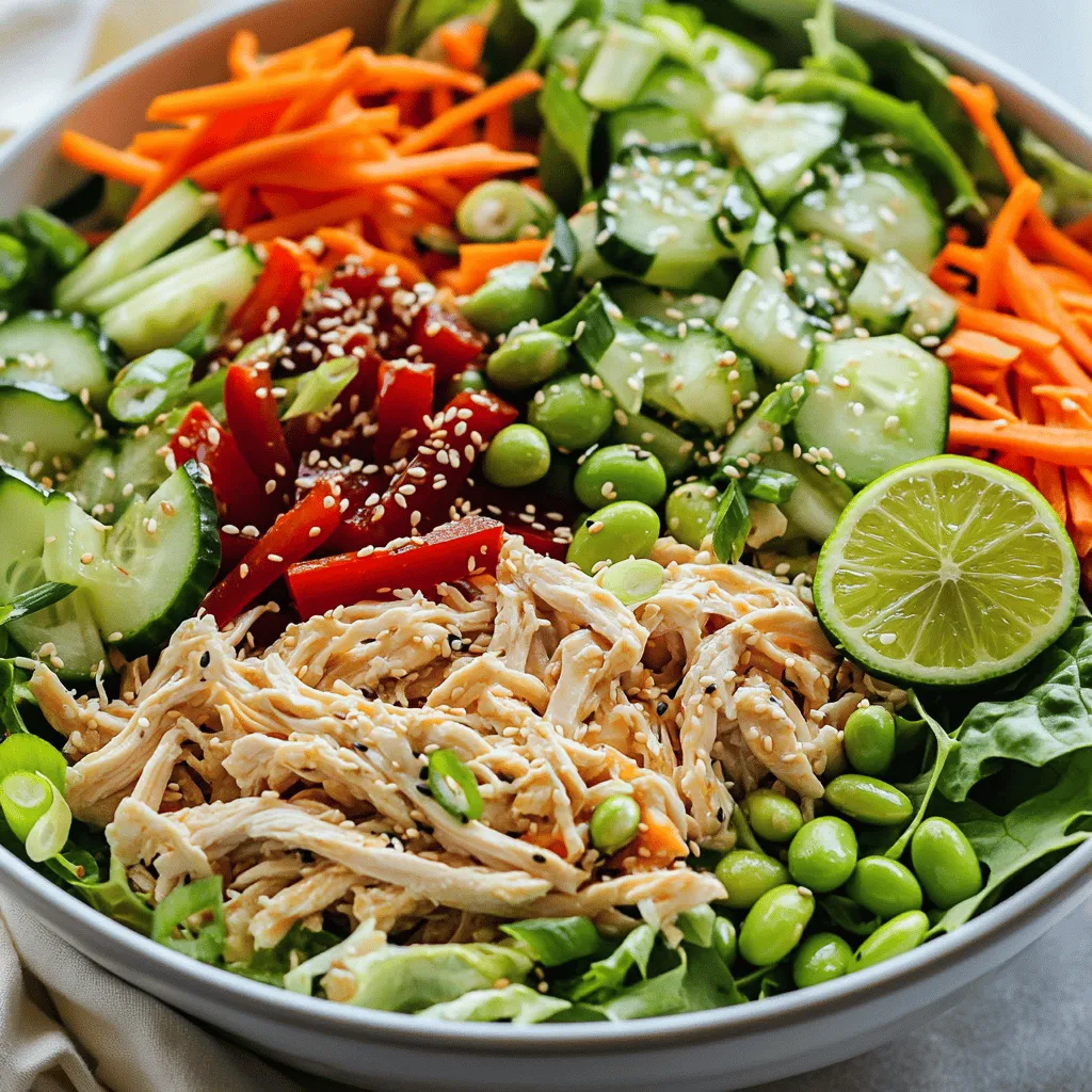 This Asian Sesame Chicken Salad is fresh, vibrant, and packed with flavor. It combines tender chicken with crisp greens and colorful veggies. The dressing adds a sweet and nutty twist. You can whip this up in just 25 minutes! - 2 cups cooked and shredded chicken breast - 4 cups mixed greens (spinach, romaine, and arugula) - 1 cup shredded carrots - 1 red bell pepper, thinly sliced - 1 cup cucumber, julienned - 1/4 cup green onions, chopped - 1/4 cup sesame seeds, toasted - 1/2 cup shelled edamame - 1/3 cup sesame oil - 2 tablespoons soy sauce (preferably low-sodium) - 2 tablespoons honey - 1 tablespoon rice vinegar - 1 tablespoon fresh ginger, minced - Salt and pepper to taste This recipe offers a great balance of protein and greens. It’s perfect for lunch or dinner. Enjoy the crispness of the vegetables and the crunch of the sesame seeds. Shredding the chicken Start with two cups of cooked chicken breast. Use your hands or two forks to shred it. Aim for small, bite-sized pieces. This makes it easy to eat in the salad. Preparing the vegetables Next, wash and chop your veggies. Use four cups of mixed greens. I like a mix of spinach, romaine, and arugula for a fresh taste. Shred one cup of carrots and slice one red bell pepper thinly. Julienning one cup of cucumber adds crunch. Don’t forget to chop a quarter cup of green onions, too. Making the dressing In a small bowl, combine the dressing ingredients. You'll need one-third cup of sesame oil, two tablespoons of low-sodium soy sauce, and two tablespoons of honey. Add one tablespoon of rice vinegar and one tablespoon of minced fresh ginger. Season with a pinch of salt and pepper. Whisk until well blended. Mixing ingredients in a bowl In a large bowl, add the shredded chicken, mixed greens, carrots, bell pepper, cucumber, green onions, and shelled edamame. Give it a good stir to combine everything. Tossing the salad with dressing Drizzle your dressing over the salad. Use tongs to toss gently. Make sure every piece gets a bit of that tasty dressing. This helps the flavors mix well. Sprinkling sesame seeds Once tossed, sprinkle a quarter cup of toasted sesame seeds on top. This adds a nice crunch and nutty flavor. Letting flavors meld Let the salad sit for about 5-10 minutes. This time allows the flavors to meld. It makes each bite even better. For the full recipe, check out the detailed instructions above. Enjoy your fresh and flavorful Asian Sesame Chicken Salad! To make your salad fresh, always use crisp greens. Look for bright colors and firm textures. Rinse your produce well and dry it thoroughly. Remove any wilted leaves to keep your salad vibrant. When mixing ingredients, use a large bowl. Start with the heavier items, like chicken, and add greens on top. This helps to prevent crushing the greens. Use tongs or salad servers for gentle tossing. Aim for an even mix to ensure each bite has the right flavor. You can play with different oils and vinegars for your dressing. If you prefer a lighter taste, try avocado oil or grape seed oil. For a tangy kick, replace rice vinegar with apple cider vinegar. Customization is key. If you want more sweetness, add more honey. If you like it spicier, consider a dash of chili oil or a sprinkle of crushed red pepper. Adjust the salt to match your taste too. For the full recipe, check the details above. {{image_4}} You can swap chicken for shrimp, tofu, or grilled steak. Each option brings a unique taste. If you want a meat-free salad, try using marinated tofu. It soaks up flavor well. For greens, you can use kale, butter lettuce, or even cabbage. Each green offers a different crunch and taste. Mixing in herbs like cilantro or mint can also brighten your dish. For a gluten-free salad, use tamari instead of soy sauce. Tamari tastes great and keeps the dish safe for gluten-free diets. If you want a vegan option, skip the chicken and honey. Use maple syrup instead of honey for sweetness. Also, make sure your dressing is vegan-friendly. You can create a low-carb version by replacing carrots with bell peppers. This keeps the salad light but still full of flavor. Enjoy these variations to make the salad your own! To keep your salad fresh, refrigerate it right away. Use airtight containers to prevent moisture loss. I like to portion out the salad into smaller containers. This way, you can grab a quick meal later. Make sure to store the dressing separately. This keeps the salad crispy and vibrant. When stored properly, your Asian sesame chicken salad lasts about three days in the fridge. After that, it may lose its taste and texture. Signs of spoilage include wilting greens, off smells, or slimy vegetables. If you see any of these, it’s best to toss the salad. Always trust your senses when checking for freshness. You can enjoy this salad with many tasty sides. Try serving it with: - Steamed jasmine rice - Crispy spring rolls - Grilled shrimp skewers - Miso soup - Fresh fruit salad These dishes enhance the flavors of the salad. Each option adds a new twist to your meal. Yes, you can prepare parts of the salad in advance. Here are some tips: - Store the salad greens and vegetables in separate containers. This keeps them fresh and crunchy. - Cook and shred the chicken a day before. Just keep it chilled in the fridge. - Mix the dressing ahead of time and store it in a sealed jar. Combine everything just before serving to keep it fresh. This salad can be made gluten-free. Here’s how: - Use gluten-free soy sauce instead of regular soy sauce. - Check your sesame oil for gluten-free labeling. - Ensure that all other ingredients are gluten-free. These simple swaps make your salad safe and delicious for everyone. You learned how to make a tasty Asian Sesame Chicken Salad. We covered the ingredients, step-by-step instructions, and helpful tips. Remember, you can customize the salad with various ingredients or dressings. Proper storage keeps your leftovers fresh. Making this salad fits many diets, so everyone can enjoy it. Now you can feel confident in trying this recipe at home. Enjoy your healthy meal that’s easy to prepare and packed with flavor!