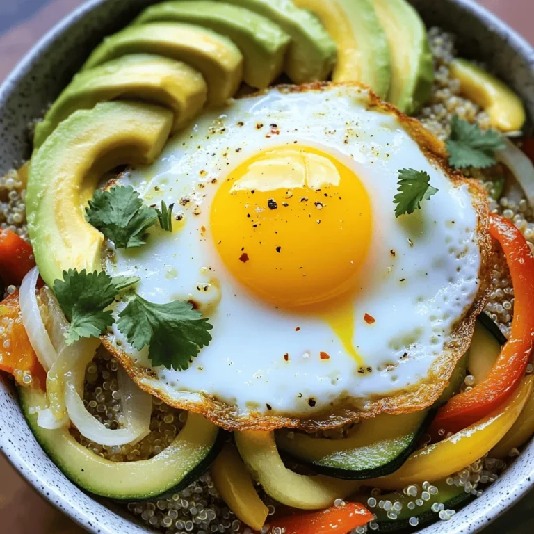 - 1 cup quinoa - 2 cups vegetable broth - 4 large eggs - 1 small onion, finely diced - 1 bell pepper, diced - 1 medium zucchini, diced - 2 cloves garlic, minced - 1 teaspoon ground cumin - 1 teaspoon smoked paprika - Fresh cilantro, hot sauce, salt, and pepper The base of this dish is quinoa. It is gluten-free and packed with protein. Using vegetable broth adds a rich flavor to the quinoa. You’ll want to rinse the quinoa first. It helps remove the bitter coating. Cooking it in broth makes it even tastier. Next, we have our eggs. Eggs add protein and richness. You can fry or poach them. I prefer a runny yolk for a creamy touch. Now, let's talk about the veggies. I love using onion, bell pepper, zucchini, and garlic. They bring color and flavor. Onions add sweetness, while garlic provides depth. Choose any bell pepper. Red or yellow adds sweetness. Zucchini gives a nice crunch. For seasoning, cumin and smoked paprika are key. They give warmth and earthiness. I suggest adding salt and pepper to taste. Fresh cilantro and hot sauce can enhance the dish. They add freshness and heat. This Savory Breakfast Quinoa Bowl is not just filling. It is packed with flavor and nutrients. You can find the full recipe for more details. Enjoy creating this delicious meal! 1. First, rinse the quinoa in cold water. This step removes the bitter coating called saponin. 2. In a medium saucepan, combine 1 cup of rinsed quinoa with 2 cups of vegetable broth. 3. Bring this mixture to a boil over medium-high heat. 4. Once boiling, lower the heat to low. Cover the pan and let it simmer for 15-20 minutes. 5. Check when all the liquid is absorbed, and the quinoa is light and fluffy. Fluff it with a fork before serving. 1. While the quinoa cooks, heat 1 tablespoon of olive oil in a large skillet over medium heat. 2. Add 1 small diced onion to the skillet. Sauté for 3-4 minutes until it turns soft and clear. 3. Now, add 1 diced bell pepper and 1 medium diced zucchini. Sauté for about 5-7 minutes, until tender. 4. Stir in 2 cloves of minced garlic, 1 teaspoon of ground cumin, and 1 teaspoon of smoked paprika. 5. Season with salt and pepper. Cook for another minute until the garlic is aromatic. 1. Choose how you like your eggs: fried or poached. 2. If frying, cook until the whites are set and the yolks are still runny. This adds a creamy texture to the bowl. 3. For poached eggs, gently drop them in simmering water. Cook until the whites are firm but the yolks remain soft. Now, mix the fluffy quinoa with the sautéed vegetables. Top each bowl with an egg and add avocado slices. For a little heat, drizzle with your favorite hot sauce. You can find the full recipe for more details! To make fluffy quinoa, start with rinsing it well. This removes bitter saponins. Use two cups of vegetable broth for each cup of quinoa. Bring it to a boil, then lower the heat and cover the pot. Let it simmer for 15 to 20 minutes. Once it absorbs all the liquid, fluff it with a fork. This keeps the grains separate and light. Timing is key for sautéing vegetables. Begin with onions. They take about 3 to 4 minutes to soften. Next, add bell peppers and zucchini. These need about 5 to 7 minutes to become tender. Stir often to prevent burning. Finally, add garlic and spices, cooking for one more minute. This brings out their full flavor. For a visually appealing dish, use colorful bowls. A bright bowl makes your food pop! Arrange the quinoa on one side and the sautéed veggies on the other. Place the egg on top, and fan out the avocado slices beside it. Finish with a sprinkle of cilantro for a fresh look. Choose bowls that match your meal’s colors. Bright red, orange, or green bowls can enhance the dish. Use smaller bowls for a cozy feel or larger ones for a more casual setting. This simple touch makes your Savory Breakfast Quinoa Bowl more inviting. For the full recipe, check the earlier section! {{image_4}} You can easily change the Savory Breakfast Quinoa Bowl to fit your diet. - Vegan option: Instead of eggs, use tofu. Just scramble it with the veggies. It adds protein and keeps it tasty. - Gluten-free ingredients: Quinoa is gluten-free, so you’re already good! Just make sure your broth is also gluten-free. Spicing up your bowl can make a big difference. - Additional spices: Try adding chili flakes for some heat. A little goes a long way! You can also use herbs like oregano or thyme for a fresh twist. - Seasonal vegetables: Switch up the veggies based on what you find at the market. Asparagus in spring or squash in fall can change the flavor and keep it exciting. For the full recipe, check out the detailed steps to create this delicious dish. To keep your savory breakfast quinoa bowl fresh, cool it quickly. Place it in an airtight container. This helps keep out moisture and air. Store it in the fridge for up to four days. If you want to keep it longer, consider freezing it. The bowl can last up to three months in the freezer. Just remember to label the container with the date. When it's time to enjoy your leftovers, you have two great options: microwave or stovetop. If you use the microwave, place the bowl in a safe dish. Cover it with a damp paper towel to keep it moist. Heat in short bursts, stirring often. This keeps the quinoa fluffy. If you choose the stovetop, add a splash of water to the pan. Heat on low, stirring frequently. This method helps maintain the texture of the veggies and quinoa. To boost the flavor, you can add a dash of hot sauce or a sprinkle of salt while reheating. Enjoy your meal just like it was fresh! Yes, you can prepare quinoa ahead of time. Here are some best practices: - Rinse the quinoa before cooking. This removes the natural coating that can taste bitter. - Cook in bulk. Use a ratio of 1 part quinoa to 2 parts broth or water. - Cool before storing. Let the quinoa cool completely before placing it in an airtight container. - Store in the fridge. It can last for up to five days. When you're ready to use it, just reheat gently. You can pair your quinoa bowl with various side dishes and drinks: - Fresh fruit like berries or sliced bananas for a sweet touch. - Toast topped with avocado or nut butter to add crunch. - Smoothies with greens and fruit for a nutrient boost. - Coffee or herbal tea to balance the meal. These options enhance your breakfast experience and add more flavor. To add heat to your quinoa bowl, consider these tips: - Add chili flakes or cayenne pepper during cooking for a kick. - Use a spicy hot sauce on top of the finished bowl to control the heat. - Incorporate diced jalapeños or serrano peppers into the sautéed veggies. - Experiment with spicy seasonings, like smoked paprika or chipotle powder. Adjust the spice to your liking and enjoy a flavorful start to your day! This post covered the key steps to make a tasty Savory Breakfast Quinoa Bowl. You learned about the main ingredients, how to cook the quinoa, and how to sauté the veggies. We shared tips for making it look great and staying fresh in the fridge. Lastly, I provided easy ways to modify the recipe. Now it's your turn to create your own version. Enjoy experimenting with flavors and making this dish yours!