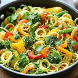 To make a tasty zucchini noodle stir fry, gather these fresh ingredients: - 2 medium zucchinis, spiralized into noodles - 1 red bell pepper, thinly sliced - 1 yellow bell pepper, thinly sliced - 1 cup broccoli florets - 1 cup snap peas, trimmed - 2 cloves garlic, finely minced - 1 tablespoon fresh ginger, grated - 3 tablespoons soy sauce (or tamari for gluten-free) - 1 tablespoon sesame oil - 1 tablespoon extra virgin olive oil - 1 tablespoon rice vinegar - 1 teaspoon honey (or maple syrup for a vegan option) - Sesame seeds, for garnish - Fresh cilantro, chopped, for garnish These ingredients bring a bright taste and crunch to the dish. The zucchini noodles act as a healthy base that soaks up the flavors. You can tweak this recipe to suit your taste. Here are some ideas: - Carrots, julienned for extra color - Mushrooms, sliced for an earthy flavor - Bell peppers in different colors for variety - Sriracha or chili flakes for heat Feel free to mix and match based on what you have in your fridge. This dish is very flexible! Zucchini noodle stir fry is not just delicious; it is also healthy. Here are some key points: - Low in calories, this dish is great for weight loss. - Packed with fiber from all the veggies, it helps digestion. - Rich in vitamins A and C from bell peppers and broccoli. - The use of olive oil provides healthy fats. This recipe balances nutrition with taste, making it a great choice for any meal. For the full recipe, check the earlier section. First, gather all your ingredients. Use two medium zucchinis and spiralize them into noodles. Next, slice one red bell pepper and one yellow bell pepper thinly. Take one cup of broccoli florets and one cup of snap peas, trimming the ends off the peas. Mince two cloves of garlic and grate one tablespoon of fresh ginger. Set these aside in small bowls for easy access. In a large skillet or wok, heat one tablespoon of extra virgin olive oil over medium-high heat. This should take about one minute. Once the oil shimmers, add the minced garlic and grated ginger. Sauté these for about 30 seconds. Watch closely so they do not burn. Next, add the sliced bell peppers, broccoli florets, and snap peas. Stir-fry these colorful veggies for 5 to 7 minutes. They should stay crisp but tender. Now it’s time for the star of the show. Gently fold in the spiralized zucchini noodles. Stir-fry for 2 to 3 more minutes. You want them to soften just a little while still holding their shape. In a small bowl, whisk together three tablespoons of soy sauce, one tablespoon of sesame oil, one tablespoon of rice vinegar, and one teaspoon of honey. Pour this sauce over the stir-fried veggies and noodles. Toss everything well to coat. When mixed, remove the skillet from the heat. Carefully transfer the stir fry to a serving platter. Garnish your stir fry with sesame seeds and freshly chopped cilantro. This adds a pop of color and flavor. Serve it in a large, colorful bowl. The bright veggies will look great together. Add a few more sesame seeds and cilantro on top for a nice touch. Enjoy your vibrant and healthy meal! For a complete guide, check out the Full Recipe. To spiralize zucchini, you need a spiralizer. This tool cuts the zucchini into long, noodle-like strands. First, wash the zucchini well. Cut off both ends. Place it in the spiralizer and twist. You will get long, thin noodles. Make sure to keep the zucchini steady. If you don’t have a spiralizer, a vegetable peeler works too. Just peel long strips, but they won’t be as noodle-like. Store leftover zucchini noodles in an airtight container. They last in the fridge for up to two days. If you want to keep them fresh, don’t add sauce until you’re ready to eat. To reheat, place the noodles in a pan over medium heat. Stir for a few minutes until warm. Avoid microwaving, as that can make them soggy. Add more flavor by using fresh herbs like basil or mint. You can also sprinkle some red pepper flakes for a kick. A squeeze of lime or lemon juice brightens up the dish. For extra crunch, toss in some chopped nuts like cashews or peanuts. These simple additions make the meal even more exciting. Don't forget the Full Recipe for more delicious details! {{image_4}} You can add protein to your zucchini noodle stir fry for extra nutrition. Tofu is a great choice for a vegan option. Use firm or extra-firm tofu, cut into cubes. Cook it until golden for the best flavor. If you prefer meat, chicken works well. Slice boneless chicken thighs or breasts thinly. Stir-fry them first until cooked through, then add the veggies. Shrimp is another tasty option. Use peeled and deveined shrimp. Cook them for just a few minutes until they turn pink. All these proteins blend well with the sauce in the stir fry. You can adjust the seasoning to match your taste. For a spicy kick, add red pepper flakes or sriracha. Start with a small amount and increase to your liking. If you prefer a mild flavor, keep it simple with just soy sauce and sesame oil. For a vegan option, ensure your sauce is free from honey. Replace it with maple syrup or agave for sweetness. Experiment with fresh herbs like basil or mint for a unique twist. They add freshness and a new layer of flavor to your dish. Feel free to change up the veggies in your stir fry. Carrots add crunch and sweetness. Slice them thinly or use a peeler for ribbons. You can also use mushrooms for a meaty texture. Shiitake or button mushrooms work great. Try adding spinach or kale for extra greens. They wilt nicely and mix well with the noodles. Don’t be afraid to get creative! Use what you have on hand. This dish is all about fresh ingredients and vibrant flavors. For the complete recipe and additional tips, check out the Full Recipe. Always let the zucchini noodle stir fry cool before storing. Use an airtight container to keep it fresh. This helps maintain flavor and texture. Keep the stir fry in the fridge. You can enjoy it later. Zucchini noodle stir fry stays fresh for about 3 days in the fridge. After that, the zucchini may become too soft. Check for any off smells or changes in color before eating. If you notice these, it is best to discard it. You can freeze zucchini noodle stir fry, but it’s best to use fresh noodles. Cook the stir fry, then let it cool. Place it in a freezer-safe bag or container. It can last for about 2 months in the freezer. When ready to eat, thaw it in the fridge overnight, then reheat in a skillet. This keeps the flavors intact. For a full recipe, check out the Zesty Zucchini Noodle Stir Fry. Yes, you can make Zucchini Noodle Stir Fry ahead of time. Cook the stir fry and let it cool. Place it in an airtight container and refrigerate. It stays fresh for about three days. When you want to eat it, just reheat it on the stove or in the microwave. However, the zucchini noodles may lose some crunch. Yes, Zucchini Noodle Stir Fry can be gluten-free. Use tamari instead of soy sauce to keep it gluten-free. All other ingredients in the recipe are naturally gluten-free. This makes it a great dish for those with gluten sensitivities. To keep zucchini noodles firm, do not overcook them. Add them last in the cooking process. Stir-fry for just 2-3 minutes. Also, use a good quality spiralizer to create even noodles. If you want, you can lightly salt the noodles before cooking. This helps draw out excess moisture. Zucchini noodle stir fry is a fun, tasty, and healthy dish. We covered the main ingredients, cooking steps, and how to customize this meal. You now know ways to add protein and alter flavors for your taste. Plus, I shared tips on storage and reheating. Remember, keeping your noodles firm is key. Enjoy exploring different flavors and variations. This dish can fit your busy life and still be enjoyable. Get creative in your kitchen, and make it your way!
