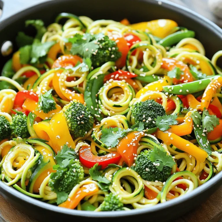 To make a tasty zucchini noodle stir fry, gather these fresh ingredients: - 2 medium zucchinis, spiralized into noodles - 1 red bell pepper, thinly sliced - 1 yellow bell pepper, thinly sliced - 1 cup broccoli florets - 1 cup snap peas, trimmed - 2 cloves garlic, finely minced - 1 tablespoon fresh ginger, grated - 3 tablespoons soy sauce (or tamari for gluten-free) - 1 tablespoon sesame oil - 1 tablespoon extra virgin olive oil - 1 tablespoon rice vinegar - 1 teaspoon honey (or maple syrup for a vegan option) - Sesame seeds, for garnish - Fresh cilantro, chopped, for garnish These ingredients bring a bright taste and crunch to the dish. The zucchini noodles act as a healthy base that soaks up the flavors. You can tweak this recipe to suit your taste. Here are some ideas: - Carrots, julienned for extra color - Mushrooms, sliced for an earthy flavor - Bell peppers in different colors for variety - Sriracha or chili flakes for heat Feel free to mix and match based on what you have in your fridge. This dish is very flexible! Zucchini noodle stir fry is not just delicious; it is also healthy. Here are some key points: - Low in calories, this dish is great for weight loss. - Packed with fiber from all the veggies, it helps digestion. - Rich in vitamins A and C from bell peppers and broccoli. - The use of olive oil provides healthy fats. This recipe balances nutrition with taste, making it a great choice for any meal. For the full recipe, check the earlier section. First, gather all your ingredients. Use two medium zucchinis and spiralize them into noodles. Next, slice one red bell pepper and one yellow bell pepper thinly. Take one cup of broccoli florets and one cup of snap peas, trimming the ends off the peas. Mince two cloves of garlic and grate one tablespoon of fresh ginger. Set these aside in small bowls for easy access. In a large skillet or wok, heat one tablespoon of extra virgin olive oil over medium-high heat. This should take about one minute. Once the oil shimmers, add the minced garlic and grated ginger. Sauté these for about 30 seconds. Watch closely so they do not burn. Next, add the sliced bell peppers, broccoli florets, and snap peas. Stir-fry these colorful veggies for 5 to 7 minutes. They should stay crisp but tender. Now it’s time for the star of the show. Gently fold in the spiralized zucchini noodles. Stir-fry for 2 to 3 more minutes. You want them to soften just a little while still holding their shape. In a small bowl, whisk together three tablespoons of soy sauce, one tablespoon of sesame oil, one tablespoon of rice vinegar, and one teaspoon of honey. Pour this sauce over the stir-fried veggies and noodles. Toss everything well to coat. When mixed, remove the skillet from the heat. Carefully transfer the stir fry to a serving platter. Garnish your stir fry with sesame seeds and freshly chopped cilantro. This adds a pop of color and flavor. Serve it in a large, colorful bowl. The bright veggies will look great together. Add a few more sesame seeds and cilantro on top for a nice touch. Enjoy your vibrant and healthy meal! For a complete guide, check out the Full Recipe. To spiralize zucchini, you need a spiralizer. This tool cuts the zucchini into long, noodle-like strands. First, wash the zucchini well. Cut off both ends. Place it in the spiralizer and twist. You will get long, thin noodles. Make sure to keep the zucchini steady. If you don’t have a spiralizer, a vegetable peeler works too. Just peel long strips, but they won’t be as noodle-like. Store leftover zucchini noodles in an airtight container. They last in the fridge for up to two days. If you want to keep them fresh, don’t add sauce until you’re ready to eat. To reheat, place the noodles in a pan over medium heat. Stir for a few minutes until warm. Avoid microwaving, as that can make them soggy. Add more flavor by using fresh herbs like basil or mint. You can also sprinkle some red pepper flakes for a kick. A squeeze of lime or lemon juice brightens up the dish. For extra crunch, toss in some chopped nuts like cashews or peanuts. These simple additions make the meal even more exciting. Don't forget the Full Recipe for more delicious details! {{image_4}} You can add protein to your zucchini noodle stir fry for extra nutrition. Tofu is a great choice for a vegan option. Use firm or extra-firm tofu, cut into cubes. Cook it until golden for the best flavor. If you prefer meat, chicken works well. Slice boneless chicken thighs or breasts thinly. Stir-fry them first until cooked through, then add the veggies. Shrimp is another tasty option. Use peeled and deveined shrimp. Cook them for just a few minutes until they turn pink. All these proteins blend well with the sauce in the stir fry. You can adjust the seasoning to match your taste. For a spicy kick, add red pepper flakes or sriracha. Start with a small amount and increase to your liking. If you prefer a mild flavor, keep it simple with just soy sauce and sesame oil. For a vegan option, ensure your sauce is free from honey. Replace it with maple syrup or agave for sweetness. Experiment with fresh herbs like basil or mint for a unique twist. They add freshness and a new layer of flavor to your dish. Feel free to change up the veggies in your stir fry. Carrots add crunch and sweetness. Slice them thinly or use a peeler for ribbons. You can also use mushrooms for a meaty texture. Shiitake or button mushrooms work great. Try adding spinach or kale for extra greens. They wilt nicely and mix well with the noodles. Don’t be afraid to get creative! Use what you have on hand. This dish is all about fresh ingredients and vibrant flavors. For the complete recipe and additional tips, check out the Full Recipe. Always let the zucchini noodle stir fry cool before storing. Use an airtight container to keep it fresh. This helps maintain flavor and texture. Keep the stir fry in the fridge. You can enjoy it later. Zucchini noodle stir fry stays fresh for about 3 days in the fridge. After that, the zucchini may become too soft. Check for any off smells or changes in color before eating. If you notice these, it is best to discard it. You can freeze zucchini noodle stir fry, but it’s best to use fresh noodles. Cook the stir fry, then let it cool. Place it in a freezer-safe bag or container. It can last for about 2 months in the freezer. When ready to eat, thaw it in the fridge overnight, then reheat in a skillet. This keeps the flavors intact. For a full recipe, check out the Zesty Zucchini Noodle Stir Fry. Yes, you can make Zucchini Noodle Stir Fry ahead of time. Cook the stir fry and let it cool. Place it in an airtight container and refrigerate. It stays fresh for about three days. When you want to eat it, just reheat it on the stove or in the microwave. However, the zucchini noodles may lose some crunch. Yes, Zucchini Noodle Stir Fry can be gluten-free. Use tamari instead of soy sauce to keep it gluten-free. All other ingredients in the recipe are naturally gluten-free. This makes it a great dish for those with gluten sensitivities. To keep zucchini noodles firm, do not overcook them. Add them last in the cooking process. Stir-fry for just 2-3 minutes. Also, use a good quality spiralizer to create even noodles. If you want, you can lightly salt the noodles before cooking. This helps draw out excess moisture. Zucchini noodle stir fry is a fun, tasty, and healthy dish. We covered the main ingredients, cooking steps, and how to customize this meal. You now know ways to add protein and alter flavors for your taste. Plus, I shared tips on storage and reheating. Remember, keeping your noodles firm is key. Enjoy exploring different flavors and variations. This dish can fit your busy life and still be enjoyable. Get creative in your kitchen, and make it your way!