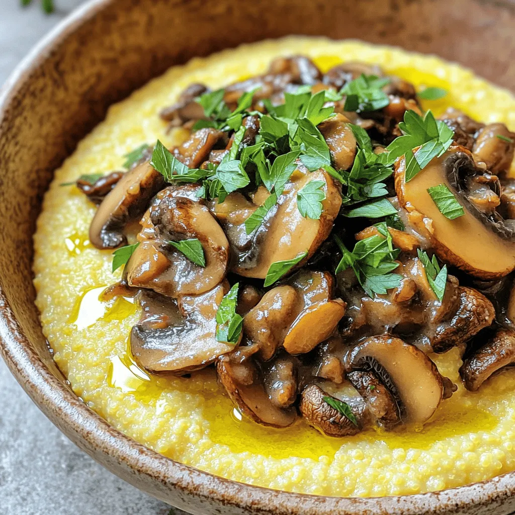 - 1 cup polenta - 4 cups vegetable broth - 1 cup heavy cream - 2 tablespoons unsalted butter - 1 tablespoon extra virgin olive oil - 1 medium onion, finely chopped - 2 cloves garlic, minced - 3 cups mixed mushrooms (cremini, shiitake, and button), sliced - 1 teaspoon dried thyme - 1 tablespoon fresh parsley, chopped - Salt and freshly ground black pepper to taste - Grated Parmesan cheese for serving When I gather ingredients for creamy polenta with mushroom ragu, I focus on quality. Each ingredient plays a key role. The polenta forms the base, giving it a rich and comforting texture. I always choose medium-ground polenta for a smooth finish. For the broth, I recommend a good vegetable broth. It brings depth to the dish. I love using a blend of mushrooms. Cremini, shiitake, and button mushrooms add varied flavors. They also provide nice texture to the ragu. Fresh herbs like thyme and parsley brighten the dish. - Alternatives for Polenta: If you can’t find polenta, try cornmeal. It works well but may yield a slightly different texture. - Dairy-free options for Cream: For a dairy-free choice, use coconut cream or a nut-based cream. Both will maintain creaminess without dairy. - How to select the best mushrooms: Look for mushrooms that are firm and dry. Avoid any that are slimy or darkened. Fresh mushrooms will have a pleasant, earthy smell. - Tips for storing polenta and broth: Keep polenta in an airtight container in a cool, dry place. Store broth in the fridge and use it within a week. For longer storage, freeze it in portions. For the full recipe, you can follow the detailed steps to create this warm, comforting meal. To cook polenta perfectly, start with a large saucepan. Pour in the vegetable broth and bring it to a boil over medium-high heat. Once it bubbles, slowly whisk in the polenta. Stir constantly to avoid lumps. Lower the heat and let it simmer for 20-25 minutes. Stir often to keep it smooth and prevent sticking. The goal is a thick, creamy texture. If the polenta gets too thick, add a bit of broth or water. This will help adjust the texture. Remember to season with salt and pepper for flavor. Cover the pot and keep the polenta warm on low heat. While the polenta cooks, heat olive oil in a large skillet over medium heat. Add the chopped onion and sauté for about 3-4 minutes. You want the onion to be soft and clear. Then, add minced garlic and sliced mushrooms. Cook for 5-7 minutes, stirring often. This helps the mushrooms turn golden brown. To enhance the flavor, sprinkle in dried thyme. Season with salt and pepper for taste. Let it cook for another 2 minutes. This extra time allows the flavors to blend. Once done, take the skillet off the heat and stir in fresh parsley. For plating, scoop a generous amount of creamy polenta onto each plate. Top it with the warm mushroom ragu. To finish, add a sprinkle of grated Parmesan cheese on top. For a great look, serve the polenta in wide, shallow bowls. A sprinkle of extra parsley adds color. A drizzle of olive oil over everything makes it even more inviting. Enjoy this tasty comfort food! To make creamy polenta, timing and temperature matter. Start with boiling the broth. Then, slowly whisk in the polenta. This slow addition helps avoid lumps. Stir constantly as it cooks. Keep the heat low once it thickens. This method gives you a smooth texture. To avoid lumps in polenta, always whisk while adding. If lumps form, use a whisk to break them up. If you find lumps after cooking, you can blend the polenta. A hand blender works well here. Using fresh herbs adds vibrant taste. Fresh thyme and parsley work best in mushroom ragu. Dried herbs can be used, but fresh brings more flavor. Sautéing time is crucial for mushrooms. Cook them until they are golden brown. This step brings out their rich umami flavor. Don’t rush this process. Proper sautéing will elevate your dish and make it more delicious. Creamy polenta pairs well with many sides. A simple green salad adds a nice crunch. Roasted vegetables also complement the dish. For wine pairings, a light red like Pinot Noir is perfect. Its fruity notes enhance the mushrooms. A crisp white, like Pinot Grigio, also works well. It balances the creaminess of the polenta. To make this dish, check the Full Recipe for all steps and tips. {{image_4}} You can make creamy polenta with mushroom ragu even tastier. Adding cheese is a great option. Try stirring in Parmesan or fontina for a rich flavor. You can also add spices like smoked paprika or chili flakes for a kick. For vegan and vegetarian diets, swap the heavy cream for coconut milk. This adds creaminess without dairy. Use plant-based butter or oil instead of unsalted butter. Many mushrooms are already vegan, so feel free to mix your favorites. Use seasonal vegetables to change up your ragu. In spring, try fresh asparagus or peas. In fall, add roasted butternut squash for a sweet touch. Each season brings new flavors to explore. Cooking techniques also matter. In summer, grill your mushrooms for a smoky taste. In winter, slow-cook them to deepen their flavors. Each method gives a unique twist to the dish. Mushroom ragu has roots in Italian cuisine. Italian chefs often use a mix of mushrooms and fresh herbs. This keeps the flavor bright and fresh. Other cultures have their takes on polenta. In South America, you may find it served with spicy sauces. In Eastern Europe, they often pair polenta with rich stews. These variations show how versatile polenta can be. For detailed directions, check the Full Recipe. To keep your creamy polenta and mushroom ragu fresh, follow these tips: - Allow the dish to cool to room temperature. - Place the polenta and ragu in separate airtight containers. - Label each container with the date before storing. - Store in the fridge for up to 4 days. Use glass or BPA-free plastic containers for best results. They prevent spills and odors from mixing. When reheating polenta, follow these steps to retain its creamy texture: - Add a splash of vegetable broth or water to the polenta. - Warm it on low heat in a saucepan while stirring. - Cook until heated through and creamy again. For the ragu, use a skillet: - Heat on medium and stir occasionally. - Add a bit of broth if it thickens too much. This ensures both the polenta and ragu taste fresh. You can freeze both the creamy polenta and mushroom ragu: - For the polenta, spread it in a flat layer on a baking sheet. - Once frozen, cut it into portions and wrap well in plastic wrap. - For the ragu, let it cool before transferring to a freezer-safe container. To thaw: - Move the polenta and ragu to the fridge overnight. - Reheat as mentioned above for the best flavor and texture. Storing and reheating properly helps you enjoy this tasty comfort food later! Creamy polenta lasts about 3 to 5 days in the fridge. Store it in an airtight container. Look for signs of spoilage. If it smells sour or has mold, toss it. Yes, you can make mushroom ragu ahead of time. Store it in the fridge for up to 3 days. Use a sealed container to keep it fresh. To reheat, warm it gently in a skillet. You can serve creamy polenta with many sides. Roasted vegetables or a green salad pair well. Try a light vinaigrette for freshness. Garlic bread also makes a great side option. Yes, polenta is gluten-free. It comes from cornmeal, which has no gluten. This makes it a safe choice for those with gluten sensitivities. Always check for cross-contamination if you buy pre-packaged polenta. For the full recipe of creamy polenta with savory mushroom ragu, check out the detailed guide. The steps ensure you create a delicious and comforting dish. Enjoy the rich flavors and creamy texture! In this blog post, we explored how to make creamy polenta with a rich mushroom ragu. You learned the complete list of ingredients, tips for selecting fresh produce, and step-by-step cooking methods. Remember, the key to perfect polenta is timing and texture. Don't hesitate to try variations, from adding cheese to using seasonal veggies. With the right techniques, you can create a dish that's satisfying and flavorful. Enjoy your cooking adventure and impress your friends with this delightful meal!